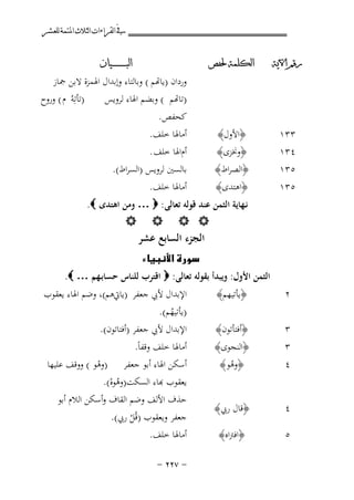 ‫ﰲ ﺍﻟﻘﺮﺍﺀﺍﺕ ﺍﻟﺜﻼﺙ ﺍﳌﺘﻤﺔ ﻟﻠﻌﺸﺮ‬
‫ﺍﻟﺒ ـ ـ ـ ـ ـ ـ ــﻴﺎﻥ‬

‫ﺭﻗﻢ ﺍﻵﻳﺔ‬

‫ﺍﻟﻜﻠﻤﺔ ﳊﻔﺺ‬

‫٣٣١‬
‫٤٣١‬
‫٥٣١‬

‫﴿اﻷول﴾‬
‫﴿وﳔﺰى﴾‬
‫﴿اﻟﺼﺮاط﴾‬

‫ﻛﺤﻔﺺ.‬
‫أﻣﺎﳍﺎ ﺧﻠﻒ.‬
‫أماﳍﺎ ﺧﻠﻒ .‬
‫ﺑﺎﻟﺴﲔ ﻟﺮوﻳﺲ )اﻟﺴﺮاط(.‬

‫٥٣١‬

‫﴿اﻫﺘﺪى﴾‬

‫أﻣﺎﳍﺎ ﺧﻠﻒ.‬

‫وردان )ﺎﻬﺗﻢ ( وﺑﺎﻟﺘﺎء وإﺑﺪال اﳍﻤﺰة ﻻﺑﻦ ﲨﺎز‬
‫)ﺎﻬﺗﻢ ( وﺑﻀﻢ اﳍﺎء ﻟﺮوﻳﺲ‬
‫)ﺗﺄﺗِﻪُ م ( وروح‬

‫ﻧـﻬﺎﻳﺔ اﻟﺜﻤﻦ ﻋﻨﺪ ﻗﻮﻟﻪ ﺗﻌﺎﻟﻰ: ‪ … ‬وﻣﻦ اﻫﺘﺪى ‪.‬‬
‫‪   ‬‬

‫اﻟﺠﺰء اﻟﺴﺎﺑﻊ ﻋﺸﺮ‬
‫‪‬‬

‫اﻟﺜﻤﻦ اﻷول: وﻳﺒﺪأ ﺑﻘﻮﻟﻪ ﺗﻌﺎﻟﻰ: ‪ ‬اﻗﺘﺮب ﻟﻠﻨﺎس ﺣﺴﺎﺑـﻬﻢ … ‪.‬‬

‫٢‬

‫﴿ﻳﺄﺗﻴﻬﻢ﴾‬

‫٣‬

‫﴿أﻓﺘﺄﺗﻮن﴾‬

‫٣‬
‫٤‬

‫﴿اﻟﻨﺠﻮى﴾‬
‫﴿وﻫﻮ﴾‬
‫ُ‬

‫٤‬

‫﴿ﻗﺎل رﰊ﴾‬

‫٥‬

‫﴿اﻓﱰاﻩ﴾‬

‫اﻹﺑﺪال ﻷﰊ ﺟﻌﻔﺮ )ﻳﺎﰐﻫﻢ(، وﺿﻢ اﳍﺎء ﻳﻌﻘﻮب‬
‫)ﻳﺄﺗﻴﻬﻢ(.‬
‫ُ‬
‫اﻹﺑﺪال ﻷﰊ ﺟﻌﻔﺮ )أﻓﺘﺎﺗﻮن(.‬

‫أﻣﺎﳍﺎ ﺧﻠﻒ وﻗﻔﺎً.‬
‫أﺳﻜﻦ اﳍﺎء أﺑﻮ ﺟﻌﻔﺮ )وﻫﻮ ( ووﻗﻒ ﻋﻠﻴﻬﺎ‬
‫ْ‬
‫ﻌﻘﻮب ﻬﺑﺎء اﻟﺴﻜﺖ)وﻫﻮﻩ(.‬
‫ُْ‬
‫ﺣﺬف اﻷﻟﻒ وﺿﻢ اﻟﻘﺎف وأﺳﻜﻦ اﻟﻼم أﺑﻮ‬
‫ﺟﻌﻔﺮ وﻳﻌﻘﻮب )ﻗُﻞ رﰊ(.‬
‫ْ‬
‫أﻣﺎﳍﺎ ﺧﻠﻒ.‬
‫≠ ∑≤≤ ≠‬

 