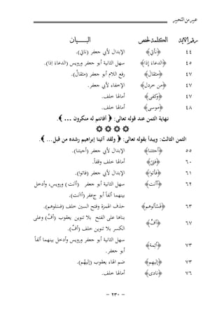 ‫ﻋﺒﲑ ﻣﻦ ﺍﻟﺘﺤﺒﲑ‬
‫ﺭﻗﻢ ﺍﻵﻳﺔ‬

‫ﺍﻟﻜﻠﻤﺔ ﳊﻔﺺ‬

‫ﺍﻟﺒ ـ ـ ـ ـ ـ ـ ــﻴﺎﻥ‬

‫٧٤‬
‫٧٤‬
‫٧٤‬
‫٨٤‬

‫﴿ﻣﺜﻘﺎل﴾‬
‫َ‬
‫﴿ﻣﻦ ﺧﺮدل﴾‬
‫﴿ ﻛﻔﻰ﴾‬
‫و‬
‫﴿ﻣﻮﺳﻰ﴾‬

‫رﻓﻊ اﻟﻼم أﺑﻮ ﺟﻌﻔﺮ )ﻣﺜﻘﺎل(.‬
‫ُ‬
‫اﻹﺧﻔﺎء ﻷﰊ ﺟﻌﻔﺮ.‬
‫أﻣﺎﳍﺎ ﺧﻠﻒ.‬
‫أﻣﺎﳍﺎ ﺧﻠﻒ.‬

‫٤٤‬
‫٥٤‬

‫﴿ﻧﺄﰐ﴾‬
‫﴿اﻟﺪﻋﺎءَ إِذا﴾‬

‫اﻹﺑﺪال ﻷﰊ ﺟﻌﻔﺮ )ﻧﺎﰐ(.‬
‫ﺳﻬﻞ اﻟﺜﺎﻧﻴﺔ أﺑﻮ ﺟﻌﻔﺮ وروﻳﺲ )اﻟﺪﻋﺎءَ اِذا(.‬

‫ﻧـﻬﺎﻳﺔ اﻟﺜﻤﻦ ﻋﻨﺪ ﻗﻮﻟﻪ ﺗﻌﺎﻟﻰ: ‪ ‬أﻓﺎﻧﺘﻢ ﻟﻪ ﻣﻨﻜﺮون … ‪.‬‬
‫‪‬‬
‫اﻟﺜﻤﻦ اﻟﺜﺎﻟﺚ: وﻳﺒﺪأ ﺑﻘﻮﻟﻪ ﺗﻌﺎﻟﻰ: ‪ ‬وﻟﻘﺪ آﺗﻴﻨﺎ إﺑﺮاﻫﻴﻢ رﺷﺪﻩ ﻣﻦ ﻗﺒﻞ ... ‪.‬‬
‫٥٥‬
‫٠٦‬
‫١٦‬
‫٢٦‬

‫﴿أﺟﺌﺘﻨﺎ﴾‬
‫﴿ﻓﱴ﴾‬
‫ً‬
‫﴿ﻓﺄﺗﻮا﴾‬
‫﴿أأﻧﺖ﴾‬

‫٣٦‬

‫﴿ﻓَﺴﺄﻟﻮﻫﻢ﴾‬
‫ْ‬

‫٧٦‬

‫ﱟ‬
‫﴿أف﴾‬

‫٣٧‬

‫﴿أﺋِﻤﺔ﴾‬

‫٣٧‬

‫ِ‬
‫﴿إﻟﻴﻬﻢ﴾‬

‫٦٧‬

‫﴿ﻧﺎدى﴾‬

‫اﻹﺑﺪال ﻷﰊ ﺟﻌﻔﺮ )أﺟﻴﺘﻨﺎ(.‬
‫أﻣﺎﳍﺎ ﺧﻠﻒ وﻗﻔﺎً.‬
‫اﻹﺑﺪال ﻷﰊ ﺟﻌﻔﺮ )ﻓﺎﺗﻮا(.‬
‫ﺳﻬﻞ اﻟﺜﺎﻧﻴﺔ أﺑﻮ ﺟﻌﻔﺮ )أاَﻧﺖ ( وروﻳﺲ، وأدﺧﻞ‬

‫ﺑﻴﻨﻬﻤﺎ أﻟﻔﺎً أﺑﻮ جﻋﻔﺮ )أااَﻧﺖ(.‬
‫ﺣﺬف اﳍﻤﺰة وﻓﺘﺢ اﻟﺴﲔ ﺧﻠﻒ )ﻓﺴﻠﻮﻫﻢ(.‬
‫َ‬
‫ﱠ‬
‫ﺑﻨﺎﻫﺎ ﻋﻠﻰ اﻟﻔﺘﺢ ﺑﻼ ﺗﻨﻮﻳﻦ ﻳﻌﻘﻮب )أف( وﻋﻠﻰ‬
‫ﱢ‬
‫اﻟﻜﺴﺮ ﺑﻼ ﺗﻨﻮﻳﻦ ﺧﻠﻒ )أف(.‬

‫ﺳﻬﻞ اﻟﺜﺎﻧﻴﺔ أﺑﻮ ﺟﻌﻔﺮ وروﻳﺲ وأدﺧﻞ ﺑﻴﻨﻬﻤﺎ أﻟﻔﺎً‬
‫أﺑﻮ ﺟﻌﻔﺮ.‬
‫ﺿﻢ اﳍﺎء ﻳﻌﻘﻮب )إﻟﻴﻬﻢ(.‬
‫ُ‬

‫أﻣﺎﳍﺎ ﺧﻠﻒ.‬
‫≠ ∞≥≤ ≠‬

 