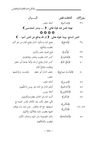 ‫ﰲ ﺍﻟﻘﺮﺍﺀﺍﺕ ﺍﻟﺜﻼﺙ ﺍﳌﺘﻤﺔ ﻟﻠﻌﺸﺮ‬
‫ﺭﻗﻢ ﺍﻵﻳﺔ‬

‫٧٣‬

‫ﺍﻟﻜﻠﻤﺔ ﳊﻔﺺ‬

‫﴿ﻫﺪاﻛﻢ﴾‬

‫أﻣﺎﳍﺎ ﺧﻠﻒ.‬

‫ﺍﻟﺒ ـ ـ ـ ـ ـ ـ ــﻴﺎﻥ‬

‫ﻧـﻬﺎﻳﺔ اﻟﺜﻤﻦ ﻋﻨﺪ ﻗﻮﻟﻪ ﺗﻌﺎﻟﻰ: ‪ … ‬وﺑﺸﺮ اﻟﻤﺤﺴﻨﻴﻦ ‪.‬‬
‫‪‬‬
‫اﻟﺜﻤﻦ اﻟﺴﺎﺑﻊ: وﻳﺒﺪأ ﺑﻘﻮﻟﻪ ﺗﻌﺎﻟﻰ: ‪ ‬إن اﷲ ﻳﺪاﻓﻊ ﻋﻦ اﻟﺬﻳﻦ آﻣﻨﻮا... ‪.‬‬
‫ﺑﻔﺘﺢ اﻟﻴﺎء وﺳﻜﻮن اﻟﺪال وﻓﺘﺢ اﻟﻔﺎء ﻣﻦ ﻏﲑ أﻟﻒ‬
‫﴿ﻳُﺪاﻓِﻊ﴾‬
‫٨٣‬
‫ﻳﻌﻘﻮب )ﻳَﺪﻓَﻊ(.‬
‫ْ‬
‫ِ‬
‫ﻓﺘﺢ اﳍﻤﺰة ﺧﻠﻒ )أَذن(.‬
‫﴿أُذن﴾‬
‫٩٣‬
‫ﻛﺴﺮ اﻟﺘﺎء ﻳﻌﻘﻮب وﺧﻠﻒ )ﻳﻘﺎﺗِﻠﻮن(.‬
‫﴿ﻳُﻘﺎﺗَﻠﻮن﴾‬
‫٩٣‬
‫ﻛﺴﺮ اﻟﺪال وﻓﺘﺢ ال ﻓﺎء وأﻟﻔﺎً ﺑﻌﺪﻫﺎ أﺑﻮ ﺟﻌﻔﺮ‬
‫﴿دﻓْﻊ اﷲ﴾‬
‫٠٤‬
‫َ ُ‬
‫ِ‬
‫وﻳﻌﻘﻮب )دﻓﺎعُ اﷲ(.‬
‫ِ‬
‫)ﳍﺪﻣﺖ ( وأدﻏﻤﻬﺎ‬
‫﴿ﳍ ﱢﻣﺖ ﺻﻮاﻣﻊ﴾ ﺧﻔﻒ اﻟﺪال أﺑﻮ ﺟﻌﻔﺮ‬
‫٠٤‬
‫ﺪ ْ‬
‫ﺧﻠﻒ.‬
‫أﻣﺎﳍﺎ ﺧﻠﻒ.‬
‫﴿ﻣﻮﺳﻰ﴾‬
‫٤٤‬
‫٤٤‬
‫٤٤‬
‫٤٤‬

‫﴿ﺧﺬﻬﺗﻢ﴾‬
‫﴿ﻟﻠﻜﺎﻓﺮﻳﻦ﴾‬
‫﴿ﻧﻜﲑ﴾‬

‫٥٤، ٨٤‬

‫﴿ﻓﻜﺄﻳﻦ﴾‬
‫﴿ ﻛﺄﻳﻦ﴾‬
‫و‬

‫٥٤‬

‫﴿أﻫﻠﻜﻨﺎﻫﺎ﴾‬

‫أدﻏﻢ اﻟﺬال ﰲ اﻟﺘﺎء ﻏﲑ روﻳﺲ )أﺧﺘﱡﻬﻢ(.‬
‫أﻣﺎﳍﺎ روﻳﺲ.‬
‫أﺛﺒﺖ اﻟﻴﺎء ﰲ اﳊﺎﻟﲔ ﻳﻌﻘﻮب)ﻧﻜﲑي(.‬
‫ﻷﰊ ﺟﻌﻔﺮ ﺑﺄﻟﻒ ﺑﻌﺪ اﻟﻜﺎف ﻛﺴﺮ اﳍﻤﺰة ﻣﻊ‬
‫و‬
‫ﺗﺴﻬﻴﻠﻬﺎ ﻣﻊ اﳌﺪ واﻟﻘﺼﺮ وﻣﻦ دون ﻳﺎء، ووﻗﻒ‬
‫ﻋﻠﻴﻬﺎ ﻳﻌﻘﻮب ﺑﺎﻟﻴﺎء )ﻓﻜﺄي، ﻛﺄي(.‬
‫ْ و ْ‬
‫ﺑﺎﻟﺘﺎء اﳌﻀﻤﻮﻣﺔ ﺑﺪل اﻟﻨﻮن وﺣﺬف اﻷﻟﻒ‬
‫ﻟﻴﻌﻘﻮب )أﻫﻠﻜﺘُﻬﺎ(.‬
‫≠ ‪≠ ≤≥µ‬‬

 