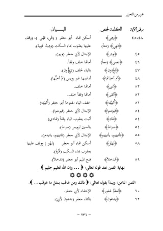 ‫ﻋﺒﲑ ﻣﻦ ﺍﻟﺘﺤﺒﲑ‬
‫ﺭﻗﻢ ﺍﻵﻳﺔ‬

‫ﺍﻟﻜﻠﻤﺔ ﳊﻔﺺ‬

‫٥٤‬
‫٦٤‬
‫٧٤‬
‫٨٤‬

‫﴿وﺑﺌﺮ﴾‬
‫﴿ﺗﻌﻤﻰ﴾ )ﻣﻌﺎً(‬
‫﴿ﺗَﻊدون ﴾‬
‫ﱡ‬
‫﴿ أﺧﺬﻬﺗﺎ﴾‬

‫٢٥‬
‫٢٥‬
‫٢٥‬
‫٤٥‬
‫٤٥‬
‫٤٥‬
‫٥٥‬

‫﴿ﲤﲎ﴾‬
‫﴿أﻟﻘﻰ﴾‬
‫﴿أُﻣﻨِﻴﱠﺘﻪ﴾‬
‫ْ‬

‫﴿ﻓﻴﺆﻣﻨﻮا﴾‬
‫ِ‬
‫﴿ﳍﺎد﴾‬
‫﴿ﺻﺮاط﴾‬
‫﴿ﺗﺄﺗﻴﻬﻢ، ﻳﺄﺗﻴﻬﻢ﴾‬

‫٨٥‬

‫﴿ﻟـﻬـُﻮ﴾‬

‫٨٤،٥٤‬

‫ِ‬
‫﴿وﻫﻲ﴾‬
‫ِ‬
‫﴿ﻓﻬﻲ﴾ )ﻣﻌﺎً(‬

‫ﺍﻟﺒ ـ ـ ـ ـ ـ ـ ــﻴﺎﻥ‬

‫أﺳﻜﻦ اﳍﺎء أﺑﻮ ﺟﻌﻔﺮ ) وﻫﻲ، ﻓﻬﻲ (، ووﻗﻒ‬
‫ْ ْ‬
‫ِ‬
‫ﻠﻴﻬﺎ ﻳﻌﻘﻮب ﻬﺑﺎء اﻟﺴﻜﺖ )وﻫﻴﻪ، ﻓﻬﻴﻪ(.‬
‫ْ ِْ‬
‫اﻹﺑﺪال ﻷﰊ ﺟﻌﻔﺮ )وﺑﲑ(.‬
‫أﻣﺎﳍﺎ ﺧﻠﻒ وﻗﻔﺎً.‬
‫ﺑﺎﻟﻴﺎء ﳋﻠﻒ )يد ون(.‬
‫عُﱡ‬
‫َ‬
‫أدﻏﻤﻬﺎ ﻏﲑ روﻳﺲ )ﰒﱠ أﺧﺘﱡﻬﺎ(.‬

‫أﻣﺎﳍﺎ ﺧﻠﻒ.‬
‫أﻣﺎﳍﺎ وﻗﻔﺎً ﺧﻠﻒ.‬
‫ﺧﻔﻒ اﻟﻴﺎء ﻣﻔﺘﻮﺣﺔ أﺑﻮ ﺟﻌﻔﺮ )أُﻣﻨِﻴَﺘِﻪ(‬
‫ْ‬
‫اﻹﺑﺪال ﻷﰊ ﺟﻌﻔﺮ )ﻓﻴﻮﻣﻨﻮا(.‬
‫أﺛﺒﺖ ﻳﻌﻘﻮب اﻟﻴﺎء وﻗﻔﺎً )ﳍﺎدي(.‬
‫ﺑﺎﻟﺴﲔ ﻟﺮوﻳﺲ )ﺳﺮاط(.‬
‫اﻹﺑﺪال ﻷﰊ ﺟﻌﻔﺮ )ﺗﺎﺗﻴﻬﻢ، ﻳﺎﺗﻴﻪ م (.‬

‫أﺳﻜﻦ اﳍﺎء أﺑﻮ ﺟﻌﻔﺮ )ﻟـﻬﻮ ( ووﻗﻒ ﻋﻠﻴﻬﺎ‬
‫ْ‬
‫ﻌﻘﻮب ﻬﺑﺎء اﻟﺴﻜﺖ )ﳍُﻮﻩ(.‬
‫َْ‬
‫ﻓﺘﺢ اﳌﻴﻢ أﺑﻮ ﺟﻌﻔﺮ )ﻣﺪﺧﻼً(.‬
‫َ‬

‫﴿ﻣﺪﺧﻼً﴾‬
‫٩٥‬
‫ُ‬
‫ﻧـﻬﺎﻳﺔ اﻟﺜﻤﻦ ﻋﻨﺪ ﻗﻮﻟﻪ ﺗﻌﺎﻟﻰ: ‪ … ‬وإن اﷲ ﻟﻌﻠﻴﻢ ﺣﻠﻴﻢ ‪.‬‬
‫‪‬‬
‫اﻟﺜﻤﻦ اﻟﺜﺎﻣﻦ: وﻳﺒﺪأ ﺑﻘﻮﻟﻪ ﺗﻌﺎﻟﻰ: ‪ ‬ذﻟﻚ وﻣﻦ ﻋﺎﻗﺐ ﺑﻤﺜﻞ ﻣﺎ ﻋﻮﻗﺐ ... ‪.‬‬
‫٠٦‬
‫٢٦‬

‫﴿ﻟﻌﻔﻮ ﻏﻔﻮر﴾‬
‫ﱞ‬
‫﴿ﻳﺪﻋﻮن﴾‬

‫اﻹﺧﻔﺎء ﻷﰊ ﺟﻌﻔﺮ.‬

‫ﺑﺎﻟﺘﺎء ﺟﻌﻔﺮ )ﺗﺪﻋﻮن ﻷﰊ(.‬
‫≠ ∂≥≤ ≠‬

 