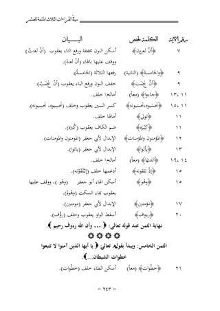 ‫ﰲ ﺍﻟﻘﺮﺍﺀﺍﺕ ﺍﻟﺜﻼﺙ ﺍﳌﺘﻤﺔ ﻟﻠﻌﺸﺮ‬
‫ﺭﻗﻢ ﺍﻵﻳﺔ‬

‫٧‬

‫ﺍﻟﺒ ـ ـ ـ ـ ـ ـ ــﻴﺎﻥ‬

‫ﺍﻟﻜﻠﻤﺔ ﳊﻔﺺ‬

‫﴿أن ت﴾‬
‫ﱠ ﻟﻌﻦ َ‬

‫﴿واﳋﺎﻣﺴﺔَ﴾ )اﻟﺜﺎﻧﻴﺔ(‬
‫٩‬
‫﴿أن غﺿﺐ﴾‬
‫٩‬
‫ﱠ ََ َ‬
‫﴿ﺟﺎءوا﴾ )ﻣﻌﺎً(‬
‫١١ ،٣١‬
‫١١ ،٥١ ﴿ﲢﺴﺒﻮﻩ،ﲢﺴﺒﻮﻧﻪ﴾‬
‫َ‬
‫َ‬
‫١١‬
‫١١‬
‫٢١‬

‫﴿ﺗﻮﱃ﴾‬
‫﴿ﻛِْﺒـﺮﻩ﴾‬
‫َ‬
‫﴿اﳌﺆﻣﻨﻮن واﳌﺆﻣﻨﺎت﴾‬

‫٣١‬
‫٤١ ،٩١‬
‫٥١‬
‫٥١‬

‫﴿ﻳﺄﺗﻮا﴾‬
‫﴿ ﻳﺎ﴾ )ﻣﻌﺎً(‬
‫اﻟﺪن‬
‫﴿إذ ﺗﻠﻘﻮﻧﻪ﴾‬
‫ْ‬
‫﴿وﻫﻮ﴾‬
‫ُ‬

‫٧١‬
‫٠٢‬

‫﴿ﻣﺆﻣﻨﲔ﴾‬
‫﴿رءوف﴾‬

‫أﺳﻜﻦ اﻟﻨﻮن ﳐﻔﻔﺔ ورﻓﻊ اﻟﺘﺎء ﻳﻌﻘﻮب )أن ﻟﻌﻨﺖ (‬
‫ْ ُ‬
‫ووﻗﻒ ﻋﻠﻴﻬﺎ ﺑﺎﳍﺎء )أن ﻟﻌﻨﻪ(.‬
‫ْ ْ‬

‫رﻓﻌﻬﺎ اﻟﺜﻼﺛﺔ )اﳋﺎﻣﺴﺔُ(.‬
‫ﺧﻔﻒ اﻟﻨﻮن ورﻓﻊ اﻟﺒﺎء ﻳﻌﻘﻮب )أن غﺿﺐ(.‬
‫ْ ََ ُ‬
‫أﻣﺎﻟﻪم ا ﺧﻠﻒ .‬
‫ِ‬
‫ِ‬
‫ﻛﺴﺮ اﻟﺴﲔ ﻳﻌﻘﻮب وﺧﻠﻒ )ﲢﺴﺒﻮﻩ، ﲢﺴﺒﻮﻧﻪ(.‬
‫أﻣﺎﳍﺎ ﺧﻠﻒ.‬
‫ﺿﻢ اﻟﻜﺎف ﻳﻌﻘﻮب )ﻛﱪﻩ(.‬
‫َُ‬
‫اﻹﺑﺪال ﻷﰊ ﺟﻌﻔﺮ )اﳌﻮﻣﻨﻮن واﳌﻮﻣﻨﺎت(.‬
‫اﻹﺑﺪال ﻷﰊ ﺟﻌﻔﺮ )ﻳﺎﺗﻮا(.‬
‫أﻣﺎﻟﻪم ا ﺧﻠﻒ .‬
‫أدﻏﻤﻬﺎ ﺧﻠﻒ )إِﺗ ـﱠﻠَﻘﻮﻧﻪ(.‬
‫َْ‬
‫أﺳﻜﻦ اﳍﺎء أﺑﻮ ﺟﻌﻔﺮ )وﻫﻮ (، ووﻗﻒ ﻋﻠﻴﻬﺎ‬
‫ْ‬
‫ﻌﻘﻮب ﻬﺑﺎء اﻟﺴﻜﺖ )وﻫﻮﻩ(.‬
‫ُْ‬
‫اﻹﺑﺪال ﻷﰊ ﺟﻌﻔﺮ )ﻣﻮﻣﻨﲔ(.‬
‫أﺳﻘﻂ اﻟﻮاو ﻳﻌﻘﻮب وﺧﻠﻒ )رؤف(.‬
‫ُ‬

‫ﻧـﻬﺎﻳﺔ اﻟﺜﻤﻦ ﻋﻨﺪ ﻗﻮﻟﻪ ﺗﻌﺎﻟﻰ: ‪ … ‬وأن اﷲ رءوف رﺣﻴﻢ ‪.‬‬
‫‪‬‬
‫اﻟﺜﻤﻦ اﻟﺨﺎﻣﺲ: وﻳﺒﺪأ ـه : ‪ ‬ﻳﺎ أﻳﻬﺎ اﻟﺬﻳﻦ آﻣﻨﻮا ﻻ ﺗﺘﺒﻌﻮا‬
‫ﺑﻘﻮل ﺗﻌﺎﻟﻰ‬
‫ﺧﻄﻮات اﻟﺸﻴﻄﺎن...‪.‬‬
‫١٢‬

‫﴿ﺧﻄُﻮات﴾ )ﻣﻌﺎً(‬

‫أﺳﻜﻦ اﻟﻄﺎء ﺧﻠﻒ )ﺧﻄْﻮات(.‬
‫≠ ≥¥≤ ≠‬

 