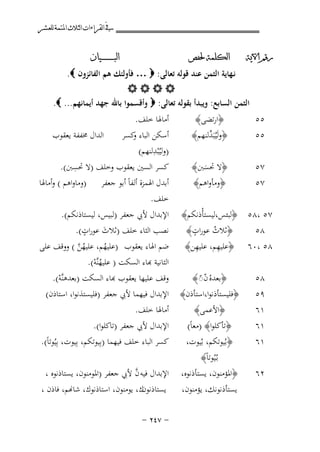 ‫ﰲ ﺍﻟﻘﺮﺍﺀﺍﺕ ﺍﻟﺜﻼﺙ ﺍﳌﺘﻤﺔ ﻟﻠﻌﺸﺮ‬
‫ﺭﻗﻢ ﺍﻵﻳﺔ‬

‫ﺍﻟﻜﻠﻤﺔ ﳊﻔﺺ‬

‫٥٥‬
‫٥٥‬

‫﴿ارﺗﻀﻰ﴾‬
‫﴿وﻟَﻴُﺒَ ﱢﻟﻨﻬﻢ﴾‬
‫ﺪ‬

‫٧٥‬
‫٧٥‬

‫﴿ﻻ ﲢﺴﱭ﴾‬
‫َ‬
‫﴿وﻣﺄواﻫﻢ﴾‬

‫ﺍﻟﺒ ـ ـ ـ ـ ـ ـ ــﻴﺎﻥ‬

‫ﻧـﻬﺎﻳﺔ اﻟﺜﻤﻦ ﻋﻨﺪ ﻗﻮﻟﻪ ﺗﻌﺎﻟﻰ: ‪ … ‬ﻓﺄوﻟﺌﻚ ﻫﻢ اﻟﻔﺎﺋﺰون ‪.‬‬
‫‪‬‬
‫اﻟﺜﻤﻦ اﻟﺴﺎﺑﻊ: وﻳﺒﺪأ ﺑﻘﻮﻟﻪ ﺗﻌﺎﻟﻰ: ‪ ‬وأﻗﺴﻤﻮا ﺑﺎﷲ ﺟﻬﺪ أﻳﻤﺎﻧﻬﻢ... ‪.‬‬

‫٧٥ ،٨٥ ﴿ﻟﺒﺌﺲ،ﻟﻴﺴﺘﺄْذﻧﻜﻢ﴾‬
‫ٍ‬
‫﴿ﺛﻼث ﻋﻮرات﴾‬
‫٨٥‬
‫ُ‬
‫ِ‬
‫ِ‬
‫٨٥ ،٠٦ ﴿ﻋﻠﻴﻬﻢ، ﻋﻠﻴﻬﻦ﴾‬

‫أﻣﺎﳍﺎ ﺧﻠﻒ.‬
‫أﺳﻜﻦ اﻟﺒﺎء ﻛﺴﺮ‬
‫و‬
‫ِ‬
‫)وﻟﻴُْﺒﺪﻟﻨﻬﻢ(‬

‫اﻟﺪال ﳐﻔﻔﺔ ﻳﻌﻘﻮب‬

‫ِ‬
‫ﻛﺴﺮ اﻟﺴﲔ ﻳﻌﻘﻮب وﺧﻠﻒ )ﻻ ﲢﺴﱭ(.‬
‫أﺑﺪل اﳍﻤﺰة أﻟﻔﺎً أﺑﻮ ﺟﻌﻔﺮ )وﻣﺎواﻫﻢ ( وأﻣﺎﳍﺎ‬
‫ﺧﻠﻒ.‬
‫اﻹﺑﺪال ﻷﰊ ﺟﻌﻔﺮ )ﻟﺒﻴﺲ، ﻟﻴﺴﺘﺎذﻧﻜﻢ(.‬
‫ٍ‬
‫ﻧﺼﺐ اﻟﺜﺎء ﺧﻠﻒ )ﺛﻼث ﻋﻮرات(.‬
‫َ‬
‫ﺿﻢ اﳍﺎء ﻳﻌﻘﻮب )ﻋﻠﻴﻬﻢ، ﻋﻠﻴﻬﻦ ( ووﻗﻒ ﻋﻠﻰ‬
‫ُﱠ‬
‫ُ‬
‫ﻟﺜﺎﻧﻴﺔ ﻬﺑﺎء اﻟﺴﻜﺖ ) ﻋﻠﻴﻬﻨﱠﻪ(.‬
‫ُْ‬

‫٨٥‬
‫٩٥‬
‫١٦‬

‫﴿ﺑﻌﺪﻩُ ن◌﴾‬
‫ّّ‬
‫﴿ﻓﻠﻴﺴﺘﺄذﻧﻮا،اﺳﺘﺄذن﴾‬
‫﴿اﻷﻋﻤﻰ﴾‬

‫وﻗﻒ ﻋﻠﻴﻬﺎ ﻳﻌﻘﻮب ﺑﺎء اﻟﺴﻜﺖ )ﺑﻌﺪﻫﻨﱠﻪ(.‬
‫ْ‬
‫اﻹﺑﺪال ﻓﻴﻬﻤﺎ ﻷﰊ ﺟﻌﻔﺮ )ﻓﻠﻴﺴﺘﺬﻧﻮا، اﺳﺘﺎذن(‬
‫أﻣﺎﳍﺎ ﺧﻠﻒ.‬

‫١٦‬
‫١٦‬

‫﴿ﺗﺄﻛﻠﻮا﴾ )ﻣﻌﺎً(‬
‫﴿ﺑُﻴﻮﺗﻜﻢ، ﺑُﻴﻮت،‬
‫ﺑـُﻴُﻮﺗﺎً﴾‬
‫﴿اﳌﺆﻣﻨﻮن، ﻳﺴﺘﺄذﻧﻮﻩ،‬

‫اﻹﺑﺪال ﻷﰊ ﺟﻌﻔﺮ )ﺗﺎﻛﻠﻮا(.‬
‫ﻛﺴﺮ اﻟﺒﺎء ﺧﻠﻒ ﻓﻴﻬﻤﺎ )ﺑِﻴﻮﺗﻜﻢ، ﺑِﻴﻮت، ﺑِﻴُﻮﺗﺎً(.‬
‫ﱠ‬
‫اﻹﺑﺪال ﻓﻴﻪ ن ﻷﰊ ﺟﻌﻔﺮ )اﳌﻮﻣﻨﻮن، ﻳﺴﺘﺎذﻧﻮﻩ ،‬

‫ﻳﺴﺘﺄذﻧﻮﻧﻚ، ﻳﺆﻣﻨﻮن،‬

‫ﻳﺴﺘﺎذﻧﻮنك، ﻳﻮﻣﻨﻮن، اﺳﺘﺎذﻧﻮك، ﺷﺎ�ﻢ، ﻓﺎذن ،‬

‫٢٦‬

‫≠ ∑¥≤ ≠‬

 