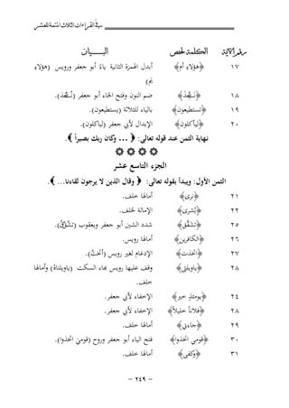 ‫ﰲ ﺍﻟﻘﺮﺍﺀﺍﺕ ﺍﻟﺜﻼﺙ ﺍﳌﺘﻤﺔ ﻟﻠﻌﺸﺮ‬
‫ﺭﻗﻢ ﺍﻵﻳﺔ‬

‫ﺍﻟﻜﻠﻤﺔ ﳊﻔﺺ‬

‫٨١‬
‫٩١‬
‫٠٢‬

‫ﱠِ‬
‫﴿ﻧَ ﺧﺬ ﴾‬
‫ﺖَ‬
‫﴿ﺗﺴﺘﻄﻴﻌﻮن﴾‬
‫﴿ﻟﻴﺄﻛﻠﻮن﴾‬

‫٧١‬

‫ِ‬
‫﴿ﻫﺆﻻء أم﴾‬

‫ﺍﻟﺒ ـ ـ ـ ـ ـ ـ ــﻴﺎﻥ‬

‫ِ‬
‫أﺑﺪل اﳍﻤﺰة اﻟﺜﺎﻧﻴﺔ ﻳﺎءً أﺑﻮ ﺟﻌﻔﺮ وروﻳﺲ )ﻫﺆﻻء‬
‫ﱘ(‬
‫َ‬
‫ﺿﻢ اﻟﻨﻮن وﻓﺘﺢ اﳋﺎء أﺑﻮ ﺟﻌﻔﺮ )ﻧُ ﺧﺬ (.‬
‫ﺖ‬
‫ﱠَ‬
‫ﺑﺎﻟﻴﺎء ﻟﻠﺜﻼﺛﺔ )ﻳﺴﺘﻄﻴﻌﻮن(.‬
‫اﻹﺑﺪال ﻷﰊ ﺟﻌﻔﺮ )ﻟﻴﺎﻛﻠﻮن(.‬

‫ﻧـﻬﺎﻳﺔ اﻟﺜﻤﻦ ﻋﻨﺪ ﻗﻮﻟﻪ ﺗﻌﺎﻟﻰ: ‪ … ‬ﻛﺎن رﺑﻚ ﺑﺼﻴﺮاً ‪.‬‬
‫و‬
‫‪‬‬

‫اﻟﺠﺰء اﻟﺘﺎﺳﻊ ﻋﺸﺮ‬
‫اﻟﺜﻤﻦ اﻷول: وﻳﺒﺪأ ﺑﻘﻮﻟﻪ ﺗﻌﺎﻟﻰ: ‪ ‬وﻗﺎل اﻟﺬﻳﻦ ﻻ ﻳﺮﺟﻮن ﻟﻘﺎءﻧﺎ... ‪.‬‬

‫١٢‬
‫٢٢‬
‫٥٢‬
‫٦٢‬
‫٧٢‬

‫﴿ﻧﺮى﴾‬
‫﴿ﺑُﺸﺮى﴾‬

‫﴿ﺗﺸ ﱠﻖ﴾‬
‫َﻘ‬
‫﴿اﻟﻜﺎﻓﺮﻳﻦ﴾‬
‫﴿اﲣﺬت﴾‬

‫٨٢‬

‫﴿ﻳﺎوﻳﻠﱴ﴾‬

‫٤٢‬
‫٨٢‬

‫ٍ‬
‫﴿ﻳﻮﻣﺌﺬ ﺧﲑ﴾‬
‫﴿ﻓﻼﻧﺎً ﺧﻠﻴﻼً﴾‬

‫٩٢‬
‫٠٣‬
‫١٣‬

‫﴿ﺟﺎءﱐ﴾‬
‫﴿ﻗﻮﻣﻲ اﲣﺬوا﴾‬
‫﴿ ﻛﻔﻰ﴾‬
‫و‬

‫أﻣﺎﳍﺎ ﺧﻠﻒ.‬
‫اﻹﻣﺎﻟﺔ ﳋﻠﻒ.‬

‫ﺷﺪد اﻟﺸﲔ أﺑﻮ ﺟﻌﻔﺮ وﻳﻌﻘﻮب )ﺗﺸﻖق(.‬
‫ﱠ ﱠُ‬
‫أﻣﺎﳍﺎ روﻳﺲ.‬
‫اﻹدﻏﺎم ﻟﻐﲑ روﻳﺲ )أﲣﺖ(.‬
‫ﱠ‬

‫ﻗﻒ ﻋﻠﻴﻬﺎ روﻳﺲ ﻬﺑﺎء اﻟﺴﻜﺖ )ﻳﺎوﻳﻠﺘﺎﻩ ( وأﻣﺎﳍﺎ‬
‫ْ‬
‫ﺧﻠﻒ.‬
‫اﻹﺧﻔﺎء ﻷﰊ ﺟﻌﻔﺮ.‬
‫اﻹﺧﻔﺎء ﻷﰊ ﺟﻌﻔﺮ.‬
‫أﻣﺎﳍﺎ ﺧﻠﻒ.‬
‫ﻓﺘﺢ اﻟﻴﺎء أﺑﻮ ﺟﻌﻔﺮ وروح )ﻗﻮﻣﻲ اﲣﺬوا(.‬
‫َ‬
‫أﻣﺎﳍﺎ ﺧﻠﻒ.‬
‫≠ ‪≠ ≤¥π‬‬

 