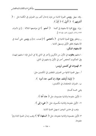 ‫ﰲ ﺍﻟﻘﺮﺍﺀﺍﺕ ﺍﻟﺜﻼﺙ ﺍﳌﺘﻤﺔ ﻟﻠﻌﺸﺮ‬

‫ـ وﻗﺪ ﺳﻬﻞ روﻳﺲ اﳍﻢ زة اﻟﺜﺎﻧﻴﺔ ﻣﻦ دون إدﺧﺎل أﻟﻒ ﺑﲔ اﳍﻤﺰﺗﲔ ﰲ اﻟﻜﻠﻤﺔ ﻣﺜﻞ : ‪‬‬
‫ﱠ‬
‫أَأَﻧﺬرﺗﻬﻢ ‪  ‬أَأُﻧﺰل ‪  ‬أَإِن ‪.‬‬
‫ـ وزاد روح ﳘﺰة اﻻﺳﺘﻔﻬﺎم ﰲ ﻛﻠﻤﺔ‬

‫٣٢١،٦٧، اﻟﺸﻌﺮاء ٩٤، ﻃﻪ١٧ [.‬

‫‪ ‬آﻣﻨﺘﻢ ‪ ‬ﰲ ﻣﻮاﺿﻌﻬﺎ اﻟﺜﻼﺛﺔ : ] ﰲ اﻷﻋﺮاف‬

‫_ وﺣﻘﻖ روح اﳍﻤﺰة اﻟﺜﺎﻧﻴﺔ ﰲ ‪ ‬ءأﻋﺠﻤﻲ ‪ ] ‬ﻓﺼﻠﺖ ٤٤[.و روﻳﺲ ﻋﻠﻰ أﺻﻠﻪ ﰲ‬
‫اﻻﺳﺘﻔﻬﺎم ﳛﻘﻖ اﻷوﱃ وﻳﺴﻬﻞ اﻟﺜﺎﻧﻴﺔ .‬
‫اﻻﺳﺘﻔﻬﺎم اﻟﻤﻜﺮر:‬
‫ـ اﺳﺘﻔﻬﻢ ﻳﻌﻘﻮب ﰲ اﻷول ﻣﻦ اﳌﻜﺮرﻳﻦ وأﺧﱪ ﰲ اﻟﺜﺎﱐ إﻻ ﰲ اﻟﻨﻤﻞ ﻓﺈﻧﻪ اﺳﺘﻔﻬﻢ ﻓﻴﻬﻤﺎ،‬
‫وﰲ اﻟﻌﻨﻜﺒﻮت ﻛﺤﻔﺺ أﺧﱪ ﰲ اﻷول واﺳﺘﻔﻬﻢ ﰲ اﻟﺜﺎﱐ.‬
‫٢ـ اﻟﻬﻤﺰﺗﺎن ﻓﻲ ﻛﻠﻤﺘﻴﻦ ﻟﺮوﻳﺲ:‬
‫أ ـ ﺳﻬﻞ اﳍﻤﺰة ﻳﺔ ﻣﻦ اﳍﻤﺰﺗﲔ اﳌﺘﻔﻘﺘﲔ ﰲ اﻟﻜﻠﻤﺘﲔ ﻣﺜﻞ:‬
‫اﻟﺜﺎن‬
‫ِ‬
‫‪ ‬أوﻟﻴﺎءُ أُوﻟﺌﻚ، ﻫﺆﻻء إِن ﻛﻨﺘﻢ، ﺟﺎء أَﻣﺮﻧﺎ ‪.‬‬
‫َ‬
‫ب ـ اﳍﻤﺰﺗﺎن اﳌﺨﺘﻠﻔﺘﺎن ﰲ اﻟﻜﻠﻤﺘﲔ :‬
‫وﻫﻲ ﲬﺴﺔ أﻗﺴﺎم:‬
‫١ـ اﻷوﱃ ﻣﻔﺘﻮﺣﺔ واﻟﺜﺎﻧﻴﺔ ﻣﻀﻤﻮﻣﺔ، ﻣﺜﻞ ‪ ‬ﺟﺎء أُﻣﺔ ‪.‬‬
‫َ‬
‫٢- اﻷوﱃ ﻣﻔﺘﻮﺣﺔ واﻟﺜﺎﻧﻴﺔ ﻣﻜﺴﻮرة، ﻣﺜﻞ: ‪ ‬ﺗﻔﻲء إِﻟﻰ ‪.‬‬
‫َ‬
‫وﳚﺐ ﰲ ﻫﺬﻳﻦ اﻟﻨﻮﻋﲔ ﺗﺴﻬﻴﻞ اﳍﻤﺰة اﻟﺜﺎﻧﻴﺔ.‬
‫٣ـ اﻷوﱃ ﻣﻀﻤﻮﻣﺔ واﻟﺜﺎﻧﻴﺔ ﻣﻔﺘﻮﺣﺔ، ﻣﺜﻞ:‪ ‬اﻟﺴﻔﻬﺎءُ أَﻻ ‪ ‬وﳚﺐ إﺑﺪال اﳍﻤﺰة اﻟﺜﺎﻧﺔ واواً‬
‫ﻣﻔﺘﻮﺣﺔ.‬
‫≠ ‪≠ ≤µ‬‬

 