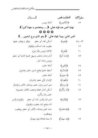 ‫ﰲ ﺍﻟﻘﺮﺍﺀﺍﺕ ﺍﻟﺜﻼﺙ ﺍﳌﺘﻤﺔ ﻟﻠﻌﺸﺮ‬
‫ﺭﻗﻢ ﺍﻵﻳﺔ‬

‫٢٥‬

‫ﺍﻟﻜﻠﻤﺔ ﳊﻔﺺ‬

‫﴿اﻟﻜﺎﻓﺮﻳﻦ﴾‬

‫أﻣﺎﳍﺎ روﻳﺲ.‬

‫ﺍﻟﺒ ـ ـ ـ ـ ـ ـ ــﻴﺎﻥ‬

‫ﻧـﻬﺎﻳﺔ اﻟﺜﻤﻦ ﻋﻨﺪ ﻗﻮﻟﻪ ﺗﻌﺎﻟﻰ: ‪ …‬وﺟﺎﻫﺪﻫﻢ ﺑﻪ ﺟﻬﺎداً ﻛﺒﻴﺮاً ‪.‬‬
‫‪‬‬
‫اﻟﺜﻤﻦ اﻟﺜﺎﻧﻲ: وﻳﺒﺪأ ﺑﻘﻮﻟﻪ ﺗﻌﺎﻟﻰ: ‪ ‬وﻫﻮ اﻟﺬي ﻣﺮج اﻟﺒﺤﺮﻳﻦ... ‪.‬‬

‫أﺳﻜﻦ اﳍﺎء أﺑﻮ ﺟﻌﻔﺮ )وﻫﻮ ( ووﻗﻒ ﻋﻠﻴﻬﺎ‬
‫ْ‬
‫ﻌﻘﻮب ﻬﺑﺎء اﻟﺴﻜﺖ )وﻫﻮﻩ(.‬
‫ُْ‬
‫ُِ‬
‫اﻹﴰﺎم ﻟﺮوﻳﺲ )ق◌ـﻴﻞ(.‬

‫٣٥ ،٤٥‬
‫٢٦‬

‫﴿وﻫﻮ﴾‬

‫٠٦‬
‫٧٥‬

‫﴿ﻗﻴﻞ﴾‬
‫﴿ﺷﺎءَ أَن﴾‬

‫٨٥‬
‫٩٥‬
‫٩٥‬
‫٠٦‬

‫﴿ ﻛﻔﻰ﴾‬
‫و‬
‫﴿ﻓﺴﺄل﴾‬
‫ْ‬
‫﴿اﺳﺘﻮى﴾‬
‫﴿تﺮﻧﺎ ﴾‬
‫أﻣ‬

‫أﻣﺎﳍﺎ ﺧﻠﻒ.‬
‫أﺳﻘﻂ اﳍﻤﺰة وﻓﺘﺢ اﻟﺴﲔ ﺧﻠﻒ )ﻓﺴﻞ(.‬
‫َ‬
‫أﻣﺎﳍﺎ ﺧﻠﻒ.‬
‫اﻹﺑﺪال ﻷﰊ ﺟﻌﻔﺮ )ﺗﺎﻣﺮﻧﺎ(.‬

‫١٦‬
‫٢٦‬

‫﴿ﺳﺮاﺟﺎً﴾‬
‫ﱠ‬
‫﴿أن ﻳﺬﻛﺮ﴾‬
‫ﱠَ‬

‫٧٦‬

‫﴿ﻳـَﻘﱰوا﴾‬
‫ُْ‬

‫٩٦‬

‫﴿ﻳُﻀﺎﻋﻒ﴾‬
‫َ ْ‬

‫٩٦‬

‫﴿ﻓﻴﻪ ﻣﻬﺎﻧﺎً﴾‬

‫ﺿﻢ اﻟﺴﲔ واﻟﺮاء ﺧﻠﻒ وﺣﺬف اﻷﻟﻒ )ﺳﺮﺟﺎً(‬
‫ُُ‬
‫أﺳﻜﻦ اﻟﺬال ﳐﻔﻔﺔ وﺧﻔﻒ اﻟﻜﺎف ﻣﻀﻤﻮﻣﺔ‬
‫ﺧﻠﻒ )أن ﻳﺬﻛﺮ(.‬
‫ُْ‬
‫ﺿﻢ اﻟﻴﺎء ﻛﺴﺮ اﻟﺘﺎء أﺑﻮ ﺟﻌﻔﺮ )ﻳُﻘﱰوا ( ﻛﺴﺮ‬
‫ِ و‬
‫و‬
‫ِ‬
‫اﻟﺘﺎء وﻓﺘﺢ اﻟﻴﺎء ﻳﻌﻘﻮب )ﻳَﻘﱰوا(.‬
‫ﺷﺪد اﻟﻌﲔ وﺣﺬف اﻷﻟﻒ أﺑﻮ ﺟﻌﻔﺮ وﻳﻌﻘﻮب‬
‫)ﻳﻀ ﱠﻒ(.‬
‫ﻌ‬
‫ِ‬
‫ﻻ ﺻﻠﺔ ﻟﻠﺜﻼﺛﺔ )ﻓﻴﻪ ﻣﻬﺎﻧﺎً(.‬

‫أﻣﺎل )ﺷﺎء (ﺧﻠﻒ وﺳﻬﻞ اﳍﻤﺰة اﻟﺜﺎﻧﻴﺔ أﺑﻮ ﺟﻌﻔﺮ‬
‫وروﻳﺲ )ﺷﺎء اَن( .‬

‫≠ ±‪≠ ≤µ‬‬

 