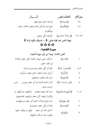 ‫ﻋﺒﲑ ﻣﻦ ﺍﻟﺘﺤﺒﲑ‬
‫ﺭﻗﻢ ﺍﻵﻳﺔ‬

‫ﺍﻟﻜﻠﻤﺔ ﳊﻔﺺ‬

‫٧٥-٦٧‬

‫﴿وﺳﻼﻣﺎً ﺧﺎﻟﺪﻳﻦ﴾‬

‫٤٧‬
‫٥٧‬

‫﴿وذرﻳﺎﺗﻨﺎ﴾‬
‫﴿وﻳـُﻠَ ﱠﻮن﴾‬
‫ﻘ‬

‫ﺍﻟﺒ ـ ـ ـ ـ ـ ـ ــﻴﺎﻥ‬

‫ِ‬
‫وﺣﺪﻫﺎ ﺧﻠﻒ )وذرﻳﺖ(.‬
‫ﻧﺎ‬
‫ﻓﺘﺢ اﻟﻴﺎء وأﺳﻜﻦ اﻟﻼم وﺧﻔﻒ اﻟﻘﺎف ﺧﻠﻒ‬
‫)وﻳـَْﻠﻘﻮن(.‬
‫َ‬
‫اﻹﺧﻔﺎء ﻷﰊ ﺟﻌﻒ.‬
‫ر‬

‫ﻧـﻬﺎﻳﺔ اﻟﺜﻤﻦ ﻋﻨﺪ ﻗﻮﻟﻪ ﺗﻌﺎﻟﻰ: ‪ …‬ﻓﺴﻮف ﻳﻜﻮن ﻟﺰاﻣﺎً ‪.‬‬
‫‪‬‬
‫‪‬‬
‫اﻟﺜﻤﻦ اﻟﺜﺎﻟﺚ: وﻳﺒﺪأ ﻣﻦ أول ﺳﻮرة اﻟﺸﻌﺮاء.‬

‫١‬

‫﴿ﻃﺴﻢ﴾‬

‫٣،٤‬
‫٤‬
‫٤‬

‫﴿ﻣﺆﻣﻨﲔ، ﻧﺸﺄ﴾‬
‫﴿ﻧـُﻨَـﺰل﴾‬
‫ﱢ‬
‫ِ‬
‫﴿ﻋﻠﻴﻬﻢ﴾‬
‫ِ‬
‫﴿ﻣﻦ اﻟﺴﻤﺎء آﻳﺔ﴾‬

‫٥، ٦‬

‫ِ‬
‫ِ‬
‫﴿ﻳﺄﺗﻴﻬﻢ،ﻓﺴﻴﺄﺗﻴﻬﻢ﴾‬

‫٦‬
‫٨‬

‫ِ‬
‫﴿ﻳﺴﺘﻬﺰؤن﴾‬
‫﴿ﻣﺆﻣﻨﲔ﴾‬

‫٩‬

‫﴿ﻟـﻬـُﻮ﴾‬

‫٤‬

‫اﻟﺴﻜﺖ ﻋﻠﻰ ﺣﺮوف اﳍﺠﺎء ﻷﰊ ﺟﻌﻔﺮ واﻹﻣﺎﻟﺔ‬
‫ﰲ اﻟﻄﺎء ﳋﻠﻒ.‬
‫اﻹﺑﺪال ﻷﰊ ﺟﻌﻔﺮ )ﻣﻮﻣﻨﲔ(، )ﻧﺸﺎ(.‬
‫ِ‬
‫أسﻛﻦ اﻟﻨﻮن وﺧﻔﻒ اﻟﺰاي ﻳﻌﻘﻮب )ﻧـُْﻨﺰل(.‬
‫ﺿﻢ اﳍﺎء ﻳﻌﻘﻮب )ﻋﻠﻴﻬﻢ(.‬
‫ُ‬

‫)ﻣﻦ‬

‫أﺑﺪل اﳍﻤﺰة اﻟﺜﺎﻧﻴﺔ ﻳﺎء أﺑﻮ ﺟﻌﻔﺮ وروﻳﺲ‬
‫اﻟﺴﻤﺎء ﻳﺎﻳﺔ(.‬
‫ﺿﻢ اﳍﺎء ﻓﻴﻬﻤﺎ ﻳﻌﻘﻮب )ﻳﺄﺗﻴﻬﻢ، ﻓﺴﻴﺄﺗﻴﻬﻢ ( ،‬
‫ُ‬
‫ُ‬
‫واﻹﺑﺪال ﻓﻴﻬﻤﺎ ﻷﰊ ﺟﻌﻔﺮ )ﻳﺎﺗﻴﻬﻢ، ﺳﻴﺎﺗﻴﻬﻢ (.‬
‫ف‬

‫ﺿﻢ اﻟﺰاي وﺣﺬف اﳍﻤﺰة أﺑﻮ ﺟﻌﻔﺮ )ﻳﺴﺘﻬﺰون(‬
‫ُ‬
‫اﻹﺑﺪال ﻷﰊ ﺟﻌﻔﺮ )ﻣﻮﻣﻨﲔ(.‬
‫أﺳﻜﻦ اﳍﺎء أﺑﻮ ﺟﻌﻔﺮ )ﻟـﻬﻮ (، ووﻗﻒ ﻋﻠﻴﻬﺎ‬
‫ْ‬
‫ﻌﻘﻮب ﻬﺑﺎء اﻟﺴﻜﺖ )ﻟـﻬﻮﻩ(.‬
‫ُْ‬
‫≠ ≤‪≠ ≤µ‬‬

 