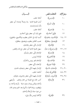 ‫ﰲ ﺍﻟﻘﺮﺍﺀﺍﺕ ﺍﻟﺜﻼﺙ ﺍﳌﺘﻤﺔ ﻟﻠﻌﺸﺮ‬
‫ﺭﻗﻢ ﺍﻵﻳﺔ‬

‫ﺍﻟﻜﻠﻤﺔ ﳊﻔﺺ‬

‫٠١‬
‫٠١‬

‫ِ‬
‫﴿أن اﺋْﺖ﴾‬

‫٠١‬
‫٢١‬
‫٢١ ،٤١‬

‫﴿ﻧﺎدى﴾‬
‫﴿إﱐ أﺧﺎف﴾‬
‫ْ‬
‫﴿ﻳﻜﺬﺑﻮن، ﻳﻘﺘﻠﻮن﴾‬

‫أﻣﺎﳍﺎ ﺧﻠﻒ.‬
‫أﺑﺪل اﳍﻤﺰة اﻟﺜﺎﻧﻴﺔ ﻳﺎءً وﺻﻼً واﺑﺘﺪاءً أﺑﻮ ﺟﻌﻔﺮ‬
‫ِ‬
‫)أن ﻳْﺖ( )اِﻳﺖ(.‬
‫أﻣﺎﳍﺎ ﺧﻠﻒ.‬
‫ﻓﺘﺢ اﻟﻴﺎء أﺑﻮ ﺟﻌﻔﺮ )إﱐَ أﺧﺎف(.‬
‫أﺛﺒﺖ اﻟﻴﺎء ﰲ اﳊﺎﻟﲔ ﻳﻌﻘﻮب )ﻳﻜﺬﺑﻮﱐ، ﻳﻘﺘﻠﻮﱐ(‬

‫٣١‬
‫٦١‬
‫٧١، ٢٢‬

‫﴿وﻳﻀﻴﻖ، ﻳﻨﻄﻠﻖ﴾‬
‫ُ‬
‫ُ‬
‫﴿ﻓﺄﺗﻴﺎ﴾‬
‫﴿إﺳﺮاءﻳﻞ﴾ ) ﻣﻌﺎً(‬

‫ﻧﺼﺐ اﻟﻘﺎﻓﲔ ﻳﻌﻘﻮب )وﻳﻀﻴﻖ، ﻳﻨﻄﻠﻖ(.‬
‫َ‬
‫َ‬
‫اﻹﺑﺪال ﻷﰊ ﺟﻌﻔﺮ )ﻓﺎﺗﻴﺎﻩ(.‬
‫ﺳﻬﻞ اﳍﻤﺰة اﻟﺜﺎﻧﻴﺔ أﺑﻮ ﺟﻌﻔﺮ ﻣﻊ اﳌﺪ واﻟﻘﺼﺮ.‬

‫٠٣ ،١٣‬
‫٢٣ ،٥٤‬
‫٥٣ ،٧٣‬

‫﴿ﺟﺌﺘﻚ، ﻓﺄت﴾‬
‫﴿ﻓﺄﻟﻘﻰ﴾ )ﻣﻌﺎً(‬
‫﴿ﺗﺄﻣﺮون، ﻳﺄﺗﻮك﴾‬
‫ِ‬
‫﴿أرﺟﻪ﴾‬
‫ْ‬

‫٩٣‬

‫﴿ﻗﻴﻞ﴾‬

‫٨١‬
‫٩١‬
‫٩٢‬
‫٩٢‬

‫٦٣‬

‫﴿ﻣﻮﺳﻰ﴾‬

‫ﺍﻟﺒ ـ ـ ـ ـ ـ ـ ــﻴﺎﻥ‬

‫﴿ﻟﺒﺜﺖ﴾‬
‫﴿اﻟﻜﺎﻓﺮﻳﻦ﴾‬
‫﴿اﲣﺬت﴾‬
‫﴿إﳍﺎً ﻏﲑي﴾‬

‫اﻹدﻏﺎم ﻷﰊ ﺟﻌﻔﺮ )ﻟﺒﺖ(.‬
‫ﱠ‬
‫اﻹﻣﺎﻟﺔ ﻟﺮوﻳﺲ.‬
‫اﻹدﻏﺎم ﻟﻐﲑ روﻳﺲ )اﲣﺖ(.‬
‫ﱠ‬
‫اﻹﺧﻔﺎء ﻷﰊ ﺟﻌﻔﺮ.‬
‫اﻹﺑﺪال ﻓﻴﻬﻤﺎ ﻷﰊ ﺟﻌﻔﺮ )ﺟﻴﺘﻚ، ﻓﺎت(.‬
‫أﻣﺎﳍﻤﺎ ﺧﻠﻒ.‬
‫اﻹﺑﺪال ﻓﻴﻬﻤﺎ ﻷﰊ ﺟﻌﻔﺮ )ﺗﺎﻣﺮون، ﻳﺎﺗﻮك(.‬
‫ﻛﺴﺮ اﳍﺎء ﻣﻊ اﻟﺼﻠﺔ اﺑﻦ ﲨﺎز وﺧﻠﻒ )أرﺟﻬﻲ‬
‫ِ‬
‫وأﺧﺎﻩ ( وﻻﺑﻦ وردان ﺑﺪون ﺻﻠﺔ )أرﺟﻪ وأﺧﺎﻩ (،‬
‫ﻳﻌﻘﻮب ﺑﺰﻳﺎدة ﳘﺰة ﺳﺎﻛﻦة ﺑﻌﺪ اﳉﻴﻢ وﺿﻢ اﳍﺎء‬
‫ول‬
‫ﻣﻦ دون ﺻﻠﺔ )أرﺟﺌﻪُ وأﺧﺎﻩ(.‬
‫ْ‬
‫ُِ‬
‫اﻹﴰﺎم ﻟﺮوﻳﺲ )ق◌ـﻴﻞ(.‬
‫≠ ≥‪≠ ≤µ‬‬

 