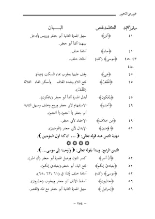 ‫ﻋﺒﲑ ﻣﻦ ﺍﻟﺘﺤﺒﲑ‬
‫ﺭﻗﻢ ﺍﻵﻳﺔ‬

‫ﺍﻟﻜﻠﻤﺔ ﳊﻔﺺ‬

‫١٤‬
‫٣٤ ،٥٤‬
‫،٨٤‬
‫٥٤‬

‫﴿ﺟﺎء﴾‬
‫﴿ﻣﻮﺳﻰ﴾ )ﻛﻠﻪ(‬
‫ِ‬
‫﴿ﻫﻲ﴾‬

‫٥٤‬

‫﴿ﺗَـ ْﻠﻘﻒ﴾‬
‫َ ُ‬

‫٥٤‬

‫﴿ﻳﺄﻓﻜﻮن﴾‬

‫٩٤‬

‫﴿آﻣﻨﺘﻢ﴾‬

‫٩٤‬
‫١٥‬

‫﴿ﻣﻦ ﺧﻼف﴾‬
‫﴿اﱂؤﻣﻨﲔ﴾‬

‫١٤‬

‫٢٥‬
‫٢٥‬
‫٢٥‬
‫٦٥‬
‫٩٥‬

‫﴿أﺋﻦ﴾‬

‫ﺍﻟﺒ ـ ـ ـ ـ ـ ـ ــﻴﺎﻥ‬

‫ﺳﻬﻞ اﳍﻤﺰة اﻟﺜﺎﻧﻴﺔ أﺑﻮ ﺟﻌﻔﺮ وروﻳﺲ وأدﺧﻞ‬
‫ﺑﻴﻨﻬﻤﺎ أﻟﻔﺎً أﺑﻮ ﺟﻌﻔﺮ.‬

‫أﻣﺎﳍﺎ ﺧﻠﻒ.‬
‫أﻣﺎﻟﻪن ﺧﻠﻒ.‬

‫ِ‬
‫ﻗﻒ ﻋﻠﻴﻬﺎ ﻳﻌﻘﻮب ﻬﺑﺎء اﻟﺴﻜﺖ )هﻳﻪ(.‬
‫ْ‬

‫وأﺳﻜﻦ اﻟﻔﺎء اﻟﺜﻼﺛﺔ‬

‫ﻓﺘﺢ اﻟﻼم وﺷﺪد اﻟﻘﺎف‬
‫)ﺗﻠَ ﱠﻒ(.‬
‫ﻘ ُ‬
‫أﺑﺪل اﳍﻤﺰة أﻟﻔﺎً أﺑﻮ ﺟﻌﻔﺮ )ﻳﺎﻓﻜﻮن(.‬

‫اﻻﺳﺘﻔﻬﺎم ﻷﰊ ﺟﻌﻔﺮ وروح وﺧﻠﻒ وﺳﻬﻞ اﻟﺜﺎﻧﻴﺔ‬
‫أﺑﻮ ﺟﻌﻔﺮ )أ آﻣﻨﺘﻢ( )أ اَاﻣﻨﺘﻢ(.‬
‫اﻹﺧﻔﺎء ﻷﰊ ﺟﻌﻔﺮ.‬
‫اﻹﺑﺪال ﻷﰊ ﺟﻌﻔﺮ )اﳌﻮﻣﻨﲔ(.‬

‫ﻧـﻬﺎﻳﺔ اﻟﺜﻤﻦ ﻋﻨﺪ ﻗﻮﻟﻪ ﺗﻌﺎﻟﻰ: ‪ … ‬أن ﻛﻨﺎ أول اﻟﻤﺆﻣﻨﻴﻦ ‪.‬‬
‫‪‬‬
‫اﻟﺜﻤﻦ اﻟﺮاﺑﻊ: وﻳﺒﺪأ ﺑﻘﻮﻟﻪ ﺗﻌﺎﻟﻰ: ‪ ‬وأوﺣﻴﻨﺎ إﻟﻰ ﻣﻮﺳﻰ... ‪.‬‬
‫ِ‬
‫ﻛﺴﺮ اﻟﻨﻮن ووﺻﻞ اﳍﻤﺰة أﺑﻮ ﺟﻌﻔﺮ )أن اﺳﺮ(.‬
‫﴿أن أﺳﺮ﴾‬
‫ْ‬
‫ْ‬
‫ﻓﺘﺢ اﻟﻴﺎء أﺑﻮ ﺟﻌﻒ )ﺑﻌﺒﺎدي إﻧﻜﻢ(.‬
‫ر‬
‫﴿ﺑﻌﺒﺎدي إﻧﻜﻢ﴾‬
‫ْ‬
‫َ‬
‫أﻣﺎﳍﺎ ﺧﻠﻒ ﻛﺬا ﰲ )١٦ ،٣٦ ،٥٦(.‬
‫و‬
‫﴿ﻣﻮﺳﻰ﴾ )ﻛﻠﻪ(‬
‫ِ‬
‫ِ‬
‫أﺳﻘﻂ اﻷﻟﻒ أﺑﻮ ﺟﻌﻔﺮ وﻳﻌﻘﻮب )ﺣﺬرون(.‬
‫﴿ﺣﺎذرون﴾‬
‫َ‬
‫﴿إﺳﺮاﺋﻴﻞ ﴾‬

‫ﺳﻬﻞ اﳍﻤﺰة اﻟﺜﺎﻧﻴﺔ أﺑﻮ ﺟﻌﻔﺮ ﻣﻊ اﳌﺪ واﻟﻘﺼﺮ.‬
‫≠ ¥‪≠ ≤µ‬‬

 