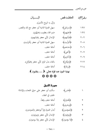 ‫ﻋﺒﲑ ﻣﻦ ﺍﻟﺘﺤﺒﲑ‬
‫ﺭﻗﻢ ﺍﻵﻳﺔ‬

‫ﺍﻟﻜﻠﻤﺔ ﳊﻔﺺ‬

‫٧٩١‬

‫﴿إﺳﺮاﺋﻴﻞ﴾‬
‫ِ‬
‫﴿ﻋﻠﻴﻬﻢ﴾‬

‫ﺍﻟﺒ ـ ـ ـ ـ ـ ـ ــﻴﺎﻥ‬

‫)ﻧﺰل ﺑﻪ اﻟﺮوح اﻷﻣﲔ(.‬
‫ﱠ‬
‫َ‬
‫َ‬
‫ﺳﻬﻞ اﳍﻤﺰة اﻟﺜﺎﻧﻴﺔ أﺑﻮ ﺟﻌﻔﺮ ﻣﻊ اﳌﺪ واﻟﻘﺼﺮ.‬
‫ﺿﻢ اﳍﺎء ﻳﻌﻘﻮب )ﻋﻠﻴﻬﻢ(.‬
‫ُ‬
‫اﻹﺑﺪال ﻷﰊ ﺟﻌﻔﺮ )ﻓﻴﺎﺗﻴﻬﻢ(.‬
‫ﺳﻬﻞ اﳍﻤﺰة اﻟﺜﺎﻧﻴﺔ أﺑﻮ ﺟﻌﻔﺮ )أﻓﺮاَﻳﺖ(.‬
‫أﻣﺎﳍﺎ ﺧﻠﻒ.‬

‫٩٩١‬
‫٢٠٢‬
‫٥٠٢‬
‫٦٠٢‬

‫﴿ﻓﻴﺄﺗﻴﻬﻢ﴾‬
‫﴿أﻓﺮأﻳﺖ﴾‬
‫﴿ﺟﺎءﻫﻢ﴾‬

‫٧٠٢‬
‫٩٠٢‬
‫٧١٢‬

‫﴿أﻏﲎ﴾‬
‫﴿ذﻛﺮى﴾‬
‫﴿ ﻛﻞ﴾‬
‫وﺗﻮ‬

‫أﻣﺎﳍﺎ ﺧﻠﻒ.‬
‫أﻣﺎﳍﺎ ﺧﻠﻒ.‬
‫ﺑﺎﻟﻔﺎء ﺑﺪل اﻟﻮاو ﻷﰊ ﺟﻌﻔﺮ ) ﻛﻞ(.‬
‫ﻓﺘﻮ‬

‫٨١٢‬

‫﴿ﻳﺮاك﴾‬

‫أﻣﺎﳍﺎ ﺧﻠﻒ.‬

‫ﻧـﻬﺎﻳﺔ اﻟﺜﻢن ﻋﻨﺪ ﻗﻮﻟﻪ ﺗﻌﺎﻟﻰ : ‪ … ‬ﻳﻨﻘﻠﺒﻮن ‪.‬‬
‫‪‬‬

‫١‬

‫﴿ﻃﺲ﴾‬

‫٢‬
‫٢‬

‫﴿هدى ﴾‬
‫ُ ً‬
‫﴿وﺑﺸﺮى﴾‬

‫٢‬

‫﴿ﻟﻠﻤﺆﻣﻨﲔ﴾‬

‫٣‬
‫٤‬

‫﴿وﻳﺆﺗﻮن﴾‬
‫﴿ﻻ ﻳﺆﻣﻨﻮن﴾‬

‫‪‬‬
‫ﺳﻜﺖ أﺑﻮ ﺟﻌﻔﺮ ﻋﻠﻰ ﺣﺮﰲ اﳍﺠﺎء، واﻹﻣﺎﻟﺔ‬
‫ﳋﻠﻒ ﰲ اﻟﻄﺎء.‬
‫أﻣﺎﳍﺎ ﺧﻠﻒ وﻗﻔﺎً.‬
‫أﻣﺎﳍﺎ ﺧﻠﻒ.‬
‫أﺑﺪل اﳍﻤﺰة واواً أﺑﻮﺟﻌﻔﺮ )ﻟﻠﻤﻮﻣﻨﲔ(.‬
‫اﻹﺑﺪال ﻷﰊ ﺟﻌﻔﺮ )وﻳﻮﺗﻮن(.‬
‫اﻹﺑﺪال ﻷﰊ ﺟﻌﻔﺮ )ﻻ ﻳﻮﻣﻨﻮن(.‬
‫≠ ∏‪≠ ≤µ‬‬

 