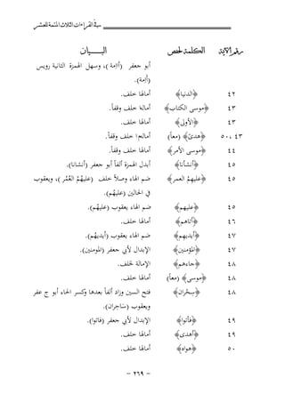 ‫ﰲ ﺍﻟﻘﺮﺍﺀﺍﺕ ﺍﻟﺜﻼﺙ ﺍﳌﺘﻤﺔ ﻟﻠﻌﺸﺮ‬
‫ﺭﻗﻢ ﺍﻵﻳﺔ‬

‫ﺍﻟﻜﻠﻤﺔ ﳊﻔﺺ‬

‫٢٤‬
‫٣٤‬
‫٣٤‬
‫٣٤ ،٠٥‬
‫٤٤‬
‫٥٤‬
‫٥٤‬

‫﴿اﻟﺪﻧﻴﺎ﴾‬
‫﴿ﻣﻮﺳﻰ اﻟﻜﺘﺎب﴾‬
‫﴿اﻷوﱃ﴾‬
‫﴿ﻫﺪى﴾ )ﻣﻌﺎً(‬
‫ً‬
‫﴿ﻣﻮﺳﻰ اﻷﻣﺮ﴾‬
‫﴿أﻧﺸﺄﻧﺎ﴾‬
‫ِ‬
‫﴿ﻋﻠﻴﻬﻢ اﻟﻌﻤﺮ﴾‬
‫ُ‬

‫٥٤‬
‫٦٤‬
‫٧٤‬

‫﴿ﻋﻠﻴﻬﻢ﴾‬

‫﴿أﺗﺎﻫﻢ﴾‬
‫ِ‬
‫﴿أﻳﺪﻳﻬﻢ﴾‬

‫٧٤‬
‫٨٤‬
‫٨٤‬

‫﴿اﳌﺆﻣﻨﲔ﴾‬
‫﴿ﺟﺎءﻫﻢ﴾‬
‫﴿ﻣﻮﺳﻰ﴾ )ﻣﻌﺎً(‬
‫ِ‬
‫﴿ﺳﺤﺮان﴾‬
‫ْ‬

‫٩٤‬
‫٩٤‬

‫﴿ﻓﺄﺗﻮا﴾‬
‫﴿أﻫﺪى﴾‬

‫٠٥‬

‫﴿ﻫﻮاﻩ﴾‬

‫٨٤‬

‫ﺍﻟﺒ ـ ـ ـ ـ ـ ـ ــﻴﺎﻥ‬

‫أﺑﻮ ﺟﻌﻔﺮ )أااِﻣﺔ (، وﺳﻬﻞ اﳍﻤﺰة اﻟﺜﺎﻧﻴﺔ روﻳﺲ‬
‫)أَاِﻣﺔ(.‬
‫أﻣﺎﳍﺎ ﺧﻠﻒ.‬
‫أﻣﺎﻟﻪا ﺧﻠﻒ وﻗﻔﺎً.‬
‫أﻣﺎﳍﺎ ﺧﻠﻒ.‬
‫أﻣﺎﻟﻪم ا ﺧﻠﻒ وﻗﻔﺎً.‬

‫أﻣﺎﳍﺎ ﺧﻠﻒ وﻗﻔﺎً.‬
‫أﺑﺪل اﳍﻤﺰة أﻟﻔﺎً أﺑﻮ ﺟﻌﻔﺮ )أﻧﺸﺎﻧﺎ(.‬
‫ﺿﻢ اﳍﺎء وﺻﻼً ﺧﻠﻒ )ﻋﻠﻴﻬﻢ اﻟﻌُﻤﺮ (، وﻳﻌﻘﻮب‬
‫ُُ ُ‬
‫ﰲ اﳊﺎﻟﲔ )ﻋﻠﻴﻬﻢ(.‬
‫ُ‬

‫ﺿﻢ اﳍﺎء ﻳﻌﻘﻮب )ﻋﻠﻴﻬﻢ(.‬
‫ُ‬

‫أﻣﺎﳍﺎ ﺧﻠﻒ.‬
‫ﺿﻢ اﳍﺎء ﻳﻌﻘﻮب )أﻳﺪﻳﻬﻢ(.‬
‫ُ‬

‫اﻹﺑﺪال ﻷﰊ ﺟﻌﻔﺮ )اﳌﻮﻣﻨﲔ(.‬
‫اﻹﻣﺎﻟﺔ ﳋﻠﻒ.‬
‫أﻣﺎﳍﺎ ﺧﻠﻒ.‬
‫ﻓﺘﺢ اﻟﺴﲔ وزاد أﻟﻔﺎً ﺑﻌﺪﻫﺎ ﻛﺴﺮ اﳊﺎء أﺑﻮ ج ﻋﻔﺮ‬
‫و‬
‫ِ‬
‫وﻳﻌﻘﻮب )ﺳﺎﺣﺮان(.‬
‫َ‬
‫اﻹﺑﺪال ﻷﰊ ﺟﻌﻔﺮ )ﻓﺎﺗﻮا(.‬
‫أﻣﺎﳍﺎ ﺧﻠﻒ.‬
‫أﻣﺎﳍﺎ ﺧﻠﻒ.‬
‫≠ ‪≠ ≤∂π‬‬

 