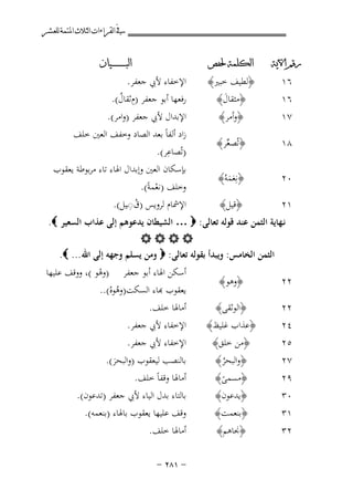 ‫ﰲ ﺍﻟﻘﺮﺍﺀﺍﺕ ﺍﻟﺜﻼﺙ ﺍﳌﺘﻤﺔ ﻟﻠﻌﺸﺮ‬
‫ﺭﻗﻢ ﺍﻵﻳﺔ‬

‫ﺍﻟﻜﻠﻤﺔ ﳊﻔﺺ‬

‫٧١‬

‫﴿وأﻣﺮ﴾‬

‫٨١‬

‫﴿ﺗُﺼﻌﺮ﴾‬
‫ﱢ‬

‫٠٢‬

‫﴿ﻧِﻌﻤﻪُ﴾‬
‫ََ‬

‫١٢‬

‫﴿ﻗﻴﻞ﴾‬

‫٦١‬
‫٦١‬

‫﴿ﻟﻄﻴﻒ ﺧﺒﲑ﴾‬
‫﴿ﻣﺜﻘﺎل﴾‬
‫َ‬

‫ﺍﻟﺒ ـ ـ ـ ـ ـ ـ ــﻴﺎﻥ‬

‫اﻹﺧﻔﺎء ﻷﰊ ﺟﻌﻔﺮ.‬
‫رﻓﻌﻬﺎ أﺑﻮ ﺟﻌﻔﺮ )ِمﺛﻘﺎل(.‬
‫ُ‬

‫اﻹﺑﺪال ﻷﰊ ﺟﻌﻔﺮ )واﻣﺮ(.‬
‫زاد أﻟﻔﺎً ﺑﻌﺪ اﻟﺼﺎد وﺧﻔﻒ اﻟﻌﲔ ﺧﻠﻒ‬
‫ِ‬
‫)ﺗُﺼﺎﻋﺮ(.‬
‫ﺑﺈﺳﻜﺎن اﻟﻌﲔ وإﺑﺪال اﳍﺎء ﺗﺎء ﻣﺮﺑﻮﻃﺔ ﻳﻌﻘﻮب‬
‫وﺧﻠﻒ )ﻧﻌﻤﺔً(.‬
‫ْ‬
‫ُِ‬
‫اﻹﴰﺎم ﻟﺮوﻳﺲ )ق◌ـﻴﻞ(.‬

‫ﻧـﻬﺎﻳﺔ اﻟﺜﻤﻦ ﻋﻨﺪ ﻗﻮﻟﻪ ﺗﻌﺎﻟﻰ: ‪ … ‬اﻟﺸﻴﻄﺎن ﻳﺪﻋﻮﻫﻢ إﻟﻰ ﻋﺬاب اﻟﺴﻌﻴﺮ ‪.‬‬
‫‪‬‬
‫اﻟﺜﻤﻦ اﻟﺨﺎﻣﺲ: وﻳﺒﺪأ ﺑﻘﻮﻟﻪ ﺗﻌﺎﻟﻰ: ‪ ‬وﻣﻦ ﻳﺴﻠﻢ وﺟﻬﻪ إﻟﻰ اﷲ ... ‪.‬‬

‫أﺳﻜﻦ اﳍﺎء أﺑﻮ ﺟﻌﻔﺮ )وﻫﻮ (، ووﻗﻒ ﻋﻠﻴﻬﺎ‬
‫ْ‬
‫ﻌﻘﻮب ﻬﺑﺎء اﻟﺴﻜﺖ)وﻫﻮﻩ(..‬
‫ُْ‬

‫٢٢‬

‫﴿وﻫﻮ﴾‬

‫٢٢‬
‫٤٢‬
‫٥٢‬

‫﴿اﻟﻮﺛﻘﻰ﴾‬
‫﴿ﻋﺬاب ﻏﻠﻴﻆ﴾‬
‫﴿ﻣﻦ ﺧﻠﻖ﴾‬

‫٧٢‬
‫٩٢‬
‫٠٣‬
‫١٣‬

‫﴿واﻟﺒﺤﺮ﴾‬
‫ُ‬
‫﴿ﻣﺴﻤﻰ﴾‬
‫ً‬
‫﴿ﻳﺪﻋﻮن﴾‬
‫﴿ﺑﻨﻌﻤﺖ﴾‬

‫ﺑﺎﻟﻨﺼﺐ ﻟﻴﻌﻘﻮب )واﻟﺒﺤﺮ(.‬
‫َ‬
‫أﻣﺎﳍﺎ وﻗﻔﺎً ﺧﻠﻒ.‬
‫ﺑﺎﻟﺘﺎء ﺑﺪل اﻟﻴﺎء ﻷﰊ ﺟﻌﻔﺮ )ﺗﺪﻋﻮن(.‬
‫وﻗﻒ ﻋﻠﻴﻬﺎ ﻳﻌﻘﻮب ﺑﺎﳍﺎء )ﺑﻨﻌﻤﻪ(.‬

‫٢٣‬

‫﴿ﳒﺎﻫﻢ﴾‬

‫أﻣﺎﳍﺎ ﺧﻠﻒ.‬

‫أﻣﺎﳍﺎ ﺧﻠﻒ.‬
‫اﻹﺧﻔﺎء ﻷﰊ ﺟﻌﻔﺮ.‬
‫اﻹﺧﻔﺎء ﻷﰊ ﺟﻌﻔﺮ.‬

‫≠ ±∏≤ ≠‬

 