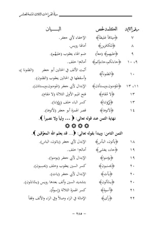 ‫ﰲ ﺍﻟﻘﺮﺍﺀﺍﺕ ﺍﻟﺜﻼﺙ ﺍﳌﺘﻤﺔ ﻟﻠﻌﺸﺮ‬
‫ﺭﻗﻢ ﺍﻵﻳﺔ‬

‫ﺍﻟﻜﻠﻤﺔ ﳊﻔﺺ‬

‫٩‬
‫٩، ٠١‬

‫ﻛﻢ﴾‬
‫﴿ﺟﺎءﺗﻜﻢ،ﺟﺎءو‬

‫٠١‬

‫﴿اﻟﻈﻨﻮﻧﺎْ﴾‬

‫٧‬
‫٨‬

‫﴿ﻣﻴﺜﺎﻗﺎً ﻏﻠﻴﻈﺎً﴾‬
‫﴿ﻟﻠﻜﺎﻓﺮﻳﻦ﴾‬
‫ِ‬
‫﴿ﻋﻠﻴﻬﻢ﴾ )ﻣﻌﺎً(‬

‫١١، ٣١ ﴿اﳌﺆﻣﻨﻮن،وﻳﺴﺘﺄذن﴾‬
‫﴿ﻻ ﻣﻘﺎم﴾‬
‫٣١‬
‫ُ‬
‫٣١‬
‫﴿ﰊوﺗﻨﺎ﴾‬
‫ُُ‬
‫٤١‬

‫٨١‬
‫٩١‬
‫٩١‬
‫٠٢‬
‫٠٢‬
‫٠٢‬
‫١٢‬
‫٢٢‬

‫﴿ﻵﺗﻮﻫﺎ﴾‬

‫ﺍﻟﺒ ـ ـ ـ ـ ـ ـ ــﻴﺎﻥ‬

‫اﻹﺧﻔﺎء ﻷﰊ ﺟﻌﻔﺮ.‬
‫أﻣﺎﳍﺎ روﻳﺲ.‬

‫ﺿﻢ اﳍﺎء ﻳﻌﻘﻮب )ﻋﻠﻴﻬﻢ(.‬
‫ُ‬
‫أﻣﺎﻟﻪم ا ﺧﻠﻒ .‬
‫)اﻟﻈﻨﻮﻧﺎ (،‬
‫أﺛﺒﺖ اﻷﻟﻒ ﰲ اﳊﺎﻟﲔ أﺑﻮ ﺟﻌﻔﺮ‬
‫وأﺳﻘﻄﻬﺎ ﰲ اﳊﺎﻟﲔ ﻳﻌﻘﻮب )اﻟﻈﻨﻮن(.‬
‫اﻹﺑﺪال ﻷﰊ ﺟﻌﻔﺮ )اﳌﻮﻣﻨﻮن،وﻳﺴﺘﺎذن(.‬
‫ﻓﺘﺢ اﳌﻴﻢ اﻷوﱃ اﻟﺜﻼﺛﺔ )ﻻ ﻣﻘﺎم(.‬
‫َ‬
‫ﻛﺴﺮ اﻟﺒﺎء ﺧﻠﻒ )ِﰊوﺗﻨﺎ(.‬
‫ُ‬
‫ﻗﺼﺮ اﳍﻤﺰة أﺑﻮ ﺟﻌﻔﺮ )ﻷﺗﻮﻫﺎ(.‬

‫ﻧـﻬﺎﻳﺔ اﻟﺜﻤﻦ ﻋﻨﺪ ﻗﻮﻟﻪ ﺗﻌﺎﻟﻰ: ‪ … ‬وﻟﻴﺎً وﻻ ﻧﺼﻴﺮاً ‪.‬‬
‫‪‬‬
‫اﻟﺜﻤﻦ اﻟﺜﺎﻣﻦ: وﻳﺒﺪأ ﺑﻘﻮﻟﻪ ﺗﻌﺎﻟﻰ: ‪ ...‬ﻗﺪ ﻳﻌﻠﻢ اﷲ اﻟﻤﻌﻮﻗﻴﻦ ‪.‬‬
‫ﱢ‬
‫اﻹﺑﺪل ﻷﰊ ﺟﻌﻔﺮ )ﻳﺎﺗﻮن، اﻟﺒﺎس(.‬
‫﴿ﻳﺄﺗﻮن، اﻟﺒﺄس﴾‬
‫أﻣﺎﻟﻪم ا ﺧﻠﻒ .‬
‫﴿ﺟﺎء، ﻳﻐﺸﻰ﴾‬
‫اﻹﺑﺪال ﻷﰊ ﺟﻌﻔﺮ )ﻳﻮﻣﻨﻮا(.‬
‫﴿ﻳﺆﻣﻨﻮا﴾‬
‫ِ‬
‫ﻛﺴﺮ اﻟﺴﲔ ﻳﻌﻘﻮب وﺧﻠﻒ )ﳛﺴﺒﻮن(.‬
‫﴿ﳛﺴﺒﻮن﴾‬
‫َ‬
‫اﻹﺑﺪال ﻷﰊ ﺟﻌﻔﺮ )ﻳﺎت(.‬
‫﴿ﻳﺄت﴾‬
‫ﺑﺘﺸﺪﻳﺪ اﻟﺴﲔ وأﻟﻒ ﺑﻌﺪﻫﺎ روﻳﺲ )ﻳﺴﺎءَﻟﻮن(.‬
‫﴿ﻳﺴﺄﻟﻮن﴾‬
‫ﱠ‬
‫ْ‬
‫ﻛﺴﺮ اﳍﻤﺰة اﻟﺜﻼﺛﺔ )إِ‬
‫ﺳﻮٌ(.‬
‫ة‬
‫﴿أﺳﻮة﴾‬
‫﴿رأى﴾‬

‫اﻹﻣﺎﻟﺔ ﰲ اﻟﺮاء وﺻﻼً وﰲ اﻟﺮاء واﻷﻟﻒ وﻗﻔﺎً‬
‫≠ ‪≠ ≤∏µ‬‬

 