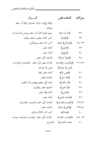 ‫ﰲ ﺍﻟﻘﺮﺍﺀﺍﺕ ﺍﻟﺜﻼﺙ ﺍﳌﺘﻤﺔ ﻟﻠﻌﺸﺮ‬
‫ﺭﻗﻢ ﺍﻵﻳﺔ‬

‫ﺍﻟﻜﻠﻤﺔ ﳊﻔﺺ‬

‫٢٣‬
‫٣٣‬
‫٣٣ ،٤٣‬
‫٣٣‬

‫﴿اﻟﻨﺴﺎء إن﴾‬
‫﴿وﻗَـﺮن﴾‬
‫ْ‬
‫﴿ﺑُﻴﻮﺗِﻜﻦ﴾ )ﻣﻌﺎً(‬
‫﴿اﻷوﱃ﴾‬

‫﴿ ى﴾‬
‫ﻳﺘﻞ‬
‫٤٣‬
‫﴿ﻟﻄﻴﻔﺎً ﺧﺒﲑاً﴾‬
‫٤٣‬
‫٥٣، ٦٣ ﴿واﳌﺆﻣﻨﲔ، واﳌﺆﻣﻨﺎت‬

‫ﺍﻟﺒ ـ ـ ـ ـ ـ ـ ــﻴﺎﻥ‬

‫)ﺆﻬﺗﺎ (ﱁﻒ، وأﺑﺪل اﳍﻤﺰة ﰲ ﻧﺆﻬﺗﺎ أﺑﻮ ﺟﻌﻔﺮ‬
‫)ﻮﻬﺗﺎ(.‬
‫ﺳﻬﻞ اﳍﻤﺰة اﻟﺜﺎﻧﻴﺔ أﺑﻮ ﺟﻌﻔﺮ وروﻳﺲ )اﻟﻨﺴﺎء اِن(‬
‫ﻛﺴﺮ اﻟﻘﺎف ﻳﻌﻘﻮب وﺧﻠﻒ )ﻗِﺮن(.‬
‫ْ‬
‫ﻛﺴﺮ اﻟﺒﺎء ﺧﻠﻒ )ﺑِﻴﻮﺗﻜﻦ(.‬
‫أﻣﺎﳍﺎ ﺧﻠﻒ.‬
‫أﻣﺎﳍﺎ ﺧﻠﻒ.‬
‫اﻹﺧﻔﺎء ﻷﰊ ﺟﻌﻔﺮ.‬
‫اﻹﺑﺪال ﻓﻴﻬﻦ ﻷﰊ ﺟﻌﻔﺮ )واﳌﻮﻣﻨﲔ، واﳌﻮﻣﻨﺎت،‬

‫٦٣‬
‫٦٣‬
‫٦٣‬

‫ﳌﺆﻣﻦ وﻻ ﻣﺆﻣﻨﺔ﴾‬
‫﴿ﻗﻀﻰ اﷲ﴾‬
‫﴿ﻓﻘﺪ ﺿﻞ﴾‬
‫ْ‬
‫﴿أن ﻳﻜﻮن﴾‬

‫ﳌﻮﻣﻦ وﻻ ﻣﻮﻣﻨﺔ(.‬
‫أﻣﺎﳍﺎ ﺧﻠﻒ وﻗﻔﺎً.‬
‫اﻹدﻏﺎم ﳋﻠﻒ.‬
‫ﺑﺎﻟﺘﺎء ﻷﰊ ﺟﻌﻒ وﻳﻌﻘﻮب )أن ﺗﻜﻮن(.‬
‫ر‬

‫٧٣‬
‫٧٣‬
‫٧٣‬

‫﴿إذ ﺗﻘﻮل﴾‬
‫ْ‬
‫﴿ﲣﺸﻰ﴾‬
‫﴿ﲣﺸﺎﻩ، ﻗﻀﻰ﴾‬

‫أدﻏﻤﻬﺎ ﺧﻠﻒ )إﺗﱠﻘﻮل(.‬
‫أﻣﺎﳍﺎ وﻗﻔﺎً ﺧﻠﻒ.‬
‫أﻣﺎﳍﺎ ﺧﻠﻒ.‬

‫٣٤،٧٣ ﴿اﳌﺆﻣﻨﲔ،ﺑﺎﳌﺆﻣﻨﲔ﴾‬
‫﴿ ﻛﻔﻰ﴾ )ﻣﻌﺎً(‬
‫و‬
‫٨٤،٩٣‬
‫﴿وﺧﺎﰎ﴾‬
‫٠٤‬
‫َ‬
‫٧٤، ٩٤، ﴿اﳌﺆﻣﻨﲔ، اﳌﺆﻣﻨﺎت‬
‫٠٥‬

‫ﻣﺆﻣﻨﺔ، اﳌﺆﻣﻨﲔ﴾‬

‫اﻹﺑﺪال ﻷﰊ ﺟﻌﻔﺮ )اﳌﻮﻣﻨﲔ، ﺑﺎﳌﻮﻣﻨﲔ(.‬
‫أﻣﺎﳍﻤﺎ ﺧﻠﻒ.‬
‫ِ‬
‫ﻛﺴﺮ اﻟﺘﺎء اﻟﺜﻼﺛﺔ )ﺧﺎﰎ(.‬
‫اﻹﺑﺪال ﻷﰊ ﺟﻌﻔﺮ )اﳌﻮﻣﻨﲔ، اﳌﻮﻣﻨﻴﺎت، ﻣﻮﻣﻨﺔ،‬
‫اﳌﻮﻣﻨﲔ(.‬
‫≠ ∑∏≤ ≠‬

 