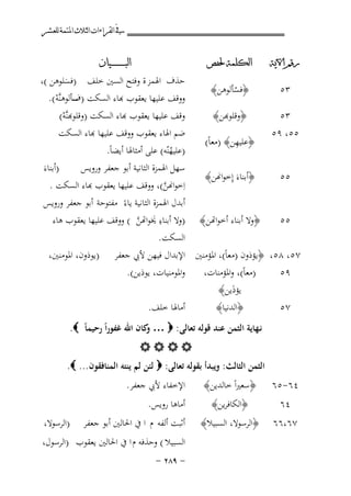 ‫ﰲ ﺍﻟﻘﺮﺍﺀﺍﺕ ﺍﻟﺜﻼﺙ ﺍﳌﺘﻤﺔ ﻟﻠﻌﺸﺮ‬
‫ﺭﻗﻢ ﺍﻵﻳﺔ‬

‫ﺍﻟﻜﻠﻤﺔ ﳊﻔﺺ‬

‫٣٥‬

‫﴿ﻓﺴﺄﻟﻮﻫﻦ﴾‬
‫ْ‬

‫٣٥‬
‫٥٥، ٩٥‬

‫﴿ﻗﻠﻮﻬﺑﻦ﴾‬
‫ِ‬
‫﴿ﻋﻠﻴﻬﻦ﴾ )ﻣﻌﺎً(‬

‫٥٥‬

‫﴿أﺑﻨﺎءَ إِﺧﻮا�ﻦ﴾‬

‫٥٥‬

‫﴿ﻻ أﺑﻨﺎء أﺧﻮاﻬﺗﻦ﴾‬

‫ﺍﻟﺒ ـ ـ ـ ـ ـ ـ ــﻴﺎﻥ‬

‫ﺣﺬف اﳍﻤﺰ ة وﻓﺘﺢ اﻟﺴﲔ ﺧﻠﻒ )ﻓﺴﻠﻮﻫﻦ (،‬
‫َ‬
‫وﻗﻒ ﻋﻠﻴﻬﺎ ﻳﻌﻘﻮب ﻬﺑﺎء اﻟﺴﻜﺖ ) ﺳﺄﻟﻮﻫﻨﱠﻪ (.‬
‫ف ْ‬

‫ﻗﻒ ﻋﻠﻴﻬﺎ ﻳﻌﻘﻮب ﻬﺑﺎء اﻟﺴﻜﺖ )ﻗﻠﻮﻬﺑﻨﱠﻪ(‬
‫ْ‬
‫ﻢ اﳍﺎء ﻳﻌﻘﻮب ووﻗﻒ ﻋﻠﻴﻬﺎ ﻬﺑﺎء اﻟﺴﻜﺖ‬
‫)ﻋﻠﻴﻬﻨّﻪ( ﻋﻠﻰ أﻣﺜﺎﳍﺎ أﻳﻀﺎً.‬
‫ُ‬
‫ﺳﻬﻞ اﳍﻤﺰة اﻟﺜﺎﻧﻴﺔ أﺑﻮ ﺟﻌﻔﺮ وروﻳﺲ‬
‫)أﺑﻨﺎءَ‬
‫اِﺧﻮا�ﻦ( ووﻗﻒ ﻋﻠﻴﻬﺎ ﻳﻌﻘﻮب ﻬﺑﺎء اﻟﺴﻜﺖ .‬
‫ﱠ‬

‫أﺑﺪل اﳍﻤﺰة اﻟﺜﺎﻧﻴﺔ ﻳﺎءً ﻣﻔﺘﻮﺣﺔ أﺑﻮ ﺟﻌﻔﺮ وروﻳﺲ‬
‫)ﻻ أﺑﻨﺎءِ ﳜَﻮاﻬﺗﻦ ( ووﻗﻒ ﻋﻠﻴﻬﺎ ﻳﻌﻘﻮب ﻫﺎء‬
‫ﱠ‬

‫اﻟﺴﻜﺖ.‬
‫٧٥، ٨٥، ﴿ﻳﺆذون )ﻣﻌﺎً(، اﳌﺆﻣﻨﲔ اﻹﺑﺪال ﻓﻴﻬﻦ ﻷﰊ ﺟﻌﻔﺮ‬
‫واﳌﻮﻣﻨﻴﺎت، ﻳﻮذﻳﻦ(.‬
‫)ﻣﻌﺎً(، واﳌﺆﻣﻨﺎت،‬
‫٩٥‬
‫ﻳﺆذﻳﻦ﴾‬
‫َ‬
‫أﻣﺎﳍﺎ ﺧﻠﻒ.‬
‫﴿اﻟﺪﻧﻴﺎ﴾‬
‫٧٥‬

‫)ﻳﻮذون، اﳌﻮﻣﻨﲔ،‬

‫ﻧـﻬﺎﻳﺔ اﻟﺜﻤﻦ ﻋﻨﺪ ﻗﻮﻟﻪ ﺗﻌﺎﻟﻰ: ‪ … ‬ﻛﺎن اﷲ ﻏﻔﻮراً رﺣﻴﻤﺎً ‪.‬‬
‫و‬
‫‪‬‬
‫اﻟﺜﻤﻦ اﻟﺜﺎﻟﺚ: وﻳﺒﺪأ ﺑﻘﻮﻟﻪ ﺗﻌﺎﻟﻰ: ‪ ‬ﻟﺌﻦ ﻟﻢ ﻳﻨﺘﻪ اﻟﻤﻨﺎﻓﻘﻮن ... ‪.‬‬
‫٤٦-٥٦‬
‫٤٦‬

‫﴿ﺳﻌﲑاً ﺧﺎﻟﺪﻳﻦ﴾‬
‫﴿اﻟﻜﺎﻓﺮﻳﻦ﴾‬

‫٧٦،٦٦‬

‫﴿اﻟﺮﺳﻮﻻ، اﻟﺴﺒﻴﻼ﴾‬

‫اﻹﺧﻔﺎء ﻷﰊ ﺟﻌﻔﺮ.‬
‫أﻣﺎﻫﺎ روﻳﺲ.‬
‫أﺛﺒﺖ أﻟﻔﻪ م ا ﰲ اﳊﺎﻟﲔ أﺑﻮ ﺟﻌﻔﺮ‬

‫)اﻟﺮﺳﻮﻻ،‬

‫اﻟﺴﺒﻴﻼ ( وﺣﺬﻓﻪ م ا ﰲ اﳊﺎﻟﲔ ﻳﻌﻘﻮب )اﻟﺮﺳﻮل،‬
‫≠ ‪≠ ≤∏π‬‬

 