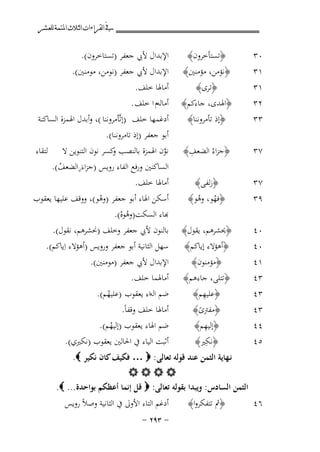 ‫ﰲ ﺍﻟﻘﺮﺍﺀﺍﺕ ﺍﻟﺜﻼﺙ ﺍﳌﺘﻤﺔ ﻟﻠﻌﺸﺮ‬

‫٠٣‬
‫١٣‬

‫﴿ﺗﺴﺘﺄﺧﺮون﴾‬
‫﴿ﻧﺆﻣﻦ، ﻣﺆﻣﻨﲔ﴾‬

‫اﻹﺑﺪال ﻷﰊ ﺟﻌﻔﺮ )ﺗﺴﺘﺎﺧﺮون(.‬
‫اﻹﺑﺪال ﻷﰊ ﺟﻌﻔﺮ )ﻧﻮﻣﻦ، ﻣﻮﻣﻨﲔ(.‬

‫١٣‬
‫٢٣‬
‫٣٣‬

‫﴿ﺗﺮى﴾‬
‫﴿اﳍﺪى، ﺟﺎءﻛﻢ﴾‬
‫﴿إذ ﺗﺄﻣﺮوﻧﻨﺎ﴾‬

‫٧٣‬

‫ِ‬
‫﴿ﺟﺰاءُ اﻟﻀﻌﻒ﴾‬

‫أﻣﺎﳍﺎ ﺧﻠﻒ.‬
‫أﻣﺎﻟﻪم ا ﺧﻠﻒ .‬
‫أدﻏﻤﻬﺎ ﺧﻠﻒ )إﺗﱠﺄﻣﺮوﻧﻨﺎ (، وأﺑﺪل اﳍﻤﺰة اﻟﺴﺎﻛﻨﺔ‬
‫أﺑﻮ ﺟﻌﻔﺮ )إذ ﺗﺎﻣﺮوﻧﻨﺎ(.‬

‫٧٣‬

‫﴿زﻟﻔﻰ﴾‬

‫ﻧﻮن اﳍﻤﺰة ﺑﺎﻟﻨﺼﺐ ﻛﺴﺮ ﻧﻮن اﻟﺘﻨﻮﻳﻦ ﻻ‬
‫و‬
‫ﱠ‬
‫ِ‬
‫اﻟﺴﺎﻛﻨﲔ ورﻓﻊ اﻟﻔﺎء روﻳﺲ )ﺟﺰاءَناﻟﻀﻌﻒ(.‬
‫ُ‬
‫أﻣﺎﳍﺎ ﺧﻠﻒ.‬

‫ﻟﺘﻘﺎء‬

‫٩٣‬

‫﴿ﻓﻬﻮ، وﻫﻮ﴾‬
‫ُ ُ‬

‫٠٤‬
‫٠٤‬

‫﴿ﳛﺸﺮﻫﻢ، ﻳﻘﻮل﴾‬
‫﴿أﻫﺆﻻء إﻳﺎﻛﻢ﴾‬

‫أﺳﻜﻦ اﳍﺎء أﺑﻮ ﺟﻌﻔﺮ )وﻫﻮ(، ووﻗﻒ ﻋﻠﻴﻬﺎ ﻳﻌﻘﻮب‬
‫ْ‬
‫ﺑﺎء اﻟﺴﻜﺖ)وﻫﻮﻩ(.‬
‫ُْ‬
‫ﺑﺎﻟﻨﻮن ﻷﰊ ﺟﻌﻔﺮ وﺧﻠﻒ )ﳓﺸﺮﻫﻢ، ﻧﻘﻮل(.‬
‫ﺳﻬﻞ اﻟﺜﺎﻧﻴﺔ أﺑﻮ ﺟﻌﻔﺮ وروﻳﺲ )أﻫﺆﻻء اِﻳﺎﻛﻢ(.‬

‫١٤‬
‫٣٤‬
‫٣٤‬

‫﴿ﻣﺆﻣﻨﻮن﴾‬
‫﴿ﺗﺘﻠﻰ، ﺟﺎءﻫﻢ﴾‬
‫ِ‬
‫﴿ﻋﻠﻴﻬﻢ﴾‬

‫٣٤‬
‫٤٤‬
‫٥٤‬

‫﴿ﻣﻔﱰى﴾‬
‫ً‬
‫ِ‬
‫﴿إﻟﻴﻬﻢ﴾‬
‫ِ‬
‫﴿ﻧﻜﲑ﴾‬

‫اﻹﺑﺪال ﻷﰊ ﺟﻌﻔﺮ )ﻣﻮﻣﻨﲔ(.‬
‫أﻣﺎﳍﻤﺎ ﺧﻠﻒ.‬
‫ﺿﻢ اﻟﻪاء ﻳﻌﻘﻮب )ﻋﻠﻴﻬﻢ(.‬
‫ُ‬

‫٦٤‬

‫أﻣﺎﳍﺎ ﺧﻠﻒ وﻗﻔﺎً.‬
‫ﺿﻢ اﳍﺎء ﻳﻌﻘﻮب )إﻟﻴﻬﻢ(.‬
‫ُ‬
‫أﺛﺒﺖ اﻟﻴﺎء ﰲ اﳊﺎﻟﲔ ﻳﻌﻘﻮب )ﻧﻜﲑي(.‬

‫ﻧـﻬﺎﻳﺔ اﻟﺜﻤﻦ ﻋﻨﺪ ﻗﻮﻟﻪ ﺗﻌﺎﻟﻰ: ‪ … ‬ﻓﻜﻴﻒ ﻛﺎن ﻧﻜﻴﺮ ‪.‬‬
‫‪‬‬
‫اﻟﺜﻤﻦ اﻟﺴﺎدس: وﻳﺒﺪا ﺑﻘﻮﻟﻪ ﺗﻌﺎﻟﻰ: ‪ ‬ﻗﻞ إﻧﻤﺎ أﻋﻈﻜﻢ ﺑﻮاﺣﺪة... ‪.‬‬
‫﴿ﰒ ﺗﺘﻔﻜﺮوا﴾‬

‫أدﻏﻢ اﻟﺘﺎء اﻷوﱃ ﰲ اﻟﺜﺎﻧﻴﺔ وﺻﻼً روﻳﺲ‬
‫≠ ≥‪≠ ≤π‬‬

 