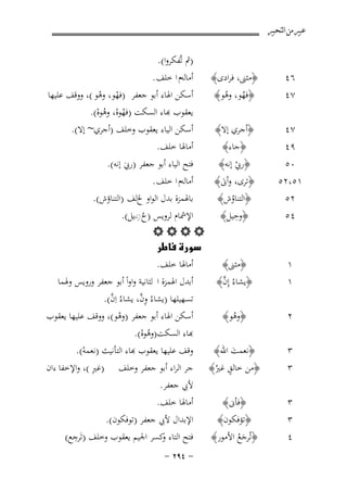 ‫ﻋﺒﲑ ﻣﻦ ﺍﻟﺘﺤﺒﲑ‬

‫٦٤‬

‫﴿ﻣﺜﲎ، ﻓﺮادى﴾‬

‫٧٤‬

‫﴿ﻓﻬﻮ، وﻫﻮ﴾‬
‫ُ ُ‬

‫٧٤‬
‫٩٤‬

‫﴿أﺟﺮي إﻻ﴾‬
‫﴿ﺟﺎء﴾‬

‫٠٥‬
‫١٥،٢٥‬
‫٢٥‬
‫٤٥‬

‫١‬
‫١‬

‫أﺳﻜﻦ اﳍﺎء أﺑﻮ ﺟﻌﻔﺮ )ﻓﻬﻮ، وﻫﻮ (، ووﻗﻒ ﻋﻠﻴﻬﺎ‬
‫ْ ْ‬
‫ﻌﻘﻮب ﻬﺑﺎء اﻟﺴﻜﺖ )ﻓﻬﻮﻩ، وﻫﻮﻩ(.‬
‫ُْ ُْ‬
‫أﺳﻜﻦ اﻟﻴﺎء ﻳﻌﻘﻮب وﺧﻠﻒ )أﺟﺮي~ إﻻ(.‬
‫أﻣﺎﳍﺎ ﺧﻠﻒ.‬

‫ﻓﺘﺢ اﻟﻴﺎء أﺑﻮ ﺟﻌﻔﺮ )رﰊ إﻧﻪ(.‬
‫﴿رﰊ إﻧﻪ﴾‬
‫ْ‬
‫َ‬
‫أﻣﺎﻟﻪم ا ﺧﻠﻒ .‬
‫﴿ﺗﺮى، وأﱏ﴾‬
‫َ‬
‫ﺑﺎﳍﻤﺰة ﺑﺪل اﻟﻮاو ﱁﻟﻒ )اﻟﺘﻨﺎؤش(.‬
‫﴿اﻟﺘﻨﺎوش﴾‬
‫ُ‬
‫ِ‬
‫اﻹﴰﺎم ﻟﺮوﻳﺲ )ح ِ‬
‫ُ ◌ـﻳﻞ(.‬
‫﴿وﺣﻴﻞ﴾‬
‫‪‬‬
‫‪‬‬
‫أﻣﺎﳍﺎ ﺧﻠﻒ.‬
‫﴿ﻣﺜﲎ﴾‬
‫ﱠ‬
‫أﺑﺪل اﳍﻤﺰة ا ﻟﺜﺎﻧﻴﺔ واواً أﺑﻮ ﺟﻌﻔﺮ وروﻳﺲ وﳍﻤﺎ‬
‫﴿ﻳﺸﺎءُ إِن﴾‬
‫ﱠ‬
‫ِﱠ‬
‫ﺗﺴﻬﻴﻠﻬﺎ )ﻳﺸﺎءُ ون، ﻳﺸﺎءُ اِن(.‬

‫٢‬

‫﴿وﻫﻮ﴾‬
‫ُ‬

‫٣‬

‫﴿ﻧﻌﻤﺖ اﷲ﴾‬
‫َ‬
‫ٍ‬
‫﴿ﻣﻦ ﺧﺎﻟﻖ ﻏﲑُ﴾‬

‫٣‬

‫﴿ﻓﺄﱏ﴾‬

‫٣‬
‫٤‬

‫﴿ﺗﺆﻓﻜﻮن﴾‬
‫﴿ﺗُﺮﺟﻊ اﻷﻣﻮر﴾‬
‫َُ‬

‫٣‬

‫)ﰒ ﺗﱠﻔﻜﺮوا(.‬
‫أﻣﺎﻟﻪم ا ﺧﻠﻒ .‬

‫أﺳﻜﻦ اﳍﺎء أﺑﻮ ﺟﻌﻔﺮ )وﻫﻮ(، ووﻗﻒ ﻋﻠﻴﻬﺎ ﻳﻌﻘﻮب‬
‫ْ‬
‫ﺑﺎء اﻟﺴﻜﺖ)وﻫﻮﻩ(.‬
‫ُْ‬
‫ﻗﻒ ﻋﻠﻴﻬﺎ ﻳﻌﻘﻮب ﻬﺑﺎء اﻟﺘﺄﻧﻴﺚ )ﻧﻌﻤﻪ(.‬
‫ْ‬
‫ِ‬
‫ﺟﺮ اﻟﺮاء أﺑﻮ ﺟﻌﻔﺮ وﺧﻠﻒ )ﻏﲑ (، واﻹﺧﻔﺎ ءان‬

‫ﻷﰊ ﺟﻌﻔﺮ.‬
‫أﻣﺎﳍﺎ ﺧﻠﻒ.‬
‫اﻹﺑﺪال ﻷﰊ ﺟﻌﻔﺮ )ﺗﻮﻓﻜﻮن(.‬
‫ِ‬
‫ﻓﺘﺢ اﻟﺘﺎء ﻛﺴﺮ اﳉﻴﻢ ﻳﻌﻘﻮب وﺧﻠﻒ )ﺗَﺮﺟﻊ(‬
‫و‬

‫≠ ¥‪≠ ≤π‬‬

 