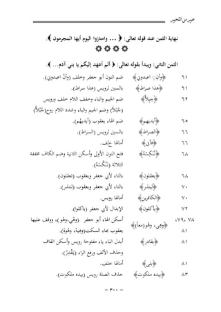 ‫ﻋﺒﲑ ﻣﻦ ﺍﻟﺘﺤﺒﲑ‬

‫ﻧـﻬﺎﻳﺔ اﻟﺜﻤﻦ ﻋﻨﺪ ﻗﻮﻟﻪ ﺗﻌﺎﻟﻰ: ‪ … ‬واﻣﺘﺎزوا اﻟﻴﻮم أﻳﻬﺎ اﻟﻤﺠﺮﻣﻮن ‪.‬‬
‫‪‬‬
‫اﻟﺜﻤﻦ اﻟﺜﺎﻧﻲ: وﻳﺒﺪأ ﺑﻘﻮﻟﻪ ﺗﻌﺎﻟﻰ: ‪ ‬أﻟﻢ أﻋﻬﺪ إﻟﻴﻜﻢ ﻳﺎ ﺑﻨﻲ آدم... ‪.‬‬
‫ِِ‬
‫﴿وأن◌ اﻋﺒﺪوﱐ﴾ ﺿﻢ اﻟﻨﻮن أﺑﻮ ﺟﻌﻔﺮ وﺧﻠﻒ )وأن اﻋﺒﺪوﱐ(.‬
‫١٦‬
‫ُ‬
‫‪B‬‬
‫٥۲‬

‫١٦‬
‫٢٦‬

‫﴿ﻫﺬا ﺻﺮاط﴾‬
‫﴿ِﺒِﻼًّ﴾‬

‫٥٦‬
‫٦٦‬
‫٦٦‬
‫٨٦‬

‫﴿أﻳﺪﻳﻬﻢ﴾‬
‫﴿اﻟﺼﺮاط﴾‬
‫﴿ﻓﺄﱏ﴾‬
‫ِ‬
‫﴿ﻧـُﻨَﻜﺴﻪُ﴾‬
‫ْ‬

‫٨٦‬
‫٠٧‬

‫﴿ﻳﻌﻘﻠﻮن﴾‬
‫﴿ﻟﻴﻨﺬر﴾‬
‫﴿اﻟﻜﺎﻓﺮﻳﻦ﴾‬
‫﴿ﻳﺄﻛﻠﻮن﴾‬

‫٠٧‬
‫٢٧‬
‫٨٧ ،٩٧،‬
‫ِ‬
‫﴿وﻫﻲ، وﻫﻮ)ﻣﻌﺎً(﴾‬
‫ُ‬
‫١٨‬
‫١٨‬

‫﴿ﺑﻘﺎدر﴾‬

‫١٨‬

‫﴿ﺑﻠﻰ﴾‬

‫٣٨‬

‫﴿ﺑﻴﺪﻩ ﻣﻠﻜﻮت﴾‬

‫ﺑﺎﻟﺴﲔ ﻟﺮوﻳﺲ )ﻫﺬا ﺳﺮاط(.‬
‫ﺿﻢ اﳉﻴﻢ واﻟﺒﺎء وﺧﻔﻒ اﻟﻼم ﺧﻠﻒ وروﻳﺲ‬
‫)ﺟﺒُﻼً( وﺿﻢ اﳉﻴﻢ واﻟﺒﺎء وﺷﺪد اﻟﻼم روح)ُﺒُﻼًّ(‬
‫ُ‬

‫ﺿﻢ اﳍﺎء ﻳﻌﻘﻮب )أﻳﺪﻳﻬﻢ(.‬
‫ُ‬
‫ﺑﺎﻟﺴﲔ ﻟﺮوﻳﺲ )اﻟﺴﺮاط(.‬
‫أﻣﺎﳍﺎ خﻟﻒ .‬
‫ﻓﺘﺢ اﻟﻨﻮن اﻷوﱃ وأﺳﻜﻦ اﻟﺜﺎﻧﻴﺔ وﺿﻢ اﻟﻜﺎف ﳐﻔﻔﺔ‬
‫اﻟﺜﻼﺛﺔ )ﻧـَْﻨﻜﺴﻪُ(.‬
‫ُْ‬
‫ﺑﺎﻟﺘﺎء ﻷﰊ ﺟﻌﻔﺮ وﻳﻌﻘﻮب )ﺗﻌﻘﻠﻮن(.‬
‫ﺑﺎﻟﺘﺎء ﻷﰊ ﺟﻌﻔﺮ وﻳﻌﻘﻮب )ﻟﺘﻨﺬر(.‬
‫أﻣﺎﳍﺎ روﻳﺲ.‬
‫اﻹﺑﺪال ﻷﰊ ﺟﻌﻔﺮ )ﻳﺎﻛﻠﻮا(.‬
‫أﺳﻜﻦ اﳍﺎء أﺑﻮ ﺟﻌﻔﺮ )وﻫﻲ،وﻫﻮ (، ووﻗﻒ ﻋﻠﻴﻬﺎ‬
‫ْ ْ‬
‫ِ‬
‫ﻌﻘﻮب ﻬﺑﺎء اﻟﺴﻜﺖ)وﻫﻴﻪ، وﻫﻮﻩ(.‬
‫ْ ُْ‬

‫أﺑﺪل اﻟﺒﺎء ﻳﺎء ﻣﻔﺘﻮﺣﺔ روﻳﺲ وأﺳﻜﻦ اﻟﻘﺎف‬
‫ِ‬
‫وﺣﺬف اﻷﻟﻒ ورﻓﻊ اﻟﺮاء )ﻳـَﻘﺪر(.‬
‫ْ ُ‬
‫أﻣﺎﳍﺎ ﺧﻠﻒ.‬
‫ﺣﺬف اﻟﺼﻠﺔ روﻳﺲ )ﺑﻴﺪﻩ ﻣﻠﻜﻮت(.‬
‫≠ ∞∞≥ ≠‬

 