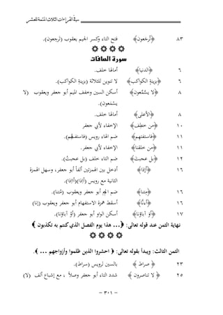 ‫ﰲ ﺍﻟﻘﺮﺍﺀﺍﺕ ﺍﻟﺜﻼﺙ ﺍﳌﺘﻤﺔ ﻟﻠﻌﺸﺮ‬

‫٣٨‬

‫٦‬

‫ِ‬
‫ﻓﺘﺢ اﻟﺘﺎء ﻛﺴﺮ اﳉﻴﻢ ﻳﻌﻘﻮب )ﺗَﺮﺟﻌﻮن(.‬
‫و‬
‫﴿ﺗُﺮﺟﻌﻮن﴾‬
‫َ‬
‫‪‬‬
‫‪‬‬
‫أﻣﺎﳍﺎ ﺧﻠﻒ.‬
‫﴿اﻟﺪﻧﻴﺎ﴾‬
‫ِ‬
‫ٍ‬
‫﴿ﺑﺰﻳﻨﺔ اﻟﻜﻮاﻛﺐ﴾ ﻻ ﺗﻨﻮﻳﻦ ﻟﻠﺜﻼﺛﺔ )ﺑﺰﻳﻨﺔ اﻟﻜﻮاﻛﺐ(.‬

‫٦‬
‫٨‬

‫﴿ﻻ ﻳﺴﻤﻌﻮن﴾‬
‫ﱠﱠ‬

‫٨‬
‫٠١‬
‫١١‬
‫١١‬

‫﴿اﻷﻋﻠﻰ﴾‬
‫ِ‬
‫﴿ﻣﻦ ﺧﻄﻒ﴾‬
‫ِ‬
‫﴿ﻓﺎﺳﺘﻔﺘﻬﻢ﴾‬
‫﴿ﻣﻦ ﺧﻠﻘﻨﺎ﴾‬

‫أﺳﻜﻦ اﻟﺴﲔ وﺧﻔﻒ اﳌﻴﻢ أﺑﻮ ﺟﻌﻔﺮ وﻳﻌﻘﻮب )ﻻ‬
‫ﻳﺴﻤﻌﻮن(.‬
‫َْ‬

‫أﻣﺎﳍﺎ ﺧﻠﻒ.‬
‫اﻹﺧﻔﺎء ﻷﰊ ﺟﻌﻔﺮ‬
‫ِ‬
‫ﺿﻢ اﳍﺎء روﻳﺲ )ﻓﺎﺳﺘﻔﺖﻢ(.‬
‫ﻫ‬
‫ُ‬
‫اﻹﺧﻔﺎء ﻷﰊ ﺟﻌﻔﺮ.‬

‫٢١‬
‫٦١‬

‫﴿ﺑﻞ ﻋﺠﺒﺖ﴾‬
‫َ‬
‫﴿أإذا﴾‬

‫٦١‬
‫٦١‬
‫٧١‬

‫ِ‬
‫﴿ﻣﺘﻨﺎ﴾‬
‫﴿أءﻧﱠﺎ﴾‬
‫﴿أو آﺑﺎؤﻧﺎ﴾‬
‫َ‬

‫ﺿﻢ اﻟﺘﺎء ﺧﻠﻒ )ﺑﻞ ﻋﺠﺒﺖ(.‬
‫ُ‬
‫أدﺧﻞ ﺑﲔ اﳍﻤﺰﺗﲔ أﻟﻔﺎً أﺑﻮ ﺟﻌﻔﺮ، وﺳﻬﻞ اﳍﻤﺰة‬
‫اﻟﺜﺎﻧﻴﺔ ﻣﻊ روﻳﺲ )أاِذا()أااِذا(.‬
‫ﺿﻢ اﱂﱘ أﺑﻮ ﺟﻌﻔﺮ وﻳﻌﻘﻮب )ﻣﺘﻨﺎ(.‬
‫ُ‬
‫أﺳﻘﻂ ﳘﺰة اﻻﺳﺘﻔﻬﺎم أﺑﻮ ﺟﻌﻔﺮ وﻳﻌﻘﻮب )إﻧﺎ(‬
‫أﺳﻜﻦ اﻟﻮاو أﺑﻮ ﺟﻌﻔﺮ )أو آﺑﺎؤﻧﺎ(.‬
‫ْ‬

‫ﻧـﻬﺎﻳﺔ اﻟﺜﻤﻦ ﻋﻨﺪ ﻗﻮﻟﻪ ﺗﻌﺎﻟﻰ: ‪ …‬ﻫﺬا ﻳﻮم اﻟﻔﺼﻞ اﻟﺬي ﻛﻨﺘﻢ ﺑﻪ ﺗﻜﺬﺑﻮن ‪‬‬
‫‪‬‬
‫‪B‬‬
‫٦۲‬

‫اﻟﺜﻤﻦ اﻟﺜﺎﻟﺚ: وﻳﺒﺪأ ﺑﻘﻮﻟﻪ ﺗﻌﺎﻟﻰ: ‪ ‬اﺣﺸﺮوا اﻟﺬﻳﻦ ﻇﻠﻤﻮا وأزواﺟﻬﻢ … ‪.‬‬

‫٣٢‬
‫٥٢‬

‫﴿ ﺻﺮاط ﴾‬
‫﴿ ﻻ ﺗﻨﺎﺻﺮون ﴾‬

‫ﺑﺎﻟﺴﲔ ﻟﺮوﻳﺲ )ﺳﺮاط(.‬
‫ﺷﺪد اﻟﺘﺎء أﺑﻮ ﺟﻌﻔﺮ وﺻﻼً ، ﻣﻊ إﺷﺒﺎع أﻟﻒ )ﻻ(‬
‫≠ ±∞≥ ≠‬

 