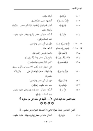 ‫ﻋﺒﲑ ﻣﻦ ﺍﻟﺘﺤﺒﲑ‬

‫٢٠١‬
‫٥٠١‬
‫٥٠١‬

‫﴿ﺷﺎء﴾‬
‫﴿ﻗﺪ ﺻﺪﻗﺖ﴾‬
‫ْ‬
‫﴿اﻟﺮؤﻳﺎ﴾‬

‫٦٠١‬

‫﴿ﻟـﻬـُﻮ﴾‬

‫١١١، ٢٢١‬

‫﴿اﳌﺆﻣﻨﲔ﴾ )ﻣﻌﺎً(‬
‫﴿ﻣﻮﺳﻰ﴾ )ﻣﻌﺎً(‬
‫﴿اﻟﺼﺮاط﴾‬

‫اﻷﺑﺪال ﻷﰊ ﺟﻌﻔﺮ )اﱂوﻣﻨﲔ(.‬
‫أﻣﺎﻟﻪم ا ﺧﻠﻒ .‬
‫ﺑﺎﻟﺴﲔ ﻟﺮوﻳﺲ )اﻟﺴﺮاط(.‬

‫٦٢١‬
‫٨٢١‬

‫﴿اﷲَ رﺑﱠﻜﻢ ورب﴾‬
‫ﱠ‬
‫﴿اﳌﺨﻠَﺼﲔ﴾‬

‫٠٣١‬

‫﴿إِل ﻳﺎﺳﲔ﴾‬
‫ْ‬

‫ﺑﺎﻟﺮﻓﻊ ﻷﰊ ﺟﻌﻔﺮ )اﷲُ رﺑﱡﻜﻢ ورب(‬
‫ﱡ‬
‫ﻛﺴﺮ اﻟﻼم ﻳﻌﻘﻮب )اﳌﺨﻠِﺼﲔ(.‬
‫ِ‬
‫ﻓﺘﺢ اﳍﻤﺰة وﻣﺪﻫﺎ ﻛﺴﺮ اﻟﻼم ﻳﻌﻘﻮب )آل ﻳﺎﺳﲔ (،‬
‫و‬
‫)آل(ﻷ�ﺎ‬
‫وﻟﻪ اﻟﻮﻗﻒ اﺿﻄﺮاراً واﺧﺘﺒﺎراً ﻋﻠﻰ‬

‫٢٣١‬
‫٧٣١‬

‫﴿اﳌﺆﻣﻨﲔ﴾‬
‫ِ‬
‫﴿ﻋﻠﻴﻬﻢ﴾‬

‫٤١١ ،٠٢١‬

‫٨١١‬

‫أﻣﺎﻟﻪا ﺧﻠﻒ .‬
‫أدﻏﻤﻬﺎ ﺧﻠﻒ )ﻗﺼﺪﻗﺖ(.‬
‫ﱠ‬

‫أﺑﺪل اﳍﻤﺰة واواً وأدﻏﻤﻬﺎ ﺑﺎﻟﻴﺎء أﺑﻮ ﺟﻌﻔﺮ )اﻟﺮي(‬
‫ﱡ ـﱠا‬
‫وأﻣﺎﳍﺎ ﺧﻠﻒ‬
‫أﺳﻜﻦ اﳍﺎء أﺑﻮ ﺟﻌﻔﺮ )ﳍْﻮ (، ووﻗﻒ ﻋﻠﻴﻬﺎ ﻳﻌﻘﻮب‬
‫ﺑﺎء اﻟﺴﻜﺖ)ﳍُﻮﻩ(.‬
‫ْ‬

‫ﻣﻔﺼﻮﻟﺔ.‬
‫اﻹﺑﺪال ﻷﰊ ﺟﻌﻔﺮ )اﳌﻮﻣﻨﲔ(.‬
‫ﺿﻢ اﳍﺎء ﻳﻌﻘﻮب )ﻋﻠﻴﻬﻢ(.‬
‫ُ‬

‫أﺳﻜﻦ اﳍﺎء أﺑﻮ ﺟﻌﻔﺮ )وﻫﻮ (، ووﻗﻒ ﻋﻠﻴﻬﺎ ﻳﻌﻘﻮب‬
‫﴿وﻫﻮ﴾‬
‫٢٤١‬
‫ْ‬
‫ُ‬
‫ﺑﺎء اﻟﺴﻜﺖ )وﻫﻮﻩ(.‬
‫ُْ‬
‫ِ‬
‫ﻧـﻬﺎﻳﺔ اﻟﺜﻤﻦ ﻋﻨﺪ ﻗﻮﻟﻪ ﺗﻌﺎﻟﻰ: ‪ … ‬ﻟَﻠَ ث ﻓﻲ ﺑﻄﻨﻪ إﻟﻰ ﻳﻮم ﻳﺒﻌﺜﻮن ‪.‬‬
‫ﺐ‬
‫‪‬‬

‫‪B‬‬
‫۷۲‬

‫٥٤١‬

‫اﻟﺜﻤﻦ اﻟﺨﺎﻣﺲ: وﻳﺒﺪأ ﺑﻘﻮﻟﻪ ﺗﻌﺎﻟﻰ: ‪ ‬ﻓﻨﺒﺬﻧﺎﻩ ﺑﺎﻟﻌﺮاء وﻫﻮ ﺳﻘﻴﻢ... ‪.‬‬
‫﴿وﻫﻮ﴾‬
‫ُ‬

‫أﺳﻜﻦ اﳍﺎء أﺑﻮ ﺟﻌﻔﺮ )وﻫﻮ (، ووﻗﻒ ﻋﻠﻴﻬﺎ ﻳﻌﻘﻮب‬
‫ْ‬
‫≠ ¥∞≥ ≠‬

 