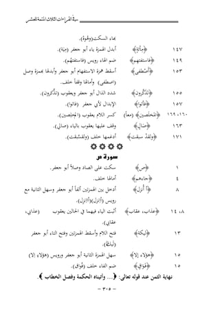 ‫ﰲ ﺍﻟﻘﺮﺍﺀﺍﺕ ﺍﻟﺜﻼﺙ ﺍﳌﺘﻤﺔ ﻟﻠﻌﺸﺮ‬

‫٧٤١‬

‫ِ ٍ‬
‫﴿ﻣﺎْﺋﺔ﴾‬
‫ِ‬
‫﴿ﻓﺎﺳﺘﻔﺘﻬﻢ﴾‬

‫٩٤١‬
‫٣٥١‬

‫﴿أَﺻﻄﻔﻰ﴾‬
‫ْ‬

‫٥٥١‬

‫َﱠ‬
‫﴿ﺗَﺬﻛﺮون﴾‬

‫﴿ﻓﺄﺗﻮا﴾‬
‫٧٥١‬
‫٠٦١، ٩٦١ ﴿اﳌﺨﻠَﺼﲔ﴾ )ﻣﻌﺎً(‬
‫ٍ‬
‫﴿ﺻﺎل﴾‬
‫٣٦١‬
‫َ‬
‫١٧١‬

‫١‬
‫٤‬

‫ﺑﺎء اﻟﺴﻜﺖ)وﻫﻮﻩ(.‬
‫ُْ‬
‫أﺑﺪل اﳍﻤﺰة ﻳﺎء أﺑﻮ ﺟﻌﻔﺮ ) ِ‬
‫ﻣﻴَﺔ(.‬

‫ﺿﻢ اﳍﺎء روﻳﺲ )ﻓﺎﺳﺘﻔﺘﻬﻢ(.‬
‫ُ‬
‫ﺳﻘﻂ ﳘﺰة اﻻﺳﺘﻔﻬﺎم أﺑﻮ ﺟﻌﻔﺮ وأﺑﺪﳍﺎ ﻬﺑﻤﺰة وﺻﻞ‬
‫)اﺻﻄﻔﻰ( وأﻣﺎﳍﺎ وﻗﻔﺎً ﺧﻠﻒ.‬
‫ﱠ‬
‫ﺷﺪد اﻟﺬال أﺑﻮ ﺟﻌﻔﺮ وﻳﻌﻘﻮب )ﺗﺬﻛﺮون(.‬

‫اﻹﺑﺪال ﻷﰊ ﺟﻌﻔﺮ )ﻓﺎﺗﻮا(.‬
‫ﻛﺴﺮ اﻟﻼم ﻳﻌﻘﻮب )اﱂﺧﻠِﺼﲔ (.‬
‫وﻗﻒ ﻋﻠﻴﻬﺎ ﻳﻌﻘﻮب ﺑﺎﻟﻴﺎء )ﺻﺎﱄ(.‬

‫أدﻏﻤﻬﺎ ﺧﻠﻒ )وﻟﻘﺴﺒﻘﺖ(.‬
‫﴿وﻟﻘﺪ ﺳﺒﻘﺖ﴾‬
‫ْ‬
‫ﱠ‬
‫‪‬‬
‫‪‬‬
‫ﺳﻜﺖ ﻋﻠﻰ اﻟﺼﺎد وﺻﻼً أﺑﻮ ﺟﻌﻔﺮ.‬
‫﴿ص﴾‬
‫أﻣﺎﳍﺎ ﺧﻠﻒ.‬
‫﴿ﺟﺎءﻫﻢ﴾‬

‫٨‬

‫﴿أ أُﻧﺰل﴾‬

‫٨، ٤١‬

‫﴿ﻋﺬاب، ﻋﻘﺎب﴾‬

‫٣١‬

‫﴿ﻟﻴﻜﺔ﴾‬

‫أدﺧﻞ ﺑﲔ اﳍﻤﺰﺗﲔ أﻟﻔﺎً أﺑﻮ ﺟﻌﻔﺮ وﺳﻬﻞ اﻟﺜﺎﻧﻴﺔ ﻣﻊ‬
‫ِ‬
‫روﻳﺲ )أاِﻧﺰل()أااِﻧﺰل(.‬
‫)ﻋﺬاﰊ،‬
‫أﺛﺒﺖ اﻟﻴﺎء ﻓﻴﻬﻤﺎ ﰲ اﳊﺎﻟﲔ ﻳﻌﻘﻮب‬
‫ﻋﻘﺎﰊ(.‬
‫ﻓﺘﺢ اﻟﻼم وأﺳﻘﻂ اﳍﻤﺰﺗﲔ وﻓﺘﺢ اﻟﺘﺎء أﺑﻮ ﺟﻌﻔﺮ‬
‫)ﻟَ َة(.‬
‫ﻴﻚَ‬
‫ِ‬
‫ﺳﻬﻞ اﳍﻤﺰة اﻟﺜﺎﻧﻴﺔ أﺑﻮ ﺟﻌﻔﺮ وروﻳﺲ )ﻫﺆﻻء اِﻻ(‬

‫﴿ﻫﺆﻻء إﻻ﴾‬
‫٥١‬
‫ٍ‬
‫ﺿﻢ اﻟﻔﺎء ﺧﻠﻒ )ﻓُﻮاق(.‬
‫﴿ﻓَـﻮاق﴾‬
‫٥١‬
‫َ‬
‫ﻧـﻬﺎﻳﺔ اﻟﺜﻤﻦ ﻋﻨﺪ ﻗﻮﻟﻪ ﺗﻌﺎﻟﻰ: ‪ ...‬وأﺗﻴﻨﺎﻩ اﻟﺤﻜﻤﺔ وﻓﺼﻞ اﻟﺨﻄﺎب ‪.‬‬
‫≠ ‪≠ ≥∞µ‬‬

 