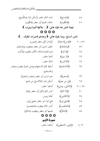 ‫ﰲ ﺍﻟﻘﺮﺍﺀﺍﺕ ﺍﻟﺜﻼﺙ ﺍﳌﺘﻤﺔ ﻟﻠﻌﺸﺮ‬

‫٨٤‬
‫١٥‬

‫﴿واﻟﻴَﺴﻊ﴾‬
‫َ‬
‫﴿م ﻛﺌﲔ﴾‬
‫ُت‬
‫ﱠ‬

‫ﺷﺪد اﻟﻼم ﺧﻠﻒ وأﺳﻜﻦ اﻟﻴﺎء )واﻟﻠﱠْﻴﺴﻊ(.‬
‫َ‬
‫ﺣﺬف اﳍﻤﺰة أﺑﻮ ﺟﻌﻔﺮ )م ﻛﲔ(.‬
‫ُت‬
‫ﱠ‬

‫٦٥، ٠٦‬
‫٧٥‬
‫٨٥‬
‫٢٦‬
‫٢٦‬
‫٣٦‬

‫﴿ﻓﺒﺌﺲ﴾ )ﻣﻌﺎً(‬
‫﴿وﻏﺴﺎق﴾‬
‫َﱠ‬
‫﴿وآﺧﺮ﴾‬
‫ُ‬
‫﴿ﻻ ﻧﺮى﴾‬
‫﴿اﻷﺷﺮار﴾‬
‫﴿أﲣﺬﻧﺎﻫﻢ﴾‬

‫اﻹﺑﺪال ﻷﰊ ﺟﻌﻔﺮ )ﻓﺒﻴﺲ(.‬
‫ﺧﻔﻒ اﻟﺴﲔ أﺑﻮ ﺟﻌﻔﺮ وﻳﻌﻘﻮب )وﻏﺴﺎق(.‬
‫ََ‬

‫٣٦‬
‫٩٦‬

‫ِ‬
‫﴿ﺳﺨﺮﻳﺎً﴾‬
‫﴿ﱄ ﻣﻦ ﻋﻠﻢ﴾‬
‫َ‬

‫)اﲣﺬﻧﺎﻫﻢ(.‬
‫ﺿﻢ اﻟﺴﲔ أﺑﻮ ﺟﻌﻔﺮ وﺧﻠﻒ )ﺳﺨﺮﻳﺎً(.‬
‫ُ‬
‫أﺳﻜﻦ اﻟﻴﺎء اﻟﺜﻼﺛﺔ )ﱄ ﻣﻦ ﻋﻠﻢ(.‬
‫ْ‬

‫ﻧـﻬﺎﻳﺔ اﻟﺜﻤﻦ ﻋﻨﺪ ﻗﻮﻟﻪ ﺗﻌﺎﻟﻰ: ‪ ...‬ﺑﻔﺎﻛﻬﺔ ﻛﺜﻴﺮة راب ‪.‬‬
‫وش‬
‫‪‬‬
‫اﻟﺜﻤﻦ اﻟﺴﺎﺑﻊ: وﻳﺒﺪأ ﺑﻘﻮﻟﻪ ﺗﻌﺎﻟﻰ: ‪ ‬وﻋﻨﺪﻫﻢ ﻗﺎﺻﺮات اﻟﻄﺮف ... ‪.‬‬

‫٩٦ ،٠٧‬
‫٠٧‬
‫٤٧‬
‫٨٧‬
‫٣٨‬
‫٤٨‬

‫٣، ٤‬

‫﴿اﻷﻋﻠﻰ، ﻳﻮﺣﻰ﴾‬
‫َ‬
‫﴿إﻻ أﳕﺎ﴾‬
‫﴿اﻟﻜﺎﻓﺮﻳﻦ﴾‬
‫﴿ﻟﻌﻨﱵ إﱃ﴾‬
‫ْ‬
‫﴿اﳌﺨﻠَﺼﲔ﴾‬
‫﴿ﻓﺎﳊﻖ﴾‬
‫ﱡ‬

‫ﺿﻢ اﳍﻤﺰة وﺣﺬف اﻷﻟﻒ ﻳﻌﻘﻮب )وأُﺧﺮ(.‬
‫َُ‬
‫أﻣﺎﳍﺎ ﺧﻠﻒ.‬
‫أﻣﺎﳍﺎ ﺧﻠﻒ.‬
‫أﺳﻘﻂ ﳘﺰة اﻻﺳﺘﻔﻬﺎم ووﺻﻞ اﳍﻤﺰة ﻳﻌﻘﻮب وﺧﻠﻒ‬

‫أﻣﺎﻟﻪم ا ﺧﻠﻒ .‬
‫ﻛﺴﺮ ﳘﺰة )أﱎا ( أﺑﻮ ﺟﻌﻔﺮ )إﳕﺎ(.‬
‫أﻣﺎﳍﺎ روﻳﺲ.‬
‫ﻓﺘﺢ اﻟﻴﺎء أﺑﻮ ﺟﻌﻔﺮ )ﻟﻌﻨﱵ إﱃ(.‬
‫َ‬
‫ﻛﺴﺮ اﻟﻼم ﻳﻌﻘﻮب )اﳌﺨﻠِﺼﲔ(.‬

‫ﻧﺼﺒﻬﺎ أﺑﻮ ﺟﻌﻔﺮ وﻳﻌﻘﻮب )ﻓﺎﳊﻖ(.‬
‫ﱠ‬
‫‪‬‬
‫‪‬‬
‫﴿زﻟﻔﻰ، ﻻﺻﻄﻔﻰ﴾ أﻣﺎﳍﻤﺎ ﺧﻠﻒ.‬
‫≠ ∑∞≥ ≠‬

 