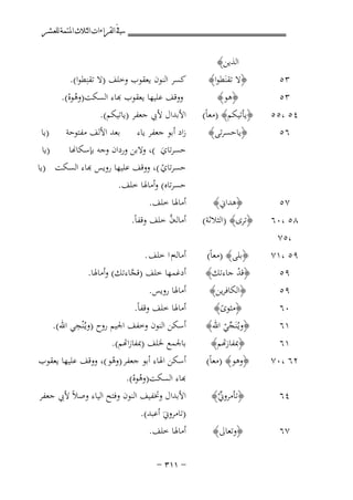 ‫ﰲ ﺍﻟﻘﺮﺍﺀﺍﺕ ﺍﻟﺜﻼﺙ ﺍﳌﺘﻤﺔ ﻟﻠﻌﺸﺮ‬

‫٣٥‬

‫اﻟﺬﻳﻦ﴾‬

‫﴿ﻻ ﺗﻘﻨَﻄﻮا﴾‬

‫٣٥‬
‫٤٥ ،٥٥‬
‫٦٥‬

‫﴿ﻫﻮ﴾‬
‫﴿ﻳﺄﺗﻴﻜﻢ﴾ )ﻣﻌﺎً(‬
‫﴿ﻳﺎﺣﺴﺮﺗﻰ﴾‬

‫ﻛﺴﺮ اﻟﻨﻮن ﻳﻌﻘﻮب وﺧﻠﻒ )ﻻ ﺗﻘﻨِﻄﻮا(.‬
‫وﻗﻒ ﻋﻠﻴﻬﺎ ﻳﻌﻘﻮب ﻬﺑﺎء اﻟﺴﻜﺖ)وﻫﻮﻩ(.‬
‫ُْ‬
‫اﻷﺑﺪال ﻷﰊ ﺟﻌﻔﺮ )ﻳﺎﺗﻴﻜﻢ(.‬
‫زاد أﺑﻮ ﺟﻌﻔﺮ ﻳﺎء ﺑﻌﺪ اﻷﻟﻒ ﻣﻔﺘﻮﺣﺔ )ﻳﺎ‬
‫)ﻳﺎ‬
‫ﺣﺴﺮﺗﺎي (، وﻻﺑﻦ وردان وﺟﻪ ﺑﺈﺳﻜﺎ�ﺎ‬
‫َ‬

‫٧٥‬

‫﴿ﻫﺪاﱐ﴾‬

‫٨٥ ،٠٦‬
‫،٥٧‬
‫٩٥ ،١٧‬
‫٩٥‬

‫﴿ﺗﺮى﴾ )اﻟﺜﻼﺛﺔ(‬

‫ﺣﺴﺮﺗﺎي ( ووﻗﻒ ﻋﻠﻴﻬﺎ روﻳﺲ ﻬﺑﺎء اﻟﺴﻜﺖ )ﻳﺎ‬
‫ْ‬
‫ﺣﺴﺮﺗﺎﻩ( وأﻣﺎﳍﺎ ﺧﻠﻒ.‬
‫أﻣﺎﳍﺎ ﺧﻠﻒ.‬
‫ﱠ‬
‫أﻣﺎﻟﻪن ﺧﻠﻒ وﻗﻔﺎً.‬

‫﴿ﺑﻠﻰ﴾ )ﻣﻌﺎً(‬
‫﴿ﻗﺪ ﺟﺎءﺗﻚ﴾‬
‫ْ‬

‫أﻣﺎﻟﻪم ا ﺧﻠﻒ .‬
‫أدﻏﻤﻬﺎ ﺧﻠﻒ )ﻗﺠﺎءﺗﻚ( وأﻣﺎﳍﺎ.‬
‫ﱠ‬

‫١٦‬
‫٢٦ ،٠٧‬

‫﴿ﻔﺎزﻬﺗﻢ﴾‬
‫﴿وﻫﻮ﴾ )ﻣﻌﺎً(‬

‫٤٦‬

‫﴿ﺗﺄﻣﺮوﱐ﴾‬
‫ﱢْ‬

‫ﺑﺎﳉﻤﻊ ﳋﻠﻒ )ﻔﺎزاﻬﺗﻢ(.‬
‫أﺳﻜﻦ اﳍﺎء أﺑﻮ ﺟﻌﻔﺮ )وﻫﻮ (، ووﻗﻒ ﻋﻠﻴﻬﺎ ﻳﻌﻘﻮب‬
‫ْ‬
‫ﺑﺎء اﻟﺴﻜﺖ)وﻫﻮﻩ(.‬
‫ُْ‬
‫اﻷﺑﺪال وﲣﻔﻴﻒ اﻟﻨﻮن وﻓﺘﺢ اﻟﻴﺎء وﺻﻼً ﻷﰊ ﺟﻌﻔﺮ‬

‫٧٦‬

‫﴿وﺗﻌﺎﱃ﴾‬

‫٩٥‬
‫٠٦‬
‫١٦‬

‫﴿اﻟﻜﺎﻓﺮﻳﻦ﴾‬
‫﴿ﻣﺜﻮى﴾‬
‫ً‬
‫﴿وﻳُـﻨَﺠﻲ اﷲ﴾‬
‫ﱢْ‬

‫أﻣﺎﳍﺎ روﻳﺲ.‬
‫أﻣﺎﳍﺎ ﺧﻠﻒ وﻗﻔﺎً.‬
‫ِ‬
‫أﺳﻜﻦ اﻟﻨﻮن وﺧﻔﻒ اﳉﻴﻢ روح )وﻳـُْﻨﺠﻲ اﷲ(.‬

‫)ﺗﺎﻣﺮوﱐَ أﻋﺒﺪ(.‬
‫أﻣﺎﳍﺎ ﺧﻠﻒ.‬
‫≠ ±±≥ ≠‬

 