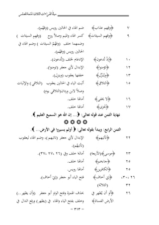 ‫ﰲ ﺍﻟﻘﺮﺍﺀﺍﺕ ﺍﻟﺜﻼﺙ ﺍﳌﺘﻤﺔ ﻟﻠﻌﺸﺮ‬

‫٧‬
‫٩‬

‫﴿وﻗِﻬﻢ ﻋﺬاب﴾ ﺿﻢ اﳍﺎء ﰲ اﳊﺎﻟﲔ روﻳﺲ )وﻗﻬﻢ(.‬
‫ُ‬
‫ِ‬
‫ِِ‬
‫﴿وﻗﻬﻢ اﻟﺴﻴﺌﺎت﴾ ﻛﺴﺮ اﳍﺎء واﳌﻴﻢ وﺻﻼً روح )وﻗﻬﻢ اﻟﺴﻴﺌﺎت (‬

‫٠١‬
‫٢١‬

‫﴿إذ ﺗُﺪﻋﻮن﴾‬
‫ْ‬
‫﴿ﺗﺆﻣﻨﻮا﴾‬

‫٣١‬
‫٥١‬

‫﴿وﻳـُﻨَـﺰل﴾‬
‫ﱢ‬
‫ِ‬
‫﴿اﻟﺘﻼق﴾‬

‫٦١‬
‫٧١‬

‫﴿ﻻ ﳜﻔﻰ﴾‬
‫﴿ﲡﺰى﴾‬

‫وﺿﻤﻬﻤﺎ ﺧﻠﻒ )وﻗﻬﻢ اﻟﺴﻴﺌﺎت ( وﺿﻢ اﳍﺎء ﰲ‬
‫ُُ‬
‫اﳊﺎﻟﲔ روﻳﺲ )وﻗﻬﻢ(.‬
‫ُ‬
‫اﻹدﻏﺎم ﳋﻠﻒ )إﺗﱠﺪﻋﻮن(.‬
‫اﻹﺑﺪال ﻷﰊ ﺟﻌﻔﺮ )ﺗﻮﻣﻨﻮا(.‬
‫ِ‬
‫ﺧﻔﻔﻬﺎ ﻳﻌﻘﻮب )وﻳﻨﺰل(.‬

‫أﺛﺒﺖ اﻟﻴﺎء ﰲ اﳊﺎﻟﲔ ﻳﻌﻘﻮب )اﻟﺘﻼﻗﻲ ( واﻹﺛﺒﺎت‬
‫وﺻﻼً ﻻﺑﻦ وردان)اﻟﺘﻼﻗﻲ ﻳﻮم(‬

‫أﻣﺎﳍﺎ ﺧﻠﻒ.‬
‫أﻣﺎﳍﺎ ﺧﻠﻒ.‬

‫ﻧـﻬﺎﻳﺔ اﻟﺜﻤﻦ ﻋﻨﺪ ﻗﻮﻟﻪ ﺗﻌﺎﻟﻰ: ‪ ...‬إن اﷲ ﻫﻮ اﻟﺴﻤﻴﻊ اﻟﻌﻠﻴﻢ ‪.‬‬
‫‪‬‬
‫اﻟﺜﻤﻦ اﻟﺮاﺑﻊ: وﻳﺒﺪأ ﺑﻘﻮﻟﻪ ﺗﻌﺎﻟﻰ: ‪ ‬أوﻟﻢ ﻳﺴﻴﺮوا ﻓﻲ اﻷرض... ‪.‬‬
‫اﻹﺑﺪال ﻷﰊ ﺟﻌﻔﺮ )ﺗﺎﺗﻴﻬﻢ (، وﺿﻢ اﳍﺎء ﻟﻴﻌﻘﻮب‬
‫)ﺗﺄﺗﻴﻬﻢ(.‬
‫ُ‬
‫أﻣﺎﻟﻪا ﺧﻠﻒ وﰲ )٦٢ ،٧٢ ،٧٣(.‬
‫أﻣﺎﳍﺎ ﺧﻠﻒ.‬

‫٢٢‬

‫﴿ﺗﺄﺗﻴﻬﻢ﴾‬

‫٣٢‬
‫٥٢‬

‫﴿ﻣﻮﺳﻰ﴾)اﻷرﺑﻌﺔ(‬
‫﴿ﺟﺎءﻫﻢ﴾‬

‫٥٢‬
‫٦٢ ،٠٣،‬
‫٢٣‬

‫﴿اﻟﻜﺎﻓﺮﻳﻦ﴾‬
‫﴿إﱐ أﺧﺎف﴾‬
‫)اﻟﺜﻼﺛﺔ(‬

‫أﻣﺎﳍﺎ روﻳﺲ.‬
‫ﻓﺘﺢ اﻟﻴﺎء أﺑﻮ ﺟﻌﻔﺮ )إﱐَ أﺧﺎف(.‬

‫٦٢‬

‫﴿أو أن ﻳُﻈﻬﺮ ﰲ‬
‫اﻷرض اﻟﻔﺴﺎد﴾‬
‫َ‬

‫ﲝﺬف اﳍﻤﺰة وﻓﺘﺢ اﻟﻮاو أﺑﻮ ﺟﻌﻔﺮ )وأن ﻳﻈﻬﺮ ..(‬
‫َ‬
‫وﺧﻠﻒ ﺑﻔﺘﺢ اﻟﻴﺎء واﳍﺎء ﰲ )ﻳﻈﻬﺮ ( ورﻓﻊ اﻟﺪال ﰲ‬
‫≠ ≥±≥ ≠‬

 