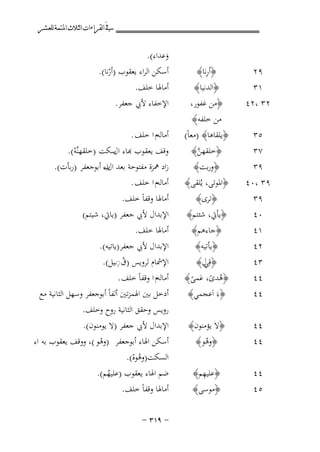 ‫ﰲ ﺍﻟﻘﺮﺍﺀﺍﺕ ﺍﻟﺜﻼﺙ ﺍﳌﺘﻤﺔ ﻟﻠﻌﺸﺮ‬

‫٩٢‬

‫ِ‬
‫﴿أرﻧﺎ﴾‬

‫١٣‬
‫٢٣ ،٢٤‬

‫﴿اﻟﺪﻧﻴﺎ﴾‬
‫﴿ﻣﻦ ﻏﻔﻮر،‬
‫ﻣﻦ ﺧﻠﻔﻪ﴾‬
‫﴿ﻳﻠﻘﺎﻫﺎ﴾ )ﻣﻌﺎً(‬

‫٩٣‬
‫٠٤‬
‫١٤‬
‫٢٤‬

‫﴿ﺗﺮى﴾‬
‫﴿ﻳﺄﰐ، ﺷﺌﺘﻢ﴾‬
‫﴿ﺟﺎءﻫﻢ﴾‬
‫﴿ﻳﺄﺗﻴﻪ﴾‬
‫﴿ﻗِ ل﴾‬
‫ﻲ‬

‫٥٣‬
‫٧٣‬
‫٩٣‬
‫٩٣ ،٠٤‬

‫﴿ﺧﻠﻘﻬﻦ﴾‬
‫ﱠ‬
‫﴿ورﺑﺖ﴾‬
‫﴿اﳌﻮﺗﻰ، ﻳُﻠﻘﻰ﴾‬

‫٣٤‬
‫٤٤‬
‫٤٤‬

‫﴿ﻫﺪى، ﻋﻤﻰ﴾‬
‫ُ ً َ ً‬
‫﴿ءَ اَﻋﺠﻤﻲ﴾‬

‫٤٤‬
‫٤٤‬

‫﴿ﻻ ﻳﺆﻣﻨﻮن﴾‬
‫﴿وﻫﻮ﴾‬
‫ُ‬

‫٤٤‬
‫٥٤‬

‫ِ‬
‫﴿ﻋﻠﻴﻬﻢ﴾‬
‫﴿ﻣﻮﺳﻰ﴾‬

‫وﻋﺪاء(.‬
‫َ‬
‫أﺳﻜﻦ اﻟﺮاء ﻳﻌﻘﻮب )أرﻧﺎ(.‬
‫ْ‬

‫أﻣﺎﳍﺎ ﺧﻠﻒ.‬
‫اﻹﺧﻔﺎء ﻷﰊ ﺟﻌﻔﺮ.‬
‫أﻣﺎﻟﻪم ا ﺧﻠﻒ .‬

‫ﻗﻒ ﻳﻌﻘﻮب ﻬﺑﺎء ﺳﻜﺖ )ﺧﻠﻘﻬﻨﱠﻪ(.‬
‫ال‬
‫ْ‬
‫زاد ﳘﺰة ﻣﻔﺘﻮﺣﺔ ﺑﻌﺪ ب أﺑﻮﺟﻌﻔﺮ )رﺑﺄت(.‬
‫الاء‬
‫أﻣﺎﻟﻪم ا ﺧﻠﻒ .‬
‫أﻣﺎﳍﺎ وﻗﻔﺎً ﺧﻠﻒ.‬
‫اﻹﺑﺪال ﻷﰊ ﺟﻌﻔﺮ )ﻳﺎﰐ، ﺷﻴﺘﻢ(‬
‫أﻣﺎﳍﺎ ﺧﻠﻒ.‬
‫اﻹﺑﺪال ﻷﰊ ﺟﻌﻔﺮ)ﻳﺎﺗﻴﻪ(.‬
‫ُِ‬
‫اﻹﴰﺎم ﻟﺮوﻳﺲ )ق◌ـﻴﻞ(.‬

‫أﻣﺎﻟﻪم ا وﻗﻔﺎً ﺧﻠﻒ .‬
‫أدﺧﻞ ﺑﲔ اﳍﻤﺰﺗﲔ أﻟﻔﺎً أﺑﻮﺟﻌﻔﺮ وﺳﻬﻞ اﻟﺜﺎﻧﻴﺔ ﻣﻊ‬

‫روﻳﺲ وﺣﻘﻖ اﻟﺜﺎﻧﻴﺔ روح وﺧﻠﻒ.‬
‫اﻹﺑﺪال ﻷﰊ ﺟﻌﻔﺮ )ﻻ ﻳﻮﻣﻨﻮن(.‬
‫أﺳﻜﻦ اﳍﺎء أﺑﻮﺟﻌﻔﺮ )وﻫﻮ (، ووﻗﻒ ﻳﻌﻘﻮب ﺑﻪ اء‬
‫ْ‬
‫اﻟﺴﻜﺖ)وﻫﻮﻩ(.‬
‫ُْ‬
‫ﺿﻢ اﳍﺎء ﻳﻌﻘﻮب )ﻋﻠﻴﻬﻢ(.‬
‫ُ‬
‫أﻣﺎﳍﺎ وﻗﻔﺎً ﺧﻠﻒ.‬
‫≠ ‪≠ ≥±π‬‬

 