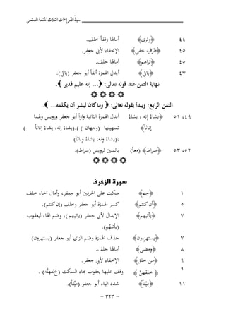 ‫ﰲ ﺍﻟﻘﺮﺍﺀﺍﺕ ﺍﻟﺜﻼﺙ ﺍﳌﺘﻤﺔ ﻟﻠﻌﺸﺮ‬

‫٤٤‬
‫٥٤‬

‫﴿وﺗﺮى﴾‬
‫ٍ‬
‫﴿ﻃﺮف ﺧﻔﻲ﴾‬

‫٥٤‬
‫٧٤‬

‫﴿ﺗﺮاﻫﻢ﴾‬
‫﴿ﻳﺎﰐ﴾‬

‫أﻣﺎﳍﺎ وﻗﻔﺎً ﺧﻠﻒ.‬
‫اﻹﺧﻔﺎء ﻷﰊ ﺟﻌﻔﺮ.‬
‫أﻣﺎﳍﺎ ﺧﻠﻒ.‬
‫أﺑﺪل اﳍﻤﺰة أﻟﻔﺎً أﺑﻮ ﺟﻌﻔﺮ )ﻳﺎﰐ(.‬

‫ﻧـﻬﺎﻳﺔ اﻟﺜﻤﻦ ﻋﻨﺪ ﻗﻮﻟﻪ ﺗﻌﺎﻟﻰ: ‪ ...‬إﻧﻪ ﻋﻠﻴﻢ ﻗﺪﻳﺮ ‪.‬‬
‫‪‬‬
‫اﻟﺜﻤﻦ اﻟﺮاﺑﻊ: وﻳﺒﺪأ ﺑﻘﻮﻟﻪ ﺗﻌﺎﻟﻰ: ‪ ‬وﻣﺎ ﻛﺎن ﻟﺒﺸﺮ أن ﻳﻜﻠﻤﻪ... ‪.‬‬
‫٩٤، ١٥ ﴿ﻳﺸﺎءُ إِﻧﻪ ، ﻳﺸﺎءُ أﺑﺪل اﳍﻤﺰة اﻟﺜﺎﻧﻴﺔ واواً أﺑﻮ ﺟﻌﻔﺮ وروﻳﺲ وﳍﻤﺎ‬
‫إﻧﺎﺛﺎً﴾‬
‫ﺗﺴﻬﻴﻠﻬﺎ )وﺟﻬﺎن ( (.)ﻳﺸﺎءُ اِﻧﻪ، ﻳﺸﺎءُ اِﻧﺎﺛﺎً‬
‫ِ‬
‫ِ‬
‫،)ﻳﺸﺎءُ وﻧﻪ، ﻳﺸﺎءُ وﻧﺎﺛﺎً(‬
‫﴿ﺻﺮاط﴾ )ﻣﻌﺎً( ﺑﺎﻟﺴﲔ ﻟﺮوﻳﺲ )ﺳﺮاط(.‬
‫٢٥، ٣٥‬
‫‪‬‬

‫١‬
‫٥‬

‫﴿ﺣﻢ﴾‬
‫﴿أن ﻛﻨﺘﻢ﴾‬

‫٧‬

‫﴿ﻳﺄﺗﻴﻬﻢ﴾‬

‫٧‬

‫ِ‬
‫﴿ﻳﺴﺘﻬﺰءون﴾‬

‫٨‬
‫٩‬

‫﴿وﻣﻀﻰ﴾‬
‫﴿ﻣﻦ ﺧﻠﻖ﴾‬

‫۹‬

‫١١‬

‫[ ﺧﻠﻘﻬﻦ ‪Z‬‬
‫ﱠ‬

‫﴿ﻣﻴﺘﺎً﴾‬
‫ْ‬

‫‪‬‬
‫ﺳﻜﺖ ﻋﻠﻰ اﳊﺮﻓﲔ أﺑﻮ ﺟﻌﻔﺮ، وأﻣﺎل اﳊﺎء ﺧﻠﻒ‬
‫ﻛﺴﺮ اﳍﻤﺰة أﺑﻮ ﺟﻌﻔﺮ وﺧﻠﻒ )إن ﻛﻨﺘﻢ(.‬
‫اﻹﺑﺪال ﻷﰊ ﺟﻌﻔﺮ )ﻳﺎﺗﻴﻬﻢ (، وﺿﻢ اﳍﺎء ﻟﻴﻌﻘﻮب‬
‫)ﻳﺄﺗﻴﻬﻢ(.‬
‫ُ‬
‫ﺣﺬف اﳍﻤﺰة وﺿﻢ اﻟﺰاي أﺑﻮ ﺟﻌﻔﺮ )ﻳﺴﺘﻬﺰون(‬
‫أﻣﺎﳍﺎ ﺧﻠﻒ.‬
‫اﻹﺧﻔﺎء ﻷﰊ ﺟﻌﻔﺮ.‬
‫ﻗﻒ ﻋﻠﻴﻬﺎ ﻳﻌﻘﻮب ﻬﺑﺎء اﻟﺴﻜﺖ )خﻟﻘﻬﻨﱠﻪ ( .‬
‫ﺷﺪد اﻟﻴﺎء أﺑﻮ ﺟﻌﻔﺮ )ﻣﻴﱢﺘﺎً(.‬
‫≠ ≥≤≥ ≠‬

‫(‬

 