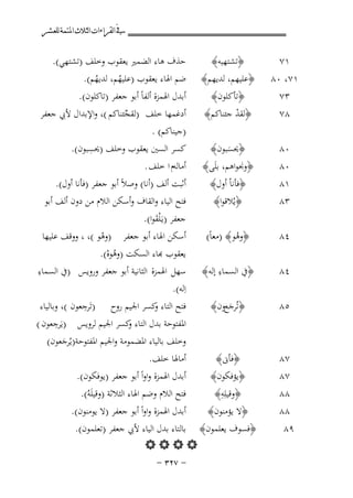 ‫ﰲ ﺍﻟﻘﺮﺍﺀﺍﺕ ﺍﻟﺜﻼﺙ ﺍﳌﺘﻤﺔ ﻟﻠﻌﺸﺮ‬

‫١٧‬
‫١٧، ٠٨‬

‫﴿ﺗﺸﺘﻬﻴﻪ﴾‬
‫﴿ﻋﻠﻴﻬﻢ، ﻟﺪﻳﻬﻢ﴾‬

‫٣٧‬
‫٨٧‬

‫﴿ﺗﺄﻛﻠﻮن﴾‬
‫﴿ﻟﻘﺪ ﺟﺌﻨﺎﻛﻢ﴾‬
‫ْ‬

‫٠٨‬
‫٠٨‬
‫١٨‬
‫٣٨‬

‫﴿ﳛﺴﺒﻮن﴾‬
‫َ‬

‫أﺑﺪل اﳍﻤﺰة أﻟﻔﺎً أﺑﻮ ﺟﻌﻔﺮ )ﺗﺎﻛﻠﻮن(.‬
‫أدﻏﻤﻬﺎ ﺧﻠﻒ )ﻟﻘﺠﺌﻨﺎﻛﻢ (، واﻹﺑﺪال ﻷﰊ ﺟﻌﻔﺮ‬
‫ﱢ‬
‫)ﺟﻴﻨﺎﻛﻢ( .‬
‫ِ‬
‫ﻛﺴﺮ اﻟﺴﲔ ﻳﻌﻘﻮب وﺧﻠﻒ )ﳛﺴﺒﻮن(.‬

‫﴿وﳒﻮاﻫﻢ، ﺑﻠَﻰ﴾‬
‫﴿ﻓﺄﻧﺎْ أول﴾‬
‫﴿ﻳُﻼﻗﻮا﴾‬

‫أﻣﺎﻟﻪم ا ﺧﻠﻒ .‬
‫أﺛﺒﺖ أﻟﻒ )أﻧﺎ( وﺻﻼً أﺑﻮ ﺟﻌﻔﺮ )ﻓﺄﻧﺎ أول(.‬
‫ﻓﺘﺢ اﻟﻴﺎء واﻟﻘﺎف وأﺳﻜﻦ اﻟﻼم ﻣﻦ دون أﻟﻒ أﺑﻮ‬

‫٤٨‬

‫﴿وﻫﻮ﴾ )ﻣﻌﺎً(‬
‫ُ‬

‫٤٨‬

‫ِ‬
‫﴿ﰲ اﻟﺴﻤﺎء إﻟﻪ﴾‬

‫٥٨‬

‫﴿ﺗُﺮﺟﻊون﴾‬
‫َ‬

‫٧٨‬
‫٧٨‬
‫٨٨‬

‫﴿ﻓﺄﱏ﴾‬
‫﴿ﻳﺆﻓﻜﻮن﴾‬
‫ِ‬
‫﴿وﻗﻴﻠِﻪ﴾‬

‫٨٨‬
‫٩٨‬

‫ﺣﺬف ﻫﺎء اﻟﻀﻤﲑ ﻳﻌﻘﻮب وﺧﻠﻒ )ﺗﺸﺘﻬﻲ(.‬
‫ﺿﻢ اﳍﺎء ﻳﻌﻘﻮب )ﻋﻠﻴﻬﻢ، ﻟﺪﻳﻬﻢ(.‬
‫ُ‬
‫ُ‬

‫ﺟﻌﻔﺮ )ﻳـَْﻠﻘﻮا(.‬
‫َ‬
‫أﺳﻜﻦ اﳍﺎء أﺑﻮ ﺟﻌﻔﺮ )وﻫﻮ (، ، ووﻗﻒ ﻋﻠﻴﻬﺎ‬
‫ْ‬
‫ﻌﻘﻮب ﻬﺑﺎء اﻟﺴﻜﺖ )وﻫﻮﻩ(.‬
‫ُْ‬
‫ِ‬
‫ﺳﻬﻞ اﳍﻤﺰة اﻟﺜﺎﻧﻴﺔ أﺑﻮ ﺟﻌﻔﺮ وروﻳﺲ )ﰲ اﻟﺴﻤﺎء‬
‫اِﻟﻪ(.‬

‫ِ‬
‫ﻓﺘﺢ اﻟﺘﺎء ﻛﺴﺮ اﳉﻴﻢ روح )ﺗَﺮﺟﻌﻮن (، وﺑﺎﻟﻴﺎء‬
‫و‬
‫ِ‬
‫و‬
‫اﳌﻔﺘﻮﺣﺔ ﺑﺪل اﻟﺘﺎء ﻛﺴﺮ اﳉﻴﻢ ﻟﺮوﻳﺲ )ﻳَﺮﺟﻌﻮن (‬

‫وﺧﻠﻒ ﺑﺎﻟﻴﺎء اﳌﻀﻤﻮﻣﺔ واﳉﻴﻢ اﳌﻔﺘﻮﺣﺔ)ﻳُﺮﺟﻌﻮن(‬
‫َ‬
‫أﻣﺎﳍﺎ ﺧﻠﻒ.‬
‫أﺑﺪل اﳍﻤﺰة واواً أﺑﻮ ﺟﻌﻔﺮ )ﻳﻮﻓﻜﻮن(.‬
‫ﻓﺘﺢ اﻟﻼم وﺿﻢ اﳍﺎء اﻟﺜﻼﺛﺔ )وﻗﻴﻠَﻪُ(.‬

‫أﺑﺪل اﳍﻤﺰة واواً أﺑﻮ ﺟﻌﻔﺮ )ﻻ ﻳﻮﻣﻨﻮن(.‬
‫﴿ﻻ ﻳﺆﻣﻨﻮن﴾‬
‫﴿ﻓﺴﻮف ﻳﻌﻠﻤﻮن﴾ ﺑﺎﻟﺘﺎء ﺑﺪل اﻟﻴﺎء ﻷﰊ ﺟﻌﻔﺮ )ﺗﻌﻠﻤﻮن(.‬
‫‪   ‬‬
‫≠ ∑≤≥ ≠‬

 