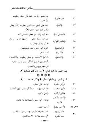 ‫ﰲ ﺍﻟﻘﺮﺍﺀﺍﺕ ﺍﻟﺜﻼﺙ ﺍﳌﺘﻤﺔ ﻟﻠﻌﺸﺮ‬

‫ﺑﻴﺎء ﻣﻀﻢ وﻣﺔ ﺑﺪل اﻟﻨﻮن ﻷﰊ ﺟﻌﻔﺮ وﻳﻌﻘﻮب‬
‫)وﻳُﺘﺠﺎوز(.‬
‫ﱠ‬
‫ﺑﻨﺎﻫﺎ ﻋﻠﻰ اﻟﻔﺘﺢ دون ﺗﻨﻮﻳﻦ ﻳﻌﻘﻮب )أف( وﻋﻠﻰ‬

‫٦١‬

‫﴿وﻧﺘﺠﺎوز﴾‬

‫٧١‬

‫ﱟ‬
‫﴿أف﴾‬

‫٧١‬

‫﴿أﺗﻌﺪاﻧﲏ أن﴾‬
‫ْ‬

‫٨١‬

‫﴿ﻋﻠﻴﻬﻢ اﻟﻘﻮل﴾‬

‫٩١‬
‫٠٢‬

‫﴿وﻟﻴﻮﻓﻴَﻬﻢ﴾‬
‫﴿اﻟﺪﻧﻴﺎ﴾‬

‫٠٢‬

‫﴿أذﻫﺒﺘﻢ﴾‬

‫زاد ﳘﺰة اﻻﺳﺘﻔﻬﺎم أﺑﻮ ﺟﻌﻔﺮ وﻳﻌﻘﻮب )أ أذﻫﺒﺘﻢ (‬
‫وأدﺧﻞ ﺑﲔ اﳍﻤﺰﺗﲔ أﻟﻔﺎً أﺑﻮ ﺟﻌﻔﺮ وﺳﻬﻞ اﻟﺜﺎﻧﻴﺔ‬
‫أﺑﻮ ﺟﻌﻔﺮ وروﻳﺲ )أاَذﻫﺒﺘﻢ(.‬

‫﴿وﻣﻦ ﺧﻠﻔﻪ﴾‬
‫﴿إﱐ أﺧﺎف ،‬
‫ْ‬
‫وﻟﻜﲏ أراﻛﻢ﴾‬
‫ْ‬

‫اﻹﺧﻔﺎء ﻷﰊ ﺟﻌﻔﺮ.‬
‫ﻓﺘﺢ اﻟﻴﺎء ﻓﻴﻬﻤﺎ وﺻﻼً أﺑﻮ ﺟﻌﻔﺮ )إﱐَ أﺧﺎف،‬
‫وﻟﻜﲏ أراﻛﻢ(.‬
‫َ‬

‫١٢‬
‫١٢،‬
‫٣٢‬
‫٢٢‬
‫٣٢، ٥٢‬
‫٥٢‬

‫ﱢ‬
‫اﻟﻜﺴﺮ دون ﺗﻨﻮﻳﻦ ﺧﻠﻒ )أف(‬
‫ﻓﺘﺢ اﻟﻴﺎء وﺻﻼً أﺑﻮ ﺟﻌﻔﺮ )أﺗﻌﺪاﻧﲏ أن(.‬
‫َ‬
‫ﺿﻢ اﳍﺎء وﺻﻼً ﺧﻠﻒ )ﻋﻠﻴﻬﻢ اﻟﻘﻮل (، وﰲ‬
‫ُُ‬

‫اﳊﺎﻟﲔ ﻳﻌﻘﻮب )ﻋﻠﻴﻬﻢ(‬
‫ُ‬
‫ﺑﺎﻟﻨﻮن ﻷﰊ ﺟﻌﻔﺮ وﺧﻠﻒ )وﻟﻨﻮﻓﻴَﻬﻢ(.‬
‫أﻣﺎﳍﺎ ﺧﻠﻒ.‬

‫ﻧـﻬﺎﻳﺔ اﻟﺜﻤﻦ ﻋﻨﺪ ﻗﻮﻟﻪ ﺗﻌﺎﻟﻰ: ‪ … ‬وب ﻛﻨﺘﻢ ﺗﻔﺴﻘﻮن ‪.‬‬
‫ﻣﺎ‬
‫‪‬‬
‫اﻟﺜﻤﻦ اﻟﺜﺎﻧﻲ: وﻳﺒﺪأ ﺑﻘﻮﻟﻪ ﺗﻌﺎﻟﻰ: ‪ ‬واذﻛﺮ أﺧﺎ ﻋﺎد … ‪.‬‬

‫﴿أﺟﺌﺘﻨﺎ ﻟﺘﺄﻓﻜﻨﺎ،‬
‫ﻓﺄﺗﻨﺎ﴾‬
‫﴿أراﻛﻢ، ﻳﺮى﴾‬
‫﴿ﻻ ﻳُﺮى إﻻ‬
‫ﻣﺴﺎﻛﻨُـﻬﻢ﴾‬
‫ُ‬

‫اﻹﺑﺪال ﻷﰊ ﺟﻌﻔﺮ )أﺟﻴﺘﻨﺎ ﻟﺘﺎﻓﻜﻨﺎ، ﻓﺎﺗﻨﺎ(.‬
‫أﻣﺎﳍﻤﺎ ﺧﻠﻒ.‬
‫ﺑﺎﻟﺘﺎء اﳌﻔﺘﻮﺣﺔ ﺑﺪل اﻟﻴﺎء وﻧﺼﺐ ﻧﻮن ﻣﺴﺎﻛﻨﻬﻢ‬
‫ﻷﰊ ﺟﻌﻔﺮ )ﻻ رى إﻻ ﻣﺴﺎﻛﻨَﻬﻢ(.‬
‫ت‬
‫َ‬
‫≠ ≥≥≥ ≠‬

 