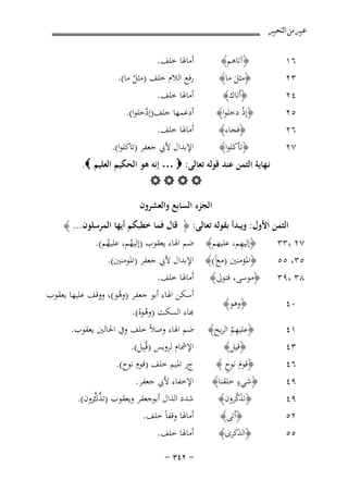 ‫ﻋﺒﲑ ﻣﻦ ﺍﻟﺘﺤﺒﲑ‬

‫٦١‬
‫٣٢‬
‫٤٢‬
‫٥٢‬
‫٦٢‬
‫٧٢‬

‫أﻣﺎﳍﺎ ﺧﻠﻒ.‬
‫رﻓﻊ اﻟﻼم ﺧﻠﻒ )ﻣﺜﻞ ﻣﺎ(.‬
‫ُ‬

‫﴿آﺗﺎﻫﻢ﴾‬
‫﴿ﻣﺜﻞ ﻣﺎ﴾‬
‫َ‬

‫أﻣﺎﳍﺎ ﺧﻠﻒ.‬
‫أدﻏﻤﻬﺎ ﺧﻠﻒ)إدﺧﻠﻮا(.‬
‫ﱠ‬
‫أﻣﺎﳍﺎ ﺧﻠﻒ.‬
‫اﻹﺑﺪال ﻷﰊ ﺟﻌﻔﺮ )ﺗﺎﻛﻠﻮا(.‬

‫﴿أﺗﺎك﴾‬
‫﴿إذ دﺧﻠﻮا﴾‬
‫ْ‬
‫﴿ﻓﺠﺎء﴾‬
‫﴿ﺗﺄﻛﻠﻮا﴾‬

‫ﻧـﻬﺎﻳﺔ اﻟﺜﻤﻦ ﻋﻨﺪ ﻗﻮﻟﻪ ﺗﻌﺎﻟﻰ: ‪ … ‬إﻧﻪ ﻫﻮ اﻟﺤﻜﻴﻢ اﻟﻌﻠﻴﻢ ‪.‬‬
‫‪‬‬
‫‪B‬‬
‫۲۳‬

‫اﻟﺠﺰء اﻟﺴﺎﺑﻊ واﻟﻌﺸﺮون‬

‫اﻟﺜﻤﻦ اﻷول: وﻳﺒﺪأ ﺑﻘﻮﻟﻪ ﺗﻌﺎﻟﻰ: ﴿ ﻗﺎل ﻓﻤﺎ ﺧﻄﺒﻜﻢ أﻳﻬﺎ اﻟﻤﺮﺳﻠﻮن... ﴾‬
‫ِ‬
‫﴿إﻟﻴﻬﻢ، ﻋﻠﻴﻬﻢ﴾ ﺿﻢ اﳍﺎء ﻳﻌﻘﻮب )إﻟﻴﻬﻢ، ﻋﻠﻴﻬﻢ(.‬
‫٧٢ ،٣٣‬
‫ُ‬
‫ُ‬

‫٥٣، ٥٥‬
‫٨٣ ،٩٣‬
‫٠٤‬
‫١٤‬
‫٣٤‬
‫٦٤‬
‫٩٤‬
‫٩٤‬
‫٢٥‬
‫٥٥‬

‫﴿اﳌﺆﻣﻨﲔ )ﻣﻊاً(﴾ اﻹﺑﺪال ﻷﰊ ﺟﻌﻔﺮ )اﳌﻮﻣﻨﲔ(.‬
‫﴿ﻣﻮﺳﻰ، ﻓﺘﻮﱃ﴾ أﻣﺎﳍﺎ ﺧﻠﻒ.‬
‫أﺳﻜﻦ اﳍﺎء أﺑﻮ ﺟﻌﻔﺮ )وﻫﻮ(، ووﻗﻒ ﻋﻠﻴﻬﺎ ﻳﻌﻘﻮب‬
‫ْ‬
‫﴿وﻫﻮ﴾‬
‫ﺑﺎء اﻟﺴﻜﺖ )وﻫﻮﻩ(.‬
‫ُْ‬
‫ِ‬
‫﴿ﻋﻠﻴﻬﻢ اﻟﺮﻳﺢ﴾ ﺿﻢ اﳍﺎء وﺻﻼً ﺧﻠﻒ وﰲ اﳊﺎﻟﲔ ﻳﻌﻘﻮب.‬
‫ُ‬
‫اﻹﴰﺎم ﻟﺮوﻳﺲ )ﻗُـِﻴﻞ(.‬
‫﴿ﻗﻴﻞ﴾‬
‫ِ‬
‫جر اﳌﻴﻢ ﺧﻠﻒ )ﻗﻮم ﻧﻮح(.‬
‫﴿ﻗﻮم ﻧﻮح ﴾‬
‫َ ٍ‬
‫ٍ‬
‫اﻹﺧﻔﺎء ﻷﰊ ﺟﻌﻔﺮ.‬
‫﴿ﺷﻲء ﺧﻠﻘﻨﺎ﴾‬
‫ﱠﱠ‬
‫َﱠ‬
‫ﺷﺪد اﻟﺬال أﺑﻮﺟﻌﻔﺮ وﻳﻌﻘﻮب )ﺗﺬكرون(.‬
‫﴿ﺗﺬﻛﺮون﴾‬
‫أﻣﺎﳍﺎ وﻗﻔﺎً ﺧﻠﻒ.‬
‫﴿أﺗﻰ﴾‬
‫﴿اﻟﺬﻛﺮى﴾‬

‫أﻣﺎﳍﺎ ﺧﻠﻒ.‬
‫≠ ≤¥≥ ≠‬

 