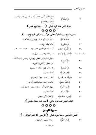 ‫ﻋﺒﲑ ﻣﻦ ﺍﻟﺘﺤﺒﲑ‬

‫٧‬

‫١١‬

‫﴿ﺧ ﱠﻌﺎً﴾‬
‫ُﺸ َ‬

‫ﻓﺘﺢ اﳋﺎء وأﻟﻒ ﺑﻌﺪﻫﺎ ﻛﺴﺮ اﻟﺸﲔ ﳐﻔﻔﺔ ﻳﻌﻘﻮب‬
‫و‬
‫وﺧﻠﻒ)ﺧﺎﺷﻌﺎً(‬

‫﴿ﻓﻔﺘﺤﻨﺎ﴾‬

‫ﺷﺪد اﻟﺘﺎء أﺑﻮ ﺟﻌﻔﺮ وﻳﻌﻘﻮب )ﻓﻔﺘﱠﺤﻨﺎ(.‬

‫ﻧـﻬﺎﻳﺔ اﻟﺜﻤﻦ ﻋﻨﺪ ﻗﻮﻟﻪ ﺗﻌﺎﻟﻰ: ‪ … ‬ﻫﺬا ﻳﻮم ﻋﺴﺮ ‪.‬‬
‫‪‬‬
‫اﻟﺜﻤﻦ اﻟﺮاﺑﻊ: وﻳﺒﺪأ ﺑﻘﻮﻟﻪ ﺗﻌﺎﻟﻰ: ‪ ‬ﻛﺬﺑﺖ ﻗﺒﻠﻬﻢ ﻗﻮم ﻧﻮح … ‪.‬‬

‫﴿ﻓﺎﻟﺘﻘﻰ﴾‬
‫٢١‬
‫﴿وﻧُﺬر﴾ )ﻛﻠﻪ(‬
‫٦١‬
‫ُ‬
‫٩١ ،١٣ ،٤٣ ﴿ﻋﻠﻴﻬﻢ﴾ )ﻛﻠﻪ(‬

‫أﻣﺎﳍﺎ وﻗﻔﺎً خﻟﻒ .‬

‫أﺛﺒﺖ اﻟﻴﺎء ﰲ اﳊﺎﻟﲔ ﻳﻌﻘﻮب )٨١،١٢،٠٣ ،٧٣، ٩٣(.‬

‫ﺿﻢ اﳍﺎء ﻳﻌﻘﻮب )ﻋﻠﻴﻬﻢ(.‬
‫ُ‬
‫ﺳﻬﻞ اﻟﺜﺎﻧﻴﺔ أﺑﻮ ﺟﻌﻔﺮ وروﻳﺲ، وأدﺧﻞ ﺑﻴﻨﻬﻤﺎ أﻟﻔﺎً‬

‫٥٢‬

‫﴿أؤﻟﻘﻲ﴾‬
‫ُ‬

‫٨٢‬
‫٩٢‬

‫﴿وﻧﺒﱢـﺌﻬﻢ﴾‬
‫﴿ﻓﺘﻌﺎﻃﻰ﴾‬

‫٨٣‬
‫١٤‬
‫١٤‬
‫٦٤‬

‫﴿وﻟﻘﺪ ﺻﺒﺤﻬﻢ﴾‬
‫ْ ﱠ‬
‫﴿وﻟﻘﺪ ﺟﺎء﴾‬
‫ْ‬
‫﴿ﺟﺎء آل﴾‬
‫﴿أدﻫﻰ﴾‬

‫أدﻏﻤﻬﺎ ﺧﻠﻒ )وﻟﻘﺼﺒﺤﻬﻢ(.‬
‫ﱠ‬
‫أدﻏﻤﻬﺎ ﺧﻠﻒ )وﻟﻘﺠﺎء( وأﻣﺎﳍﺎ.‬
‫ﱠ‬
‫ﺳﻬﻞ اﻟﺜﺎﻧﻴﺔ أﺑﻮ ﺟﻌﻔﺮ وروﻳﺲ )ﺟﺎءَ اَل(.‬
‫أﻣﺎﳍﺎ ﺧﻠﻒ.‬

‫٩٤‬

‫﴿ﺷﻲء ﺧﻠﻘﻨﺎﻩ﴾‬

‫اﻹﺧﻔﺎء ﻷﰊ ﺟﻌﻔﺮ.‬

‫أﺑﻮ ﺟﻌﻔﺮ )أااُﻟﻘﻲ()أاَﻟﻘﻲ(.‬
‫ﻻ إﺑﺪال ﻷﰊ ﺟﻌﻔﺮ )وﻧﺒﻴﻬﻢ(.‬
‫أﻣﺎﳍﺎ ﺧﻠﻒ.‬

‫ﻧـﻬﺎﻳﺔ اﻟﺜﻤﻦ ﻋﻨﺪ ﻗﻮﻟﻪ ﺗﻌﺎﻟﻰ: ‪ … ‬ﻋﻨﺪ ﻣﻠﻴﻚ ﻣﻘﺘﺪر ‪.‬‬
‫‪‬‬
‫‪‬‬
‫اﻟﺜﻤﻦ اﻟﺨﺎﻣﺲ: وﻳﺒﺪأ ﺑﻘﻮﻟﻪ ﺗﻌﺎﻟﻰ: ‪ ‬اﻟﺮﺣﻤﻦ ‪ ‬ﻋﻠﻢ اﻟﻘﺮآن... ‪.‬‬
‫ِ‬
‫ﺟﺮﻫﺎ ﺧﻠﻒ )واﻟﺮﳛﺎن(.‬
‫﴿واﻟﺮﳛﺎن﴾‬
‫٢١‬
‫ُ‬
‫≠ ∏¥≥ ≠‬

 