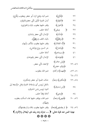 ‫ﰲ ﺍﻟﻘﺮﺍﺀﺍﺕ ﺍﻟﺜﻼﺙ ﺍﳌﺘﻤﺔ ﻟﻠﻌﺸﺮ‬

‫٢٢‬
‫٢٢‬
‫٤٢‬
‫٧٢‬
‫٩٢‬
‫١٣‬

‫﴿ﳜُْج﴾‬
‫َﺮ‬
‫﴿اﻟﻠﺆﻟﺆ﴾‬
‫ِ‬
‫﴿اﳉﻮار﴾‬
‫وﻳﺒﻘﻰ﴾‬
‫﴿‬
‫﴿ﺷﺄن﴾‬
‫﴿سن ُغُ﴾‬
‫َ َف‬
‫ر‬
‫ْ‬

‫١٣‬
‫٥٣‬
‫١٤‬

‫﴿أﻳﱡﻪ اﻟﺜﻘﻼن﴾‬
‫﴿وﳓﺎس﴾‬
‫ٌ‬
‫﴿ﺑﺴﻴﻤﺎﻫﻢ﴾‬

‫١٤‬

‫٠٥، ٢٥،‬

‫﴿ﻓﻴﺆﺧﺬ﴾‬
‫﴿وﳌﻦ ﺧﺎف﴾‬
‫ٍ‬
‫ٍ‬
‫﴿رﻓﺮف ﺧﻀﺮ﴾‬
‫﴿ﻓﻴﻬﻤﺎ﴾ )ﻛﻠﻪ(‬

‫٦٦، ٨٦‬
‫٤٥، ٦٧‬

‫﴿ﻣﺘﻜﺌﲔ﴾ )ﻣﻌﺎً(‬

‫٤٥‬

‫﴿ﻣﻦ إﺳﺘﱪق﴾‬

‫٤٥‬
‫٦٥، ٠٧‬

‫﴿وﺟﲎ﴾‬
‫﴿ﻓﻴﻬﻦ﴾ )ﻣﻌﺎً(‬

‫٦٤، ٦٧‬

‫ﺿﻢ اﻟﻴﺎء وﻓﺘﺢ اﻟﺮاء أﺑﻮ ﺟﻌﻔﺮ وﻳﻌﻘﻮب )ﳜَْج(‬
‫ُﺮ‬
‫أﺑﺪل اﳍﻤﺰة اﻷوﱃ ﻷﰊ ﺟﻌﻔﺮ)اﻟﻠﻮﻟﺆ(.‬
‫وﻗﻒ ﻋﻠﻴﻬﺎ ﻳﻌﻘﻮب ﺑﺎﻟﻴﺎء )اﳉﻮاري(.‬
‫أﻣﺎﳍﺎ ﺧﻠﻒ.‬
‫اﻹﺑﺪال ﻷﰊ ﺟﻌﻔﺮ )ﺷﺎن(.‬
‫ﺑﺎﻟﻴﺎء ﳋﻠﻒ )سيُغُ(.‬
‫َف‬
‫َر‬
‫ْ‬

‫وﻗﻒ ﻋﻠﻴﻬﺎ ﻳﻌﻘﻮب ﺑﺎﻷﻟﻒ )أﻳﻬﺎ(.‬
‫ٍ‬
‫ﺟﺮ اﻟﺴﲔ روح )وﳓﺎس(.‬
‫أﻣﺎﳍﺎ ﺧﻠﻒ.‬
‫اﻹﺑﺪال ﻷﰊ ﺟﻌﻔﺮ )ﻓﻴﻮﺧﺬ(.‬
‫اﻹﺧﻔﺎء ﻷﰊ ﺟﻌﻔﺮ .‬
‫ﺿﻢ اﳍﺎء ﻳﻌﻘﻮب.‬

‫ﺣﺬف اﳍﻤﺰة أﺑﻮ ﺟﻌﻔﺮ )ﻣﺘﻜﲔ(.‬
‫ﺑﺎﻟﻨﻘﻞ ﻟﺮوﻳﺲ أي ﺑﺈﺳﻘﺎط اﳍﻤﺰة وﻧﻘﻞ ﻛﺖﻫﺎ إﱃ‬
‫ﺣﺮ‬
‫اﻟﻨﻮن ﻟﺮوﻳﺲ )ﻣﻦ اﺳﺘﱪق(.‬
‫ِ ْ‬

‫أﻣﺎﳍﺎ وﻗﻔﺎً ﺧﻠﻒ.‬
‫ﻢ اﳍﺎء، ووﻗﻒ ﻋﻠﻴﻬﺎ ﻬﺑﺎء اﻟﺴﻜﺖ ﻳﻌﻘﻮب‬
‫)ﻓﻴﻬﻨﱠﻪ(.‬
‫ُْ‬

‫٦٥، ٤٧ ﴿ ﱂ ﻳﻄﻤﺜﻬﻦ﴾)ﻣﻌﺎً( وﻗﻒ ﻋﻠﻴﻬﺎ ﻳﻌﻘﻮب ﺑﺎﳍﺎء )ﱂ ﻳﻄﻤﺜﻬﻨﱠﻪ(.‬
‫ْ‬
‫ﻧـﻬﺎﻳﺔ اﻟﺜﻤﻦ ﻋﻨﺪ ﻗﻮﻟﻪ ﺗﻌﺎﻟﻰ: ‪ … ‬ﺗﺒﺎرك وﺟﻪ رﺑﻚ ذي ﺟﻼل واﻹﻛﺮام ‪‬‬
‫ال‬
‫‪‬‬
‫≠ ‪≠ ≥¥π‬‬

 