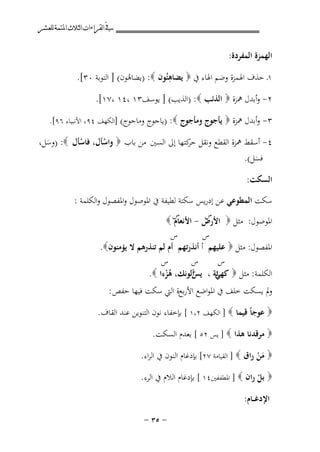 ‫ﰲ ﺍﻟﻘﺮﺍﺀﺍﺕ ﺍﻟﺜﻼﺙ ﺍﳌﺘﻤﺔ ﻟﻠﻌﺸﺮ‬

‫اﻟﻬﻤﺰة اﻟﻤﻔﺮدة:‬
‫ِ‬
‫١ـ ﺣﺬف اﳍﻤﺰة وﺿﻢ اﳍﺎء ﰲ ‪ ‬ﻳﻀﺎﻫﺌُﻮن ‪) :‬ﻳﻀﺎﻫﻮن( ] اﻟﺘﻮﺑﺔ ٠٣[.‬
‫ُ‬
‫٢- وأﺑﺪل ﳘﺰة ‪ ‬اﻟﺬﺋﺐ ‪) :‬اﻟﺬﻳﺐ( ] ﻳﻮﺳﻒ٣١ ،٤١ ،٧١[.‬
‫٣- وأﺑﺪل ﳘﺰة ‪ ‬ﻳﺄﺟﻮج وﻣﺄﺟﻮج ‪) :‬ﻳﺎﺟﻮج وﻣﺎﺟﻮج( ]اﻟﻜﻬﻒ ٤٩، اﻷﻧﺒﻴﺎء ٦٩[.‬

‫٤- أﺳﻘﻂ ﳘﺰة اﻟﻘﻄﻊ وﻧﻘﻞ ﻛﺘﻬﺎ إﱃ اﻟﺴﲔ ﻣﻦ ﺑﺎب ‪ ‬واﺳﺄل، ﻓﺎﺳﺄل ‪) :‬وﺳﻞ،‬
‫ﺣﺮ‬
‫ْ‬
‫ْ‬
‫َ‬
‫ﻓﺴﻞ(.‬
‫َ‬
‫اﻟﺴﻜﺖ:‬
‫ﺳﻜﺖ اﻟﻤﻄﻮﻋﻲ ﻋﻦ إدرﻳﺲ ﺳﻜﺘﺔ ﻟﻄﻴﻔﺔ ﰲ اﳌﻮﺻﻮل واﳌﻔﺼﻮل واﻟﻜﻠﻤﺔ :‬
‫س‬
‫س‬
‫اﳌﻮﺻﻮل: ﻣﺜﻞ ‪ ‬اﻷرض - اﻷﻧﻌﺎم ‪‬‬
‫س‬
‫س‬
‫اﳌﻔﺼﻮل: ﻣﺜﻞ ‪ ‬ﻋﻠﻴﻬﻢ أ أﻧﺬرﺗﻬﻢ أم ﻟﻢ ﺗﻨﺬرﻫﻢ ﻻ ﻳﺆﻣﻨﻮن‪.‬‬
‫س‬
‫س‬
‫س‬
‫اﻟﻜﻠﻤﺔ: ﻣﺜﻞ ‪ْ ‬ﺋﺔ ، ْأﻟﻮﻧﻚ، ﻫﺰءا ‪.‬‬
‫ﻛﻬﻲ ﻳﺲ‬
‫ُْ‬
‫وﱂ ﻳﺴﻜﺖ ﺧﻠﻒ ﰲ اﳌﻮاﺿﻊ اﻷرﺑﻊة اﻟﱵ ﺳﻜﺖ ﻓﻴﻬﺎ ﺣﻔﺺ :‬
‫‪ ‬ﻋﻮﺟﺎً ﻗﻴﻤﺎ ‪ ] ‬اﻟﻜﻬﻒ ٢،١ [ ﺑﺈﺧﻔﺎء ﻧﻮن اﻟﺘﻨﻮﻳﻦ ﻋﻨﺪ اﻟﻘﺎف.‬
‫‪ ‬ﻣﺮﻗﺪﻧﺎ ﻫﺬا ‪ ] ‬ﻳﺲ ٢٥ [ ﺑﻌﺪم اﻟﺴﻜﺖ.‬
‫‪ ‬ﻣﻦ راق ‪ ] ‬اﻟﻘﻴﺎﻣﺔ ٧٢[ ﺑﺈدﻏﺎم اﻟﻨﻮن ﰲ اﻟﺮاء.‬
‫َْ‬
‫‪ ‬ﺑﻞ ران ‪ ] ‬اﳌﻄﻔﻔﲔ٤١ [ ﺑﺈدﻏﺎم اﻟﻼم ﰲ اﻟﺮء.‬
‫ْ‬
‫اﻹدﻏ ــﺎم:‬
‫≠ ‪≠ ≥µ‬‬

 