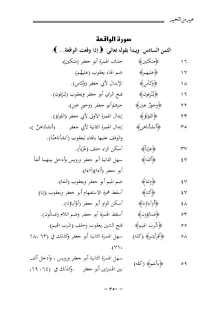 ‫ﻋﺒﲑ ﻣﻦ ﺍﻟﺘﺤﺒﲑ‬

‫‪‬‬
‫اﻟﺜﻤﻦ اﻟﺴﺎدس: وﻳﺒﺪأ ﺑﻘﻮﻟﻪ ﺗﻌﺎﻟﻰ: ‪ ‬إذا وﻗﻌﺖ اﻟﻮاﻗﻌﺔ... ‪.‬‬

‫٦١‬

‫﴿ﻣﺘﻜﺌﲔ﴾‬

‫ﺣﺬف اﳍﻤﺰة أﺑﻮ ﺟﻌﻔﺮ )ﻣﺘﻜﲔ(.‬

‫٧١‬
‫٨١‬
‫٩١‬
‫٢٢‬
‫٣٢‬
‫٥٣‬

‫﴿ﻋﻠﻴﻬﻢ﴾‬
‫﴿ ﻛﺄس﴾‬
‫و‬
‫ِ‬
‫﴿ﻳـُْﻨﺰﻓﻮن﴾‬

‫﴿وﺣﻮر ﻋﲔ﴾‬
‫ٌ‬
‫﴿اﻟﻠﺆﻟﺆ﴾‬
‫﴿أﻧﺸﺄﻧﺎﻫﻦ﴾‬

‫ﺿﻢ اﳍﺎء ﻳﻌﻘﻮب )ﻋﻠﻴﻬﻢ(.‬
‫ُ‬
‫اﻹﺑﺪال ﻷﰊ ﺟﻌﻔﺮ ) ﻛﺎس(.‬
‫و‬
‫ﻓﺘﺢ اﻟﺰاي أﺑﻮ ﺟﻌﻔﺮ وﻳﻌﻘﻮب )ﻳُﻨﺰﻓﻮن(.‬
‫َ‬
‫ٍ ٍ‬
‫ﺟﺮﻫﻢ أﺑﻮ ﺟﻌﻔﺮ )وﺣﻮر ﻋﲔ(.‬
‫ا‬

‫٧٣‬
‫٧٤‬

‫﴿ﻋﺮﺑﺎً﴾‬
‫ُ‬
‫﴿أﺋﺬا﴾‬

‫٧٤‬
‫٧٤‬
‫٨٤‬
‫٣٥‬

‫﴿ِمﺗﻨﺎ﴾‬
‫﴿أﺋﻨﺎ﴾‬
‫﴿أوآﺑﺎؤﻧﺎ﴾‬
‫َ‬
‫﴿ﻓﻤﺎﻟِﺆون﴾‬

‫٥٥‬
‫٨٥‬

‫﴿ﺷﺮب اﳍﻴﻢ﴾‬
‫ُ َ‬
‫﴿أﻓﺮأﻳﺘﻢ﴾ )ﻛﻠﻪ(‬

‫٩٥‬

‫﴿ءأﻧﺘﻢ﴾ )ﻛﻠﻪ(‬

‫إﺑﺪال اﳍﻤﺰة اﻷوﱃ ﻷﰊ ﺟﻌﻔﺮ )اﻟﻠﻮﻟﺆ(.‬
‫)أﻧﺸﺎﻧﺎﻫﻦ (،‬
‫إﺑﺪال اﳍﻤﺰة اﻟﺜﺎﻧﻴﺔ ﻷﰊ ﺟﻌﻔﺮ‬
‫ﱠ‬
‫واﻟﻮﻗﻒ ﻋﻠﻴﻬﺎ ﺑﺎﳍﺎء ﻟﻴﻌﻘﻮب )أﻧﺸﺄﻧﺎﻫﻨﱠﻪ(.‬
‫ْ‬

‫أﺳﻜﻦ اﻟﺮاء ﺧﻠﻒ )ﻋُﺮﺑﺎً(.‬
‫ْ‬
‫ﺳﻬﻞ اﻟﺜﺎﻧﻴﺔ أﺑﻮ ﺟﻌﻔﺮ وروﻳﺲ وأدﺧﻞ ﺑﻴﻨﻬﻤﺎ أﻟﻔﺎً‬
‫أﺑﻮ ﺟﻌﻔﺮ )أاِذا()أااِذا(.‬
‫ﺿﻢ اﳌﻴﻢ أﺑﻮ ﺟﻌﻔﺮ وﻳﻌﻘﻮب )ﻣﺘﻨﺎ(.‬
‫ُ‬
‫أﺳﻘﻂ ﳘﺰة اﻻﺳﺘﻔﻬﺎم أﺑﻮ ﺟﻌﻔﺮ وﻳﻌﻘﻮب )إﻧﺎ(‬
‫أﺳﻜﻦ اﻟﻮاو أﺑﻮ ﺟﻌﻔﺮ )أوآﺑﺎؤﻧﺎ(.‬
‫ْ‬
‫أﺳﻘﻂ اﳍﻤﺰة أﺑﻮ ﺟﻌﻔﺮ وﺿﻢ اﻟﻼم )ﻓﻤﺎﻟُﻮن(.‬

‫ﻓﺘﺢ اﻟﺸﲔ ﻳﻌﻘﻮب وﺧﻠﻒ )ﺷﺮب اﳍﻴﻢ(.‬
‫َ‬
‫ﺳﻬﻞ اﳍﻤﺰة اﻟﺜﺎﻧﻴﺔ أﺑﻮ ﺟﻌﻔﺮ ﻛﺬﻟﻚ ﰲ )٣٦ ،٨٦‬
‫و‬
‫،١٧(.‬
‫ﺳﻬﻞ اﳍﻤﺰة اﻟﺜﺎﻧﻴﺔ أﺑﻮ ﺟﻌﻔﺮ وروﻳﺲ ، وأدﺧﻞ أﻟﻒ‬
‫ﺑﲔ اﳍﻤﺰﺗﲔ أﺑﻮ ﺟﻌﻔﺮ . ﻛﺬﻟﻚ ﰲ )٤٦، ٩٦،‬
‫و‬
‫≠ ∞‪≠ ≥µ‬‬

 