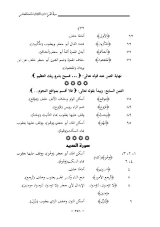 ‫ﰲ ﺍﻟﻘﺮﺍﺀﺍﺕ ﺍﻟﺜﻼﺙ ﺍﳌﺘﻤﺔ ﻟﻠﻌﺸﺮ‬

‫٢٦‬
‫٢٦‬
‫٢٧‬
‫٢٧‬

‫٥٧‬
‫٩٨‬

‫﴿اﻷوﱃ﴾‬
‫ﱠ‬
‫﴿ﺗﺬﻛﺮون﴾‬

‫٢٧(.‬
‫أﻣﺎﳍﺎ ﺧﻠﻒ.‬

‫ﱠﱠ‬
‫ﺷﺪد اﻟﺬال أﺑﻮ ﺟﻌﻔﺮ وﻳﻌﻘﻮب )ﺗﺬﻛﺮون(.‬
‫أﺑﺪل اﳍﻤﺰة أﻟﻔﺎً أﺑﻮ ﺟﻌﻔﺮ)أﻧﺸﺎﰎ(.‬
‫ﺣﺬف اﳍﻤﺰة وﺿﻢ اﻟﺸﲔ أﺑﻮ ﺟﻌﻔﺮ ﲞﻠﻒ ﻋﻦ اﺑﻦ‬
‫وردان )اﳌﻨﺸﻮن(.‬

‫﴿أﻧﺸﺄﰎ﴾‬
‫ِ‬
‫﴿اﳌﻨﺸﺌﻮن﴾‬

‫ﻧـﻬﺎﻳﺔ اﻟﺜﻤﻦ ﻋﻨﺪ ﻗﻮﻟﻪ ﺗﻌﺎﻟﻰ: ‪ … ‬ﻓﺴﺒﺢ ﺑﺎسم رﺑﻚ اﻟﻌﻈﻴﻢ ‪.‬‬
‫‪‬‬
‫اﻟﺜﻤﻦ اﻟﺴﺎﺑﻊ: وﻳﺒﺪأ ﺑﻘﻮﻟﻪ ﺗﻌﺎﻟﻰ: ‪ ‬ﻓﻼ أﻗﺴﻢ ﺑﻤﻮاﻗﻊ اﻟﻨﺠﻮم... ‪.‬‬

‫أﺳﻜﻦ اﻟﻮاو وﺣﺬف اﻷﻟﻒ ﺧﻠﻒ )ﲟﻮﻗﻊ(.‬
‫ْ‬
‫ﺿﻢ اﻟﺮاء روﻳﺲ )ﻓﺮوح(.‬
‫ُ‬

‫﴿ﲟﻮاﻗﻊ﴾‬
‫﴿ﻓﺮوح﴾‬
‫َ‬

‫ﻗﻒ ﻋﻠﻴﻬﺎ ﻳﻌﻘﻮب ﻬﺑﺎء اﻟﺘﺄﻧﻴﺚ )وﺟﻨﻪ(.‬
‫﴿وﺟﻨﺖ﴾‬
‫٩٨‬
‫َْ‬
‫ُ‬
‫أﺳﻜﻦ اﳍﺎء أﺑﻮ ﺟﻌﻒ )وﻫﻮ(، ووﻗﻒ ﻋﻠﻴﻬﺎ ﻳﻌﻘﻮب‬
‫﴿ﻟـﻬﻮ﴾‬
‫٥٩‬
‫ر ْ‬
‫َُ‬
‫ﺑﺎء اﻟﺴﻜﺖ)وﻫﻮﻩ(.‬
‫ُْ‬
‫‪‬‬
‫‪‬‬
‫أﺳﻜﻦ اﳍﺎء أﺑﻮ ﺟﻌﻔﺮ )وﻫﻮ(، ووﻗﻒ ﻋﻠﻴﻬﺎ ﻳﻌﻘﻮب‬
‫١، ٢، ٣،‬
‫ْ‬
‫﴿وﻫﻮ﴾)ﻛﻠﻪ(‬
‫ُ‬
‫٤، ٦‬
‫ﺑﺎء اﻟﺴﻜﺖ)وﻫﻮﻩ(.‬
‫ُْ‬
‫أﻣﺎﳍﺎ ﺧﻠﻒ.‬
‫﴿اﺳﺘﻮى﴾‬
‫٤‬
‫ِ‬
‫ﻓﺘﺢ اﻟﺘﺎء ﻛﺴﺮ اﳉﻴﻢ ﻳﻌﻘﻮب وﺧﻠﻒ )ﺗَﺮﺟﻊ(.‬
‫و‬
‫﴿ﺗُﺮﺟﻊ اﻷﻣﻮر﴾‬
‫٥‬
‫﴿ﻻ ﺗﺆﻣﻨﻮن، ﻟﺘﺆﻣﻨﻮا، اﻹﺑﺪال ﻷﰊ ﺟﻌﻔﺮ )ﻻ ﺗﻮﻣﻨﻮا، ﻟﺘﻮﻣﻨﻮا، ﻣﻮﻣﻨﲔ(.‬
‫٨‬
‫ﻣﺆﻣﻨﲔ﴾‬
‫ِ‬
‫أﺳﻜﻦ اﻟﻨﻮن وﺧﻔﻒ اﻟﺰاي ﻳﻌﻘﻮب )ﻳْﻨﺰل(.‬
‫﴿ﻳُﻨﺰل﴾‬
‫٩‬
‫ﱢ‬
‫‪B‬‬
‫۰٤‬

‫‪B‬‬
‫۱٤‬

‫≠ ±‪≠ ≥µ‬‬

 