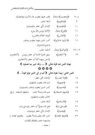 ‫ﰲ ﺍﻟﻘﺮﺍﺀﺍﺕ ﺍﻟﺜﻼﺙ ﺍﳌﺘﻤﺔ ﻟﻠﻌﺸﺮ‬

‫ِ‬
‫٨ ،٩ ‪﴿ ‬وﻣﻌﺼﻴﺖ﴾ )ﻣﻌﺎً( ‪‬ﻗﻒ ﻋﻠﻴﻬﺎ ﻳﻌﻘﻮب ﻬﺑﺎء اﻟﺘﺄﻧﻴﺚ )ومﻋﺼﻴﻪ(. ‪‬‬
‫ْ‬
‫﴿واﻟﺘﻘﻮى﴾ ‪ ‬أﻣﺎﳍﺎ ﺧﻠﻒ. ‪‬‬
‫٩‪‬‬
‫اﻹﺑﺪال ﻷﰊ ﺟﻌﻔﺮ )اﳌﻮﻣﻨﻮن(.‬
‫﴿اﳌﺆﻣﻨﻮن﴾‬
‫٠١‬
‫ُِ‬
‫١١ ‪﴿ ‬ﻗﻴﻞ﴾ )ﻣﻌﺎً( ‪ ‬اﻹﴰﺎم ﻟﺮوﻳﺲ )ق◌ـﻴﻞ(. ‪‬‬
‫﴿ﻤﻟﺎﻟﺲ﴾ ‪ ‬أﻓﺮدﻫﺎ اﻟﺜﻼﺛﺔ )ﻤﻟﻠﺲ(. ‪‬‬
‫١١ ‪‬‬
‫١١ ‪﴿ ‬اﻧﺸﺰوا، ﻓﺎﻧﺸﺰوا﴾ ‪‬ﻛﺴﺮ اﻟﺸﲔ ﻓﻴﻬﻤﺎ ﻳﻌﻘﻮب وﺧﻠﻒ‬
‫ُ‬
‫ُ‬
‫ِ‬
‫ِ‬
‫)اﻧﺸﺰوا،ﻓﺎﻧﺸﺰوا( ‪‬‬
‫٢١ ،٣١ ‪﴿ ‬ﳒﻮاﻛﻢ﴾ )ﻣﻌﺎً( ‪ ‬أﻣﺎﳍﻤﺎ ﺧﻠﻒ. ‪‬‬
‫﴿أ أﺷﻔﻘﺘﻢ﴾ ‪ ‬ﺳﻬﻞ اﳍﻤﺰة اﻟﺜﺎﻧﻴﺔ أﺑﻮ ﺟﻌﻔﺮ وروﻳﺲ )أاَﺷﻔﻘﺘﻢ (،‬
‫٣١ ‪‬‬
‫وأدﺧﻞ ﺑﻴﻨﻬﻤﺎ أﻟﻔﺎً أﺑﻮ ﺟﻌﻔﺮ )أااَﺷﻔﻘﺘﻢ(. ‪‬‬
‫ﻧـﻬﺎﻳﺔ اﻟﺜﻤﻦ ﻋﻨﺪ ﻗﻮﻟﻪ ﺗﻌﺎﻟﻰ: ‪ … ‬واﷲ ﺧﺒﻴﺮ ﺑﻤﺎ ﺗﻌﻤﻠﻮن ‪ .‬‬
‫‪‬‬
‫اﻟﺜﻤﻦ اﻟﺜﺎﻧﻲ: وﻳﺒﺪأ ﺑﻘﻮﻟﻪ ﺗﻌﺎﻟﻰ: ‪ ‬أﻟﻢ ﺗﺮ إﻟﻰ اﻟﺬﻳﻦ ﺗﻮﻟﻮا ﻗﻮﻣﺎً... ‪ .‬‬
‫٤١ ‪‬‬

‫﴿ﻗﻮﻣﺎً ﻏﻀﺐ﴾ ‪ ‬اﻹﺧﻔﺎء ﻷﰊ ﺟﻌﻔﺮ. ‪‬‬
‫ِ‬
‫﴿ﻋﻠﻴﻬﻢ﴾ ‪ ‬ﺿﻢ اﳍﺎء ﻳﻌﻘﻮب )ﻋﻠﻴﻬﻢ(. ‪‬‬
‫ُ‬

‫٤١ ‪‬‬
‫ِ‬
‫﴿ﳛﺴﺒﻮن﴾ ‪ ‬ﻛﺴﺮ اﻟﺴﲔ ﻳﻌﻘﻮب وﺧﻠﻒ )ﳛﺴﺒﻮن(. ‪‬‬
‫٨١ ‪‬‬
‫َ‬
‫ِ‬
‫٩١ ‪﴿ ‬ﻋﻠﻴﻬﻢ اﻟﺸﻴﻄﺎن﴾ ‪‬ﺿﻢ اﳍﺎء وﺻﻼً ﺧﻠﻒ )ﻋﻠﻴﻬﻢ اﻟﺸﻴﻄﺎن ( وﰲ‬
‫ُُ‬
‫ُ‬
‫اﳊﺎﻟﲔ ﻳﻌﻘﻮب )ﻋﻠﻴﻬﻢ(. ‪‬‬
‫ُ‬

‫﴿ﻓﺄﻧﺴﺎﻫﻢ﴾ ‪ ‬أﻣﺎﳍﺎ ﺧﻠﻒ. ‪‬‬
‫٩١ ‪‬‬
‫١٢ ‪﴿ ‬ورﺳﻠﻲ إِن﴾ ‪ ‬ﻓﺘﺢ اﻟﻴﺎء ﻻً أﺑﻮ ﺟﻌﻔﺮ )ورﺳﻠﻲ إن(. ‪‬‬
‫وص‬
‫ْ‬
‫َ‬
‫اﻹﺑﺪال ﻷﰊ ﺟﻌﻔﺮ )ﻳﻮﻣﻨﻮن(.‬
‫﴿ﻳﺆﻣﻨﻮن﴾‬
‫٢٢‬
‫ِ‬
‫٢٢ ‪﴿ ‬ﻠﻮﻬﺑِﻢ اﻹﳝﺎن﴾ ‪ ‬ﻛﺴﺮ اﳍﺎء واﳌﻴﻢ وﺻﻼً ﻳﻌﻘﻮب )ﻠﻮﻬﺑِﻢ اﻹﳝﺎن (‬
‫ُ‬
‫وﺿﻤﻬﻤﺎ ﺧﻠﻒ )ﻠﻮﻬﺑُﻢ اﻹﳝﺎن(. ‪‬‬
‫ُ‬
‫≠ ‪≠ ≥µµ‬‬

 