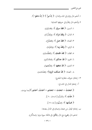‫ﻋﺒﲑ ﻣﻦ ﺍﻟﺘﺤﺒﲑ‬

‫١ـ أدﻏﻢ ذال )إذ( ﰲ اﻟﺘﺎء واﻟﺪال: ‪ ‬إذ ﺗﺒﺮأ ‪  ‬إذ دﺧﻠﻮا ‪.‬‬
‫ْ‬
‫ْ‬
‫٢ـ وأدﻏﻢ دال )ﻗﺪ( ﰲ ﺣﺮوﻓﻬﺎ اﻟﺜﻤﺎﻧﻴﺔ:‬
‫ْ‬
‫١ـ اﻟﺴﲔ: ‪ ‬ﻓﻘﺪ ﺳﺮق ‪) :‬ﻓﻘﺴﺮق(.‬
‫ْ‬
‫ﱠ‬
‫ﱠ‬
‫٢ـ اﻟﺬال: ‪ ‬وﻟﻘﺪ ذرأﻧﺎ ‪) :‬وﻟﻘﺬرأﻧﺎ(.‬
‫ْ‬
‫٣ـ اﻟﻀﺎد: ‪ ‬ﻓﻘﺪ ﺿﻞ ‪) :‬ﻓﻘ ﱠﻞ(.‬
‫ْ‬
‫ﻀﱠ‬
‫٤ـ اﻟﺰاي: ‪ ‬وﻟﻘﺪ زﻳﻨﺎ ‪) :‬وﻟﻘـﺰﻳﻨﺎ(.‬
‫ﱠ‬
‫ْ‬
‫٥ـ اﻟﻈﺎء: ‪ ‬ﻟﻘﺪ ﻇﻠﻤﻚ ‪) :‬ﻟﻘﻈﱠﻠﻤﻚ(.‬
‫ْ‬
‫٦ـ اﳉﻴﻢ: ‪ ‬ﻗﺪ ﺟﺎءﻛﻢ ‪) :‬ﻗـﺤـﺎءﻛﻢ(.‬
‫ﱠ‬
‫ْ‬
‫٧ـ اﻟﺸﲔ: ‪ ‬ﻗﺪ ﺷﻐﻔﻬﺎ ‪) :‬ﻗ ﱠﻐﻔﻬﺎ(.‬
‫ﺸ‬
‫ْ‬
‫٨ ـ اﻟﺼﺎد: ‪ ‬ﻗﺪ ﺻﺪﻗﺖ اﻟﺮؤﻳﺎ‪) :‬ﻗﺼﺪﻗﺖ(.‬
‫ﱠ‬
‫ْ ّ‬
‫٣- إدﻏﺎم ﺣﺮوف ﻣﺘﻘﺎرﺑﺔ ج :‬
‫اﳌﺨﺮ‬
‫أ- إدﻏﺎم اﻟﺬال ﰲ اﻟﺘﺎء ﰲ :‬
‫‪ ‬اﺗﺨﺬت - اﺗﺨﺬت - اﺗﺨﺬﺗﻢ - أﺧﺬت، أﺧﺬﺗﻢ ‪‬أﻳﻨﻤﺎ وردت.‬
‫ُ‬
‫َ‬
‫ُ‬
‫‪ ‬ﻋﺬت ‪ُ ) :‬ــﺖ( ] اﻟﺪﺧﺎن ٠٢ [.‬
‫ْ‬
‫ﻋ ﱡ‬
‫‪ ‬ﻓﻨﺒﺬﺗـﻬﺎ ‪) :‬ﻓﻨﺒـﱡﻬﺎ( ] ﻃﻪ ٦٩ [.‬
‫ﺘ‬
‫ْ‬

‫ب ـ إدﻏﺎم دال ﻣﻦ ﻫﺠﺎء )ﺻﺎد( ﰲ اﻟﺬال ﺑﻌﺪﻫﺎ:‬
‫ال‬
‫ﺗﺪﻏﻢ دال )ص( ﻣﻊ ذال )ذﻛﺮ( ﰲ ﻓﺎﲢﺔ ﺳﻮرة ﻣﺮﱘ : )ﺻﺎذﱢﻛﺮ(.‬
‫≠ ∂≥ ≠‬

 