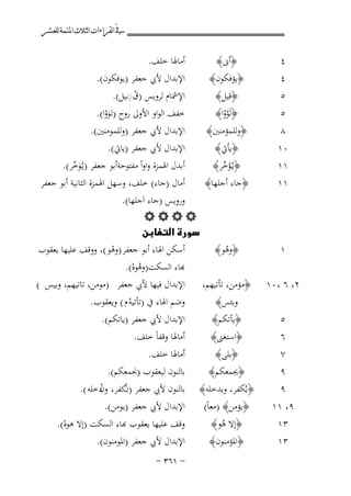 ‫ﰲ ﺍﻟﻘﺮﺍﺀﺍﺕ ﺍﻟﺜﻼﺙ ﺍﳌﺘﻤﺔ ﻟﻠﻌﺸﺮ‬

‫٤‬
‫٤‬

‫﴿أﱏ﴾‬
‫﴿ﻳﺆﻓﻜﻮن﴾‬

‫٥‬
‫٥‬
‫٨‬
‫٠١‬

‫﴿ﻗﻴﻞ﴾‬
‫﴿ﻟَﻮوا﴾‬
‫ﱠْ‬
‫﴿وﻟﻠﻤﺆﻣﻨﲔ﴾‬
‫﴿ﻳﺄﰐ﴾‬

‫١١‬
‫١١‬

‫١‬
‫٢، ٦ ،٠١‬

‫ﺧﻔﻒ اﻟﻮاو اﻷوﱃ روح )ﻟﻮوا(.‬
‫َْ‬
‫اﻹﺑﺪال ﻷﰊ ﺟﻌﻔﺮ )وﻟﻠﻤﻮﻣﻨﲔ(.‬
‫اﻹﺑﺪال ﻷﰊ ﺟﻌﻔﺮ )ﻳﺎﰐ(.‬

‫أﺑﺪل اﳍﻤﺰة واواً ﻣﻔﺘﻮﺣﺔأﺑﻮ ﺟﻌﻔﺮ )ﻳـُﻮﺧﺮ(.‬
‫﴿ﻳُـﺆﺧﺮ﴾‬
‫َﱢ‬
‫َﱢ‬
‫أﻣﺎل )ﺟﺎء( ﺧﻠﻒ، وﺳﻬﻞ اﳍﻤﺰة اﻟﺜﺎﻧﻴﺔ أﺑﻮ ﺟﻌﻔﺮ‬
‫﴿ﺟﺎء أﺟﻠﻬﺎ﴾‬
‫وروﻳﺲ )ﺟﺎء اَﺟﻠﻬﺎ(.‬
‫‪‬‬
‫‪‬‬
‫أﺳﻜﻦ اﳍﺎء أﺑﻮ ﺟﻌﻔﺮ )وﻫﻮ (، ووﻗﻒ ﻋﻠﻴﻬﺎ ﻳﻌﻘﻮب‬
‫﴿وﻫﻮ﴾‬
‫ْ‬
‫ُ‬
‫ﺑﺎء اﻟﺴﻜﺖ)وﻫﻮﻩ(.‬
‫ُْ‬
‫﴿ﻣﺆﻣﻦ، ﺗﺄﺗﻴﻬﻢ، اﻹﺑﺪال ﻓﻴﻬﺎ ﻷﰊ ﺟﻌﻔﺮ )ﻣﻮﻣﻦ، ﺗﺎﺗﻴﻬﻢ، وﺑﻴﺲ (‬

‫٥‬
‫٦‬
‫٧‬

‫وﺑﺌﺲ﴾‬
‫﴿ﻳﺄﺗﻜﻢ﴾‬
‫﴿اﺳﺘﻐﲎ﴾‬
‫﴿ﺑﻠﻰ﴾‬

‫٩‬
‫٩‬
‫٩، ١١‬

‫﴿ﳚﻤﻌﻜﻢ﴾‬
‫﴿ﻳُﻜﻔﺮ، وﻳﺪﺧﻠﻪ﴾‬
‫﴿ﻳﺆﻣﻦ﴾ )ﻣﻌﺎً(‬

‫٣١‬
‫٣١‬

‫أﻣﺎﳍﺎ ﺧﻠﻒ.‬
‫اﻹﺑﺪال ﻷﰊ ﺟﻌﻔﺮ )ﻳﻮﻓﻜﻮن(.‬
‫ُِ‬
‫اﻹﴰﺎم ﻟﺮوﻳﺲ )ق◌ـﻴﻞ(.‬

‫﴿إﻻ هو﴾‬
‫ُ‬
‫﴿اﳌﺆﻣﻨﻮن﴾‬

‫وﺿﻢ اﳍﺎء ﰲ )ﺗﺄﺗﻴﻪُ م ( وﻳﻌﻘﻮب.‬
‫اﻹﺑﺪال ﻷﰊ ﺟﻌﻔﺮ )ﻳﺎﺗﻜﻢ(.‬
‫أﻣﺎﳍﺎ وﻗﻔﺎً ﺧﻠﻒ.‬
‫أﻣﺎﳍﺎ ﺧﻠﻒ.‬
‫ﺑﺎﻟﻨﻮن ﻟﻴﻌﻘﻮب )ﳒﻤﻌﻜﻢ(.‬
‫ﺑﺎﻟﻨﻮن ﻷﰊ ﺟﻌﻔﺮ ) ُﻛﻔﺮ، و ُدﺧﻠﻪ (.‬
‫ن‬
‫ن‬
‫اﻹﺑﺪال ﻷﰊ ﺟﻌﻔﺮ )ﻳﻮﻣﻦ(.‬
‫ﻗﻒ ﻋﻠﻴﻬﺎ ﻳﻌﻘﻮب ﻬﺑﺎء اﻟﺴﻜﺖ )إﻻ ﻫﻮﻩ(.‬
‫ْ‬
‫اﻹﺑﺪال ﻷﰊ ﺟﻌﻔﺮ )اﳌﻮﻣﻨﻮن(.‬
‫≠ ±∂≥ ≠‬

 