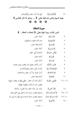 ‫ﰲ ﺍﻟﻘﺮﺍﺀﺍﺕ ﺍﻟﺜﻼﺙ ﺍﳌﺘﻤﺔ ﻟﻠﻌﺸﺮ‬

‫١٥ ‪‬‬

‫﴿ﻟَﻴُـﺰﻟِﻘﻮﻧﻚ﴾ ‪ ‬ﻓﺘﺢ اﻟﻴﺎء أﺑﻮ ﺟﻌﻔﺮ )ﻟﻴَـﺰﻟَﻘﻮﻧﻚ(. ‪‬‬
‫ْ‬
‫ْ‬

‫ﻧـﻬﺎﻳﺔ اﻟﺴﻮرة واﻟﺜﻤﻦ ﻋﻨﺪ ﻗﻮﻟﻪ ﺗﻌﺎﻟﻰ: ‪ … ‬وﻣﺎﻫﻮ إﻻ ذﻛﺮ ﻟﻠﻌﺎﻟﻤﻴﻦ ‪ .‬‬
‫‪   ‬‬
‫‪‬‬
‫‪‬‬
‫٣‪‬‬
‫٧‪‬‬

‫اﻟﺜﻤﻦ اﻟﺜﺎﻟﺚ: وﻳﺒﺪأ ﺑﻘﻮﻟﻪ ﺗﻌﺎﻟﻰ: ‪ ‬اﻟﺤﺎﻗﺔ ﻣﺎ اﻟﺤﺎﻗﺔ... ‪ .‬‬
‫﴿أدراك﴾ ‪‬‬
‫ِ‬
‫﴿ﻋﻠﻴﻬﻢ﴾ ‪‬‬

‫أﻣﺎﳍﺎ ﺧﻠﻒ. ‪‬‬
‫ﺿﻢ اﳍﺎء ﻳﻌﻘﻮب )ﻋﻠﻴﻬﻢ(. ‪‬‬
‫ُ‬

‫٧‪‬‬
‫٧‬
‫٧‪‬‬

‫﴿ﻓﱰى﴾ ‪ ‬أﻣﺎﳍﺎ وﻗﻔﺎً ﺧﻠﻒ. ‪‬‬
‫أﻣﺎﳍﺎ ﺧﻠﻒ.‬
‫﴿ﺻﺮﻋﻰ﴾‬
‫ٍ‬
‫﴿ﳔﻞ ﺧﺎوﻳﺔ﴾ ‪ ‬اﻹﺧﻔﺎء ﻷﰊ ﺟﻌﻔﺮ. ‪‬‬

‫٨‪‬‬
‫٩‪‬‬
‫٩‪‬‬
‫٩‬

‫﴿ﺗﺮى﴾ ‪ ‬أﻣﺎﳍﺎ ﺧﻠﻒ. ‪‬‬
‫﴿ﺟﺎء﴾ ‪ ‬أﻣﺎﳍﺎ ﺧﻠﻒ. ‪‬‬
‫﴿وﻣﻦ ﻗَـْﺒـﻠَﻪُ﴾ ‪ ‬ﻛﺴﺮ اﻟﻘﺎف وﻓﺘﺢ اﻟﺒﺎء ﻳﻌﻘﻮب )وﻣﻦ ﻗِﺒَﻠﻪ(. ‪‬‬
‫اﻹﺑﺪال ﻷﰊ ﺟﻌﻔﺮ )واﳌﻮﺗﻔﻜﺎت(.‬
‫﴿واﳌﺆﺗﻔﻜﺎت﴾‬

‫﴿ﺑﺎﳋﺎﻃﺌﺔ﴾ ‪ ‬أﺑﺪل اﳍﻤﺰة ﻳﺎءاً أﺑﻮ ﺟﻌﻔﺮ )ﺑﺎﳋﺎﻃﻴﺔ(. ‪‬‬
‫٩‪‬‬
‫﴿ﻃﻐﺎ﴾ ‪ ‬أﻣﺎﳍﺎ وﻗﻔﺎً ﺧﻠﻒ. ‪‬‬
‫١١ ‪‬‬
‫٦١ ،١٢ ‪﴿ ‬ﻓﻬﻲ، ﻓﻬﻮ﴾ ‪ ‬أﺳﻜﻦ اﳍﺎء أﺑﻮ ﺟﻌﻔﺮ )ﻓﻬﻲ،ﻓﻬﻮ (، ووﻗﻒ ﻋﻠﻲﻫﺎ‬
‫ْ ْ‬
‫ِ ُ‬
‫ﻌﻘﻮب ﻬﺑﺎء اﻟﺴﻜﺖ )ﻓﻔﻬﻴﻪ، ﻓﻬﻮﻩ(. ‪‬‬
‫ِْ ُْ‬

‫﴿ﻻ ﲣﻔﻰ﴾ ‪ ‬ﺑﺎﻟﻴﺎء ﺑﺪل اﻟﺘﺎء ﳋﻠﻒ )ﻻ ﳜﻔﻰ( ، وأﻣﺎﳍﺎ. ‪‬‬
‫٨١ ‪‬‬
‫٩١ ،٥٢ ‪﴿ ‬ﻛﺘﺎﺑﻴﻪ﴾ )ﻣﻌﺎً( ‪ ‬وﺻﻠﻬﺎ ﻳﻌﻘﻮب ﺑﺪون ﻫﺎء )ﻛﺘﺎﰊ إﱐ،ﻛﺘﺎﰊ وﱂ(. ‪‬‬
‫َِ‬
‫َ‬
‫٠٢ ،٦٢ ‪﴿ ‬ﺣﺴﺎﺑﻴﻪ﴾ )ﻣﻌﺎً( ‪ ‬وﺻﻠﻬﺎ ﻳﻌﻘﻮب ﺑﺪون ﻫﺎء)ﺣﺴﺎﰊ ﻓﻬﻮ،ﺣﺴﺎﰊ ﻳﺎ( ‪‬‬
‫َ‬
‫َ‬
‫٨٢ ‪‬‬

‫﴿أﻏﲎ﴾ ‪‬‬

‫أﻣﺎﳍﺎ ﺧﻠﻒ. ‪‬‬
‫≠ ∑∂≥ ≠‬

 