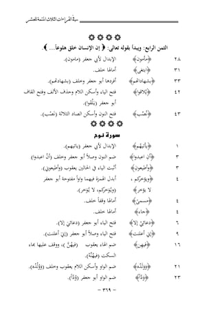 ‫ﰲ ﺍﻟﻘﺮﺍﺀﺍﺕ ﺍﻟﺜﻼﺙ ﺍﳌﺘﻤﺔ ﻟﻠﻌﺸﺮ‬

‫‪‬‬
‫اﻟﺜﻤﻦ اﻟﺮاﺑﻊ: وﻳﺒﺪأ ﺑﻘﻮﻟﻪ ﺗﻌﺎﻟﻰ: ‪ ‬إن اﻹﻧﺴﺎن ﺧﻠﻖ ﻫﻠﻮﻋﺎً... ‪.‬‬

‫٨٢‬
‫١٣‬

‫﴿ﻣﺄﻣﻮن﴾‬
‫﴿اﺑﺘﻐﻰ﴾‬

‫٣٣‬
‫٢٤‬

‫﴿ﺸﻬﺎداﻬﺗﻢ﴾‬
‫﴿ﻳُﻼﻗﻮا﴾‬

‫٣٤‬

‫ﻓﺘﺢ اﻟﻨﻮن وأﺳﻜﻦ اﻟﺼﺎد اﻟﺜﻼﺛﺔ )ﻧَﺼﺐ(.‬
‫﴿ﻧُﺼﺐ﴾‬
‫ْ‬
‫ُ‬
‫‪   ‬‬
‫‪‬‬
‫اﻹﺑﺪال ﻷﰊ ﺟﻌﻔﺮ )ﻳﺎﺗﻴﻬﻢ(.‬
‫﴿ﻳﺄﺗﻴﻬﻢ﴾‬
‫ُ‬
‫ِ‬
‫ﺿﻢ اﻟﻨﻮن وﺻﻼً أﺑﻮ ﺟﻌﻔﺮ وﺧﻠﻒ )أن اﻋﺒﺪوا(‬
‫﴿أن اﻋﺒﺪوا﴾‬
‫ُ‬
‫ِ‬
‫أﺛﺒﺖ اﻟﻴﺎء ﰲ اﳊﺎﻟﲔ ﻳﻌﻘﻮب )وأﻃﻴﻌﻮﱐ(.‬
‫﴿وأﻃﻴﻌﻮن﴾‬

‫١‬
‫٣‬
‫٣‬

‫٦‬
‫٩‬
‫٦١‬

‫﴿ ﻛﻢ ،‬
‫وﻳﺆﺧﺮ‬
‫ﻻ ﻳﺆﺧﺮ﴾‬
‫﴿ﻣﺴﻤﻰ﴾‬
‫ً‬
‫﴿ﺟﺎء﴾‬
‫﴿دﻋﺎﺋِﻲ إﻻ﴾‬
‫ْ‬
‫﴿إﱐ أﻋﻠﻨﺖ﴾‬
‫ِ‬
‫﴿ﻓﻴﻬﻦ﴾‬

‫٤‬

‫١٢‬
‫٣٢‬

‫﴿ووﻟَﺪﻩ﴾‬
‫ََ ُ‬
‫﴿وداً﴾‬
‫َّ‬

‫٤‬
‫٤‬

‫اﻹﺑﺪال ﻷﰊ ﺟﻌﻔﺮ )ﻣﺎﻣﻮن(.‬
‫أﻣﺎﳍﺎ ﺧﻠﻒ.‬

‫أﻓﺮدﻫﺎ أﺑﻮ ﺟﻌﻔﺮ وﺧﻠﻒ )ﺸﻬﺎدﻬﺗﻢ(.‬
‫ﻓﺘﺢ اﻟﻴﺎء وأﺳﻜﻦ اﻟﻼم وﺣﺬف اﻷﻟﻒ وﻓﺘﺢ اﻟﻘﺎف‬
‫أﺑﻮ ﺟﻌﻔﺮ )ﻳـَْﻠﻘﻮا(.‬
‫َ‬

‫أﺑﺪل اﳍﻤﺰة ﻓﻴﻬﻤﺎ واواً ﻣﻔﺘﻮﺣﺔ أﺑﻮ ﺟﻌﻔﺮ‬
‫)وﻳـُﻮ ﻛﻢ، ﻻ ﻳـُﻮﺧﺮ(.‬
‫َﺧﺮ‬
‫َ‬
‫أﻣﺎﳍﺎ وﻗﻔﺎً ﺧﻠﻒ.‬
‫أﻣﺎﳍﺎ ﺧﻠﻒ.‬
‫ﻓﺘﺢ اﻟﻴﺎء أﺑﻮ ﺟﻌﻔﺮ )دﻋﺎﺋﻲ إﻻ(.‬
‫َ‬
‫ﻓﺘﺢ اﻟﻴﺎء وﺻﻼً أﺑﻮ ﺟﻌﻔﺮ )إﱐَ أﻋﻠﻨﺖ(.‬
‫ﺿﻢ اﳍﺎء ﻳﻌﻘﻮب )ﻓﻴﻬﻦ (، وﻗﻒ ﻋﻠﻴﻬﺎ ﻬﺑﺎء‬
‫ُﱠ‬

‫اﻟﺴﻜﺖ )ﻓﻴﻬﻨﱠﻪ(.‬
‫ُْ‬
‫ﺿﻢ اﻟﻮاو وأﺳﻜﻦ اﻟﻼم ﻳﻌﻘﻮب وﺧﻠﻒ )ووﻟْﺪﻩ(.‬
‫َُ ُ‬
‫ﺿﻢ اﻟﻮاو أﺑﻮ ﺟﻌﻔﺮ )وداً(.‬
‫ُّ‬

‫≠ ‪≠ ≥∂π‬‬

 