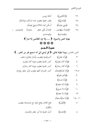 ‫ﻋﺒﲑ ﻣﻦ ﺍﻟﺘﺤﺒﲑ‬

‫٦٢‬
‫٨٢‬
‫٨٢‬
‫٨٢‬

‫﴿اﻟﻜﺎﻓﺮﻳﻦ﴾‬
‫﴿واﻟﺪي﴾‬
‫ﱠ‬

‫﴿ﺑﻴﱵ ﻣﺆﻣﻨﺎً﴾‬
‫َ‬
‫﴿ﻣﺆﻣﻨﺎً، ﳌﺆﻣﻨﲔ ،‬
‫ول‬
‫واﳌﺆﻣﻨﺎت﴾‬

‫أﻣﺎﳍﺎ روﻳﺲ.‬
‫ﻗﻒ ﻋﻠﻴﻬﺎ ﻳﻌﻘﻮب ﻬﺑﺎء اﻟﺴﻜﺖ )واﻟﺪﻳﱠﻪ(.‬
‫ْ‬
‫أﺳﻜﻦ اﻟﻴﺎء اﻟﺜﻼﺛﺔ )ﺑﻴﱵ ﻣﺆﻣﻨﺎً(.‬
‫ْ‬
‫)ﻣﻮﻣﻨﺎً،‬
‫اﻹﺑﺪال ﻷﰊ ﺟﻌﻔﺮ‬
‫واﳌﻮﻣﻨﺎت(.‬

‫وﻟﻠﻤﻮﻣﻨﲔ ،‬

‫ﻧـﻬﺎﻳﺔ اﻟﺜﻤﻦ واﻟﺴﻮرة: ‪ … ‬وﻻ ﺗﺰد اﻟﻈﺎﻟﻤﻴﻦ إﻻ ﺗﺒﺎراً ‪.‬‬
‫‪‬‬
‫‪‬‬
‫اﻟﺜﻤﻦ اﳋﺎﻣﺲ: وﻳﺒﺪأ ﺑﻘﻮﻟﻪ ﺗﻌﺎﻟﻰ: ‪ ‬ﻗﻞ أوﺣﻲ إﻟﻲ أﻧﻪ اﺳﺘﻤﻊ ﻧﻔﺮ ﻣﻦ اﻟﺠﻦ ...‪‬‬
‫َ‬
‫٣‬
‫٤‬

‫﴿وأﻧﻪ ﺗﻌﺎﱃ﴾‬
‫﴿وأﻧﻪ ﻛﺎن ﻳﻘﻮل﴾‬

‫ﻛﺴﺮاﳍﻤﺰة ﻳﻌﻘﻮب، وأﻣﺎل )ﺗﻌﺎﱃ( ﺧﻠﻒ.‬
‫ﻛﺴﺮ اﳍﻤﺰة ﻳﻌﻘﻮب )وإﻧﻪ ﻛﺎن ﻳﻘﻮل(.‬

‫٦‬
‫٥،٢١‬
‫٧‬
‫٨‬

‫﴿وأﻧﻪ ﻛﺎن رﺟﺎل﴾‬
‫﴿وأﻧﺎ ﻇﻨﻨﺎ﴾)ﻣﻌﺎً(‬
‫﴿وأ�ﻢ ﻇﻨﻮا﴾‬
‫﴿وأﻧﺎ ﳌﺴﻨﺎ﴾‬

‫ﻛﺴﺮ اﳍﻤﺰة ﻳﻌﻘﻮب )وإﻧﻪ ﻛﺎن رﺟﺎل(.‬
‫ﻛﺴﺮ اﳍﻤﺰات ﻛﻠﻬﺎ ﻳﻌﻘﻮب وأﺑﻮ ﺟﻌﻔﺮ )وإﻧﺎ(.‬

‫٩‬
‫٠١‬
‫٣١‬

‫﴿وأﻧﺎ ﻛﻨﺎ ﻧﻘﻌﺪ﴾‬
‫﴿وأﻧﺎ ﻻ ﻧﺪري﴾‬
‫﴿وأﻧﺎ ﳌﺎ ﲰﻌﻨﺎ﴾‬
‫ِ‬
‫﴿وأﻧﺎ ﻣﻨﺎ﴾ )ﻣﻌﺎً(‬

‫١١ ،٤١‬
‫٥‬

‫﴿ﺗﻘﻮل﴾‬
‫ُ َ‬

‫٨‬

‫﴿ﻣﻠﺌﺖ﴾‬

‫ﻓﺘﺢ اﻟﻘﺎف وﻓﺘﺢ اﻟﻮاو ﻣﻊ ﺗﺸﺪﻳﺪﻫﺎ ﻳﻌﻘﻮب‬
‫)ﺗﻘﻮل(‬
‫َﱠ‬
‫أﺑﺪل اﳍﻤﺰة ﻳﺎءً أﺑﻮ ﺟﻌﻔﺮ )ﻣﻠﻴَﺖ(.‬
‫ُ‬
‫≠ ∞∑≥ ≠‬

 