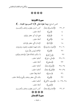 ‫ﰲ ﺍﻟﻘﺮﺍﺀﺍﺕ ﺍﻟﺜﻼﺙ ﺍﳌﺘﻤﺔ ﻟﻠﻌﺸﺮ‬

‫‪‬‬
‫‪‬‬
‫اﻟﺜﻤﻦ اﻟﺴﺎﺑﻊ: وﻳﺒﺪأ ﺑﻘﻮﻟﻪ ﺗﻌﺎﻟﻰ: ‪ ‬ﻻ أﻗﺴﻢ ﺑﻴﻮم اﻟﻘﻴﺎﻣﺔ... ‪.‬‬
‫ِ‬
‫﴿أﳛﺴﺐ﴾ )ﻣﻌﺎً( ﻛﺴﺮ اﻟﺴﲔ ﻳﻌﻘﻮب وﺧﻠﻒ )أﳛﺴﺐ(.‬
‫٣، ٦٣‬
‫ُ‬
‫أﻣﺎﳍﺎ ﺧﻠﻒ.‬
‫﴿ﺑﻠﻰ﴾‬
‫٤‬
‫ﻓﺘﺢ اﻟﺮاء أﺑﻮ ﺟﻌﻔﺮ )ﺑﺮق(.‬
‫﴿ﺑَﺮق﴾‬
‫٧‬
‫َِ‬
‫َ‬

‫٥١‬
‫٨١‬
‫٠٢ ،١٢‬
‫٧٢‬

‫﴿أﻟﻘﻰ﴾‬
‫﴿ﻗﺮأﻧﺎﻩ﴾‬
‫﴿ﲢﺒﻮن، وﺗﺬرون﴾‬
‫﴿ﻗﻴﻞ﴾‬

‫أﻣﺎﳍﺎ ﺧﻠﻒ.‬
‫اﻹﺑﺪال ﻷﰊ ﺟﻌﻔﺮ )ﻗﺮاﻧﺎﻩ(.‬
‫ﺑﺎﻟﻴﺎء ﻓﻴﻬﻤﺎ ﻟﻴﻌﻘﻮب )ﳛﺒﻮن، وﻳﺬرون(.‬
‫ُِ‬
‫اﻹﴰﺎم ﻟﺮوﻳﺲ )ق◌ـﻴﻞ(‬

‫٧٢‬
‫١٣ ،٢٣‬
‫٣٣‬

‫﴿ﻣﻦ راق﴾‬
‫َْ‬
‫﴿ﺻﻠّﻰ، ﺗﻮﱃ﴾‬
‫﴿ﻳﺘﻤﻄﻰ﴾‬

‫س‬

‫ﻻ ﺳﻜﺖ ﻟﻠﺜﻼﺛﺔ ﻓﺘﻘﺮأ ﺑﺎﻹدﻏﺎم )ﻣﺮاق(.‬
‫ﱠ‬
‫أﻣﺎﻟﻪم ا ﺧﻠﻒ .‬
‫أﻣﺎﳍﺎ ﺧﻠﻒ.‬

‫٤٣ ،٥٣‬
‫٤٣، ٥٣‬
‫٦٣‬
‫٧٣‬

‫﴿أوﱃ﴾ )ﻣﻌﺎً(‬
‫﴿ﻓﺄوﱃ﴾ )ﻣﻌﺎً(‬
‫﴿ﺳﺪى﴾‬
‫ً‬
‫﴿ﳝﲎ﴾‬
‫ُ‬

‫أﻣﺎﻟﻪم ا ﺧﻠﻒ .‬
‫أﻣﺎﳍﻤﺎ ﺧﻠﻒ.‬
‫أﻣﺎﳍﺎ وﻗﻔﺎً ﺧﻠﻒ.‬
‫ﺑﺎﻟﺘﺎء ﻷﰊ ﺟﻌﻔﺮ وﺧﻠﻒ )ﲤﲎ( وأﻣﺎﳍﺎ ﺧﻠﻒ.‬
‫ُ‬

‫٨٣ ،٩٣ ٠٤ ﴿ﻓﺴﻮى، اﻷﻧﺜَﻰ﴾ أﻣﺎﳍﻤﺎ ﺧﻠﻒ.‬
‫أﻣﺎﳍﺎ ﺧﻠﻒ.‬
‫﴿اﳌﻮﺗﻰ﴾‬
‫ِ‬
‫﴿أﳛﺴﺐ﴾ )ﻣﻌﺎً( ﻛﺴﺮ اﻟﺴﲔ ﻳﻌﻘﻮب وﺧﻠﻒ )أﳛﺴﺐ(.‬
‫٣، ٦٣‬
‫ُ‬
‫‪‬‬
‫‪‬‬
‫≠ ≥∑≥ ≠‬

 