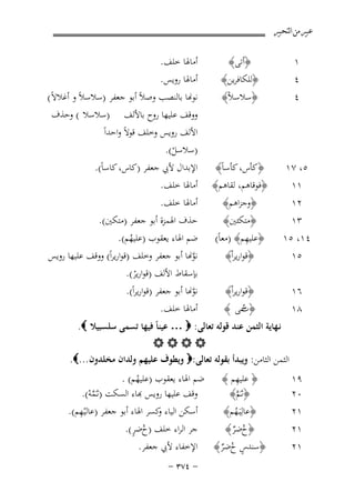 ‫ﻋﺒﲑ ﻣﻦ ﺍﻟﺘﺤﺒﲑ‬

‫١‬
‫٤‬

‫﴿أﺗﻰ﴾‬
‫﴿ﻟﻠﻜﺎﻓﺮﻳﻦ﴾‬

‫أﻣﺎﳍﺎ ﺧﻠﻒ.‬
‫أﻣﺎﳍﺎ روﻳﺲ.‬

‫٤‬

‫﴿ﺳﻼﺳﻼْ﴾‬

‫٥، ٧١‬
‫١١‬
‫٢١‬

‫﴿ﻛﺄس، ﻛﺄﺳﺎً﴾‬
‫﴿ﻓﻮﻗﺎﻫﻢ، ﻟﻘﺎﻫﻢ﴾‬
‫﴿وﺟﺰاﻫﻢ﴾‬

‫ﻧﻮ�ﺎ ﺑﺎﻟﻨﺼﺐ وﺻﻼً أﺑﻮ ﺟﻌﻔﺮ )ﺳﻼﺳﻼً و أﻏﻼﻻً(‬
‫ووﻗﻒ ﻋﻠﻴﻬﺎ روح ﺑﺎﻷﻟﻒ )ﺳﻼﺳﻼ ( وﺣﺬف‬
‫اﻷﻟﻒ روﻳﺲ وﺧﻠﻒ ﻗﻮﻻً واﺣﺪاً‬
‫)ﺳﻼﺳﻞ(.‬
‫ْ‬

‫اﻹﺑﺪال ﻷﰊ ﺟﻌﻔﺮ )ﻛﺎس، ﻛﺎﺳﺎً(.‬
‫أﻣﺎﳍﺎ ﺧﻠﻒ.‬
‫أﻣﺎﳍﺎ ﺧﻠﻒ.‬

‫٣١‬
‫٤١، ٥١‬
‫٥١‬

‫﴿ﻣﺘﻜﺌﲔ﴾‬
‫ِ‬
‫﴿ﻋﻠﻴﻬﻢ﴾ )ﻣﻌﺎً(‬
‫﴿ﻗﻮارﻳﺮاْ﴾‬

‫٦١‬
‫٨١‬

‫﴿ﻗﻮارﻳﺮاْ﴾‬
‫﴿ ﲰﻰ ﴾‬
‫ت‬
‫ُ‬

‫ﺣﺬف اﳍﻤﺰة أﺑﻮ ﺟﻌﻔﺮ )ﻣﺘﻜﲔ(.‬
‫ﺿﻢ اﳍﺎء ﻳﻌﻘﻮب )ﻋﻠﻴﻬﻢ(.‬
‫ُ‬
‫ﻧﻮ�ﺎ أﺑﻮ ﺟﻌﻔﺮ وﺧﻠﻒ )ﻗﻮارﻳﺮاً( ووﻗﻒ ﻋﻠﻴﻬﺎ روﻳﺲ‬
‫ﱠ‬
‫ﺑﺈﺳﻘﺎط اﻷﻟﻒ )ﻗﻮارﻳﺮ(.‬
‫ْ‬

‫١٢‬

‫﴿ﺳﻨﺪس خﺿﺮ﴾‬
‫ٍ ُ ٌ‬

‫ﻧﻮ�ﺎ أﺑﻮ ﺟﻌﻔﺮ )ﻗﻮارﻳﺮاً(.‬
‫ﱠ‬
‫أﻣﺎﳍﺎ ﺧﻠﻒ.‬

‫ﻧـﻬﺎﻳﺔ اﻟﺜﻤﻦ ﻋﻨﺪ ﻗﻮﻟﻪ ﺗﻌﺎﻟﻰ: ‪ … ‬ﻋﻴﻨﺎً ﻓﻴﻬﺎ ﺗﺴﻤﻰ ﺳﻠﺴﺒﻴﻼ ‪.‬‬
‫‪‬‬
‫اﻟﺜﻤﻦ اﻟﺜﺎﻣﻦ: وﻳﺒﺪأ ﺑﻘﻮﻟﻪ ﺗﻌﺎﻟﻰ:‪ ‬وﻳﻄﻮف ﻋﻠﻴﻬﻢ وﻟﺪان ﻣﺨﻠﺪون ...‪.‬‬
‫ِ‬
‫﴿ ﻋﻠﻴﻬﻢ ﴾ ﺿﻢ اﳍﺎء ﻳﻌﻘﻮب )ﻋﻠﻴﻬﻢ( .‬
‫٩١‬
‫ُ‬
‫وﻗﻒ ﻋﻠﻴﻬﺎ روﻳﺲ ﺑﺎء اﻟﺴﻜﺖ )ﺛـَﻤﻪ(.‬
‫﴿ﺛـَﻢ﴾‬
‫٠٢‬
‫ﱠ‬
‫ﱠْ‬
‫ِْ‬
‫أﺳﻜﻦ اﻟﻴﺎء ﻛﺴﺮ اﳍﺎء أﺑﻮ ﺟﻌﻔﺮ )ﻋﺎﻟﻴﻬﻢ(.‬
‫و‬
‫﴿ﻋﺎﻟِﻴَـﻬﻢ﴾‬
‫١٢‬
‫ُ‬
‫ُ ٍ‬
‫ﺟﺮ اﻟﺮاء ﺧﻠﻒ )خﺿﺮ(.‬
‫﴿خﺿﺮ﴾‬
‫١٢‬
‫ُ ٌ‬
‫اﻹﺧﻔﺎء ﻷﰊ ﺟﻌﻔﺮ.‬

‫≠ ¥∑≥ ≠‬

 