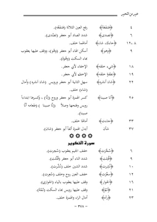 ‫ﻋﺒﲑ ﻣﻦ ﺍﻟﺘﺤﺒﲑ‬

‫٤‪‬‬
‫٦‪‬‬

‫﴿ﻓﺘﻨﻔﻌﻪُ﴾ ‪ ‬رﻓﻊ اﻟﻌﲔ اﻟﺜﻼﺛﺔ )ﻓﺘﻨﻔﻌُﻪ(. ‪‬‬
‫َ‬
‫ََ‬
‫﴿ﺗﺼﺪى﴾ ‪ ‬ﺷﺪد اﻟﺼﺎد أﺑﻮ ﺟﻌﻔﺮ )ﺗﺼﺪى(. ‪‬‬
‫ﱠ‬

‫٥٢ ‪‬‬

‫و‬
‫﴿أﻧﺎ ﺻﺒﺒﻨﺎ﴾ ‪ ‬ﻛﺴﺮ اﳍﻤﺰة أﺑﻮ ﺟﻌﻔﺮ وروح )إﻧﱠﺎ ( ، ﻛﺴﺮﻫﺎ اﺑﺘﺪاءاً‬
‫روﻳﺲ وﻓﺘﺤﻬﺎ وﺻﻼً )إﻧﱠﺎ ﺻﺒﺒﻨﺎ ( )ﻃﻌﺎﻣﻪ أﻧﱠﺎ‬
‫ﺻﺒﺒﻨﺎ(.‬
‫﴿ﺟﺎءت﴾ ‪ ‬أﻣﺎﳍﺎ ﺧﻠﻒ. ‪‬‬

‫٧٣‬

‫أﺑﺪل اﳍﻤﺰة أﻟﻔﺎً أﺑﻮ ﺟﻌﻔﺮ )ﺷﺎن(.‬
‫ﺷﺄن‬
‫‪‬‬
‫‪ ‬‬
‫ِ‬
‫﴿ﺳﺠﺮت﴾ ‪ ‬ﺧﻔﻒ اﳉﻴﻢ ﻳﻌﻘﻮب )ﺳﺠﺮت(. ‪‬‬
‫ُ‬
‫ُ ﱢَ‬
‫﴿ﻗُﺘِﻠﺖ﴾ ‪ ‬ﺷﺪد اﻟﺘﺎء أﺑﻮ ﺟﻌﻔﺮ )ﻗُـﺘﱢﻠﺖ(. ‪‬‬
‫ِ‬
‫﴿ﻧُﺸﺮت﴾ ‪ ‬ﺷﺪد اﻟﺸﲔ ﺧﻠﻒ )ﻧُ ﱢﺮت(. ‪‬‬
‫ﺸ‬
‫﴿ﺳﻌﺮت﴾ ‪ ‬ﺧﻔﻒ اﻟﻌﲔ روح وﺧﻠﻒ )ﺳﻌِﺮت(. ‪‬‬
‫ُ‬
‫ﱢَ‬
‫﴿اﳉﻮار﴾ ‪ ‬وﻗﻒ ﻋﻠﻴﻬﺎ ﻳﻌﻘﻮب ﺑﺎﻟﻴﺎء )اﳉﻮاري(. ‪‬‬

‫٨ ،٢١ ‪﴿ ‬ﺟﺎءك، ﺷﺎء﴾ ‪ ‬أﻣﺎﳍﻤﺎ ﺧﻠﻒ. ‪‬‬
‫أﺳﻜﻦ اﳍﺎء أﺑﻮ ﺟﻌﻔﺮ )وﻫﻮ(، ووﻗﻒ ﻋﻠﻴﻬﺎ ﻳﻌﻘﻮب‬
‫﴿وﻫﻮ﴾‬
‫٩‬
‫ْ‬
‫ﺑﺎء اﻟﺴﻜﺖ )وﻫﻮﻩ(.‬
‫ُْ‬
‫٨١ ‪﴿ ‬ﺷﻲء ﺧﻠﻘﻪ﴾ ‪ ‬اﻹﺧﻔﺎء ﻷﰊ ﺟﻌﻔﺮ. ‪‬‬
‫ٍ‬
‫اء ﻷﰊ ﺟﻌﻔﺮ . ‪‬‬
‫٩١ ‪﴿ ‬ﻧﻄﻔﺔ ﺧﻠﻘﻪ﴾ ‪ ‬اﻹﺧﻒ‬
‫٢٢ ‪﴿ ‬ﺷﺎءَ أﻧﺸﺮﻩ﴾ ‪ ‬ﺳﻬﻞ اﻟﺜﺎﻧﻴﺔ أﺑﻮ ﺟﻌﻔﺮ وروﻳﺲ )ﺷﺎءَ اَﻧﺸﺮﻩ ( وأﻣﺎل‬
‫)ﺷﺎء( ﺧﻠﻒ. ‪‬‬

‫٣٣ ‪‬‬

‫٦‪‬‬
‫٩‪‬‬
‫٠١ ‪‬‬
‫٢١ ‪‬‬
‫٦١ ‪‬‬
‫١٢ ‪‬‬
‫٣٢ ‪‬‬

‫﴿ﺛـَﻢ﴾ ‪‬‬
‫ﱠ‬
‫﴿رآﻩ﴾ ‪‬‬

‫ﻗﻒ ﻋﻠﻴﻬﺎ روﻳﺲ ﻬﺑﺎء اﻟﺴﻜﺖ )ﺛ ـَﻤﻪ(. ‪‬‬
‫ﱠْ‬
‫أﻣﺎل اﻟﺮاء واﳍﻤﺰة ﺧﻠﻒ. ‪‬‬
‫≠ ∏∑≥ ≠‬

 