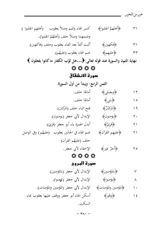 ‫ﻋﺒﲑ ﻣﻦ ﺍﻟﺘﺤﺒﲑ‬

‫١٣ ‪‬‬
‫١٣ ‪‬‬
‫٣٣ ‪‬‬

‫ِِ‬
‫﴿أﻫﻠﻬﻢ اﻧﻘﻠﺒﻮا﴾ ‪ ‬ﻛﺴﺮ اﳍﺎء واﳌﻴﻢ وﺻﻼً ﻳﻌﻘﻮب )أﻫﻠﻬﻢ اﻧﻘﻠﺒﻮا (‬
‫ُ‬
‫وﺿﻤﻬﻤﺎ وﺻﻼً ﺧﻠﻒ )أﻫﻠﻬﻢ اﻧﻘﻠﺒﻮا(. ‪‬‬
‫ُُ‬
‫﴿ﻓﻜﻬﲔ﴾ ‪ ‬أﺛﺒﺖ أﻟﻔﺎً ﺑﻌﺪ اﻟﻔﺎء ﻳﻌﻘﻮب وﺧﻠﻒ )ﻓﺎﻛﻬﲔ(. ‪‬‬
‫ِ‬
‫﴿ﻋﻠﻴﻬﻢ﴾ ‪ ‬ﺿﻢ اﳍﺎء ﻳﻌﻘﻮب )ﻋﻠﻴﻬﻢ(. ‪‬‬
‫ُ‬

‫ﻧـﻬﺎﻳﺔ اﻟﺜﻢن واﻟﺴﻮرة ﻋﻨﺪ ﻗﻮﻟﻪ ﺗﻌﺎﻟﻰ :‪…‬ﻫﻞ ﺛﻮب اﻟﻜﻔﺎر ﻣﺎ ﻛﺎﻧﻮا ﻳﻔﻌﻠﻮن ‪ ‬‬
‫ﱢ‬
‫‪‬‬
‫‪‬‬
‫٢١ ‪‬‬
‫٥١ ‪‬‬

‫اﻟﺜﻤﻦ اﻟﺮاﺑﻊ: وﻳﺒﺪأ ﻣﻦ أول اﻟﺴﻮرة. ‪‬‬

‫﴿وﻳﺼﻠﻰ﴾ ‪ ‬أﻣﺎﳍﺎ ﺧﻠﻒ. ‪‬‬
‫﴿ﺑﻠﻰ﴾ ‪ ‬أﻣﺎﳍﺎ ﺧﻠﻒ. ‪‬‬

‫﴿ ﻛﱭ﴾ ‪ ‬ﻓﺘﺢ اﻟﺒﺎء ﺧﻠﻒ ) ﻛﱭ(. ‪‬‬
‫٩١ ‪‬‬
‫ﻟﱰ ُ ﱠ‬
‫ﻟﱰ َ‬
‫اﻹﺑﺪال ﻷﰊ ﺟﻌﻔﺮ )ﻳﻮﻣﻨﻮن(.‬
‫﴿ﻳﺆﻣﻨﻮن﴾‬
‫٠٢‬
‫﴿ﻗﺮئ﴾ ‪ ‬أﺑﺪل اﳍﻤﺰة ﻳﺎء أﺑﻮ ﺟﻌﻔﺮ )ﻗﺮي(. ‪‬‬
‫١٢ ‪‬‬
‫َِ‬
‫َ‬
‫ِ‬
‫١٢ ‪﴿ ‬ﻋﻠﻴﻬﻢ اﻟﻘﺮآن﴾ ‪ ‬ﺿﻢ اﳍﺎء ﰲ اﳊﺎﻟﲔ ﻳﻌﻘﻮب )ﻋﻠﻴﻬﻢ ( وﰲ اﻟﻮﺻﻞ‬
‫ُ‬
‫٥٢‬

‫﴿أﺟﺮ ﻏﲑ﴾‬
‫ٌ‬

‫٧‬

‫﴿ﺑﺎﳌﺆﻣﻨﲔ﴾‬

‫﴿ﻳﺆﻣﻨﻮا﴾‬
‫٨‬
‫﴿اﳌﺆﻣﻨﲔ واﳌﺆﻣﻨﺎت﴾‬
‫٠١‬
‫﴿وﻫﻮ﴾ ‪‬‬
‫٤١ ‪‬‬
‫ُ‬

‫ﺧﻠﻒ )ﻋﻠﻴﻬﻢ اﻟﻘﺮآن( ‪‬‬
‫ُ‬
‫اﻹﺧﻔﺎء ﻷﰊ ﺟﻌﻔﺮ.‬
‫‪‬‬
‫‪ ‬‬
‫اﻹﺑﺪال ﻷﰊ ﺟﻌﻔﺮ )ﺑﺎﳌﺆﻣﻨﲔ(.‬

‫اﻹﺑﺪال ﻷﰊ ﺟﻌﻔﺮ ) وﻣﻨﻮا(.‬
‫ي‬
‫اﻹﺑﺪال ﻷﰊ ﺟﻌﻔﺮ )اﳌﺆﻣﻨﲔ واﳌﺆﻣﻨﺎت(.‬
‫ﺳﻜﻦ اﳍﺎء أﺑﻮ ﺟﻌﻔﺮ ووﻗﻒ ﻋﻠﻴﻬﺎ ﻳﻌﻘﻮب ﻬﺑﺎء‬
‫اﻟﺴﻜﺖ. ‪‬‬
‫≠ ∞∏≥ ≠‬

 