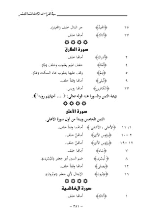 ‫ﰲ ﺍﻟﻘﺮﺍﺀﺍﺕ ﺍﻟﺜﻼﺙ ﺍﳌﺘﻤﺔ ﻟﻠﻌﺸﺮ‬

‫٥١ ‪‬‬
‫٧١ ‪‬‬

‫٢‪‬‬
‫٤‪‬‬
‫٥‪‬‬
‫٩‪‬‬
‫٧١ ‪‬‬

‫ِ‬
‫﴿ﻤﻟﻴﺪ﴾ ‪ ‬ﺟﺮ اﻟﺪال ﺧﻠﻒ )ﻤﻟﻴﺪ(. ‪‬‬
‫ُ‬
‫﴿أﺗﺎك﴾ ‪ ‬أﻣﺎﳍﺎ ﺧﻠﻒ. ‪‬‬
‫‪‬‬
‫‪ ‬‬
‫﴿أدراك﴾ ‪ ‬أﻣﺎﳍﺎ ﺧﻠﻒ. ‪‬‬
‫﴿ﻟَﻤﺎ﴾ ‪ ‬ﺧﻔﻒ اﳌﻴﻢ ﻳﻌﻘﻮب وﺧﻠﻒ )ﳌﺎ(. ‪‬‬
‫ﱠ‬
‫َ‬
‫﴿ﻣﻢ﴾ ‪ ‬ﻗﻒ ﻋﻠﻴﻬﺎ ﻳﻌﻘﻮب ﻬﺑﺎء اﻟﺴﻜﺖ )ﳑﻪ(. ‪‬‬
‫ِﱠ‬
‫ْ‬

‫﴿ﺗُﺒﻠﻰ﴾ ‪ ‬أﻣﺎﳍﺎ وﻗﻔﺎً ﺧﻠﻒ. ‪‬‬
‫﴿اﻟﻜﺎﻓﺮﻳﻦ﴾ ‪ ‬أﻣﺎﳍﺎ روﻳﺲ. ‪‬‬

‫ﻧـﻬﺎﻳﺔ اﻟﺜﻤﻦ واﻟﺴﻮرة ﻋﻨﺪ ﻗﻮﻟﻪ ﺗﻌﺎﻟﻰ: ‪ … ‬أﻣﻬﻠﻬﻢ روﻳﺪاً ‪ .‬‬
‫‪‬‬
‫‪ ‬‬
‫اﻟﺜﻤﻦ اﻟﺨﺎﻣﺲ وﻳﺒﺪأ ﻣﻦ أول ﺳﻮرة اﻷﻋﻠﻰ . ‪‬‬
‫١، ١١ ﴿اﻷﻋﻠﻰ ، اﻷﺷﻘﻰ ﴾ أﻣﺎﳍﻤﺎ وﻗﻔﺎً ﺧﻠﻒ.‬
‫٢ -٠١ ‪﴿ ‬رؤوس اﻵي﴾ ‪ ‬أﻣﺎﳍﻦ ﺧﻠﻒ. ‪‬‬
‫ﱠ‬
‫أﻣﺎﳍﻦ ﺧﻠﻒ.‬
‫﴿رؤوس اﻵي﴾‬
‫٢١ -٩١‬
‫ﱠ‬
‫٧‬
‫٨‪‬‬
‫٢١ ‪‬‬
‫٦١ ‪‬‬

‫١‪‬‬

‫﴿ﺷﺎء﴾ ‪ ‬أﻣﺎﳍﺎ ﺧﻠﻒ. ‪‬‬
‫﴿ِ ﻟْﻴﺴﺮى﴾ ‪ ‬ﺿﻢ اﻟﺴﲔ أﺑﻮ ﺟﻌﻔﺮ )ﻟﻠﻴُﺴﺮى(. ‪‬‬
‫ْ‬
‫ُ‬
‫﴿ﻳﺼﻠﻰ﴾ ‪ ‬أﻣﺎﳍﺎ وﻗﻔﺎً ﺧﻠﻒ. ‪‬‬
‫﴿ﺗﺆﺛﺮون﴾ ‪ ‬اﻹﺑﺪال ﻷﰊ ﺟﻌﻔﺮ )ﺗﻮﺛﺮون(. ‪‬‬
‫‪‬‬
‫‪ ‬‬
‫‪‬‬
‫﴿أﺗﺎك﴾ ‪ ‬أﻣﺎﳍﺎ ﺧﻠﻒ. ‪‬‬
‫≠ ±∏≥ ≠‬

 