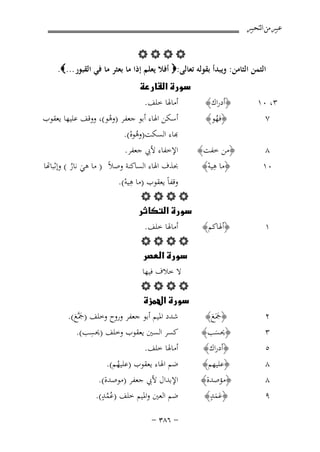 ‫ﻋﺒﲑ ﻣﻦ ﺍﻟﺘﺤﺒﲑ‬

‫‪‬‬
‫اﻟﺜﻤﻦ اﻟﺜﺎﻣﻦ: وﻳﺒﺪأ ﺑﻘﻮﻟﻪ ﺗﻌﺎﻟﻰ:‪ ‬أﻓﻼ ﻳﻌﻠﻢ إذا ﻣﺎ ﺑﻌﺜﺮ ﻣﺎ ﻓﻲ اﻟﻘﺒﻮر ...‪ .‬‬
‫٣، ٠١ ‪‬‬
‫٧‪‬‬
‫٨‪‬‬
‫٠١ ‪‬‬

‫١‪‬‬

‫٢‪‬‬
‫٣‪‬‬
‫٥‪‬‬
‫٨‪‬‬
‫٨‪‬‬
‫٩‪‬‬

‫‪ ‬‬
‫﴿أدراك﴾ ‪ ‬أﻣﺎﳍﺎ ﺧﻠﻒ. ‪‬‬

‫﴿ﻓﻬﻮ﴾ ‪ ‬أﺳﻜﻦ اﳍﺎء أﺑﻮ ﺟﻌﻔﺮ )وﻫﻮ(، ووﻗﻒ ﻋﻠﻴﻬﺎ ﻳﻌﻘﻮب‬
‫ْ‬
‫ُ‬
‫ﺑﺎء اﻟﺴﻜﺖ)وﻫﻮﻩ(. ‪‬‬
‫ُْ‬
‫﴿ﻣﻦ ﺧﻔﺖ﴾ ‪ ‬اﻹﺧﻔﺎء ﻷﰊ ﺟﻌﻔﺮ. ‪‬‬
‫ِ‬
‫﴿ﻣﺎ ﻫﻴﻪ﴾ ‪ ‬ﲝﺬف اﳍﺎء اﻟﺴﺎﻛﻨﺔ وﺻﻼً ) ﻣﺎ ﻫﻲ ﻧﺎر ( إﺛﺒﺎﻬﺗﺎ‬
‫ْ‬
‫َ ُ‬
‫ِ‬
‫وﻗﻔﺎً ﻳﻌﻘﻮب )ﻣﺎ ﻫﻴﻪ(. ‪‬‬
‫ْ‬
‫‪‬‬
‫‪ ‬‬
‫﴿أﳍﺎﻛﻢ﴾ ‪ ‬أﻣﺎﳍﺎ ﺧﻠﻒ.‬
‫‪‬‬
‫‪‬‬
‫ﻻ ﺧﻼف ﻓﻴﻬﺎ ‪‬‬
‫‪‬‬
‫‪‬‬
‫‪‬‬
‫﴿ﲨَﻊ﴾ ‪ ‬ﺷﺪد اﳌﻴﻢ أﺑﻮ ﺟﻌﻔﺮ وروح وﺧﻠﻒ )ﲨﱠﻊ(. ‪‬‬
‫ََ‬
‫ََ‬
‫ِ‬
‫﴿ﳛﺴﺐ﴾ ‪ ‬ﻛﺴﺮ اﻟﺴﲔ ﻳﻌﻘﻮب وﺧﻠﻒ )ﳛﺴﺐ(. ‪‬‬
‫َ‬
‫﴿أدراك﴾ ‪ ‬أﻣﺎﳍﺎ ﺧﻠﻒ. ‪‬‬
‫﴿ﻋﻠﻴﻬﻢ﴾ ‪ ‬ﺿﻢ اﳍﺎء ﻳﻌﻘﻮب )ﻋﻠﻴﻬﻢ(. ‪‬‬
‫ُ‬
‫﴿ﻣﺆﺻﺪة﴾ ‪ ‬اﻹﺑﺪال ﻷﰊ ﺟﻌﻔﺮ )ﻣﻮﺻﺪة(. ‪‬‬
‫ٍ‬
‫ٍ‬
‫﴿ﻋﻤﺪ﴾ ‪ ‬ﺿﻢ اﻟﻌﲔ واﳌﻴﻢ ﺧﻠﻒ )ﻋُﻤﺪ(. ‪‬‬
‫ُ‬
‫ََ‬
‫≠ ∂∏≥ ≠‬

 