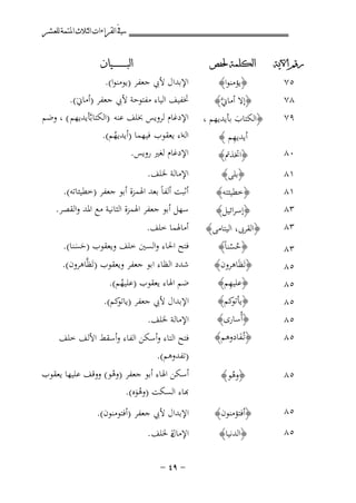 ‫ﰲ ﺍﻟﻘﺮﺍﺀﺍﺕ ﺍﻟﺜﻼﺙ ﺍﳌﺘﻤﺔ ﻟﻠﻌﺸﺮ‬
‫ﺭﻗﻢ ﺍﻵﻳﺔ‬

‫ﺍﻟﻜﻠﻤﺔ ﳊﻔﺺ‬

‫ﺍﻟﺒ ـ ـ ـ ـ ـ ـ ــﻴﺎﻥ‬

‫٩٧‬

‫﴿إﻻ أﻣﺎﱐﱠ﴾‬
‫﴿اﻟﻜﺘﺎب ﺑﺄﻳﺪﻳﻬﻢ ،‬
‫َ‬
‫ِ‬
‫أﻳﺪﻳﻬﻢ ﴾‬

‫اﻹدﻏﺎم ﻟﺮوﻳﺲ ﲞﻠﻒ ﻋﻨﻪ )اﻟﻜﺘﺎﺑﱠﺄﻳﺪﻳﻬﻢ ( ، وﺿﻢ‬

‫٥٧‬
‫٨٧‬

‫﴿ﻳﺆﻣﻨﻮا﴾‬

‫٠٨‬

‫﴿اﲣﺬﰎ﴾‬

‫١٨‬
‫١٨‬
‫٣٨‬

‫﴿ﺑﻠﻰ﴾‬
‫﴿ﺧﻄﻴﺌﺘﻪ﴾‬
‫﴿إﺳﺮاﺋﻴﻞ﴾‬

‫اﻹﺑﺪال ﻷﰊ ﺟﻌﻔﺮ )ﻳﻮﻣﻨﻮا(.‬
‫ﲣﻔﻴﻒ اﻟﻴﺎء ﻣﻔﺘﻮﺣﺔ ﻷﰊ ﺟﻌﻔﺮ )أﻣﺎﱐَ(.‬
‫اﻟﻪاء ﻳﻌﻘﻮب ﻓﻴﻬﻤﺎ )أﻳﺪﻳﻬﻢ(.‬
‫ُ‬
‫اﻹدﻏﺎم ﻟﻐﲑ روﻳﺲ.‬

‫اﻹﻣﺎﻟﺔ ﳋﻠﻒ.‬
‫أﺛﺒﺖ أﻟﻔﺎً ﺑﻌﺪ اﳍﻤﺰة أﺑﻮ ﺟﻌﻔﺮ )ﺧﻄﻴﺌﺎﺗﻪ(.‬

‫ﺳﻬﻞ أﺑﻮ ﺟﻌﻔﺮ اﳍﻤﺰة اﻟﺜﺎﻧﻴﺔ ﻣﻊ اﳌﺪ واﻟﻘﺼﺮ.‬

‫٣٨‬

‫﴿اﻟﻘﺮﰉ، اﻟﻴﺘﺎﻣﻰ﴾‬

‫٣٨‬
‫٥٨‬
‫٥٨‬

‫﴿ﺣﺴﻨﺎً﴾‬
‫ُْ‬
‫﴿ﺗَﻈَﺎﻫﺮون﴾‬
‫ِ‬
‫﴿ﻋﻠﻴﻬﻢ﴾‬

‫ﺿﻢ اﳍﺎء ﻳﻌﻘﻮب )ﻋﻠﻴﻬﻢ(.‬
‫ُ‬

‫﴿أُﺳﺎرى﴾‬

‫اﻹﻣﺎﻟﺔ ﳋﻠﻒ.‬

‫﴿ ﻛﻢ﴾‬
‫ﻳﺄﺗﻮ‬

‫٥٨‬
‫٥٨‬
‫٥٨‬

‫﴿ﺗـُﻔﺎدوﻫﻢ﴾‬
‫َ‬

‫٥٨‬

‫﴿وﻫﻮ﴾‬
‫ُ‬

‫٥٨‬

‫﴿أﻓﺘﺆﻣﻨﻮن﴾‬

‫٥٨‬

‫﴿اﻟﺪﻧﻴﺎ﴾‬

‫أﻣﺎﳍﻤﺎ ﺧﻠﻒ.‬
‫ﻓﺘﺢ اﳊﺎء واﻟﺴﲔ ﺧﻠﻒ وﻳﻌﻘﻮب )ﺣﺴﻨﺎ(.‬
‫ََ‬
‫ﺷﺪد اﻟﻈﺎء اﺑﻮ ﺟﻌﻔﺮ وﻳﻌﻘﻮب )ﺗَﻈﱠﺎﻫﺮون(.‬
‫اﻹﺑﺪال ﻷﰊ ﺟﻌﻔﺮ ) ﻛﻢ(.‬
‫ﻳﺎﺗﻮ‬
‫ﻓﺘﺢ اﻟﺘﺎء وأﺳﻜﻦ اﻟﻔﺎء وأﺳﻘﻂ اﻷﻟﻒ ﺧﻠﻒ‬
‫)ﺗﻔﺪوﻫﻢ(.‬
‫أﺳﻜﻦ اﳍﺎء أﺑﻮ ﺟﻌﻔﺮ )وﻫﻮ( ووﻗﻒ ﻋﻠﻴﻬﺎ ﻳﻌﻘﻮب‬
‫ْ‬
‫ﺑﺎء اﻟﺴﻜﺖ )وﻫﻮﻩ(.‬
‫َُ‬

‫اﻹﺑﺪال ﻷﰊ ﺟﻌﻔﺮ )أﻓﺘﻮﻣﻨﻮن(.‬
‫اﻹﻣﺎل ﳋﻠﻒ .‬
‫ة‬
‫≠ ‪≠ ¥π‬‬

 